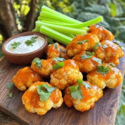 - 1 medium head of cauliflower, cut into bite-sized florets - 1 cup all-purpose flour - 1 teaspoon garlic powder - 1 teaspoon onion powder - 1 teaspoon paprika - ½ teaspoon salt - ½ teaspoon black pepper - 1 cup water - 1 cup buffalo sauce (store-bought or homemade) - 2 tablespoons olive oil To make Buffalo Cauliflower Bites, you need fresh cauliflower florets. They serve as the main ingredient. Look for a medium head of cauliflower. Cut it into bite-sized florets. This helps them cook evenly and makes them easy to eat. Next, you need to create the batter. The batter consists of flour, garlic powder, onion powder, paprika, salt, and black pepper. These spices add great flavor. You will also need water to mix the dry ingredients into a smooth batter. The buffalo sauce gives these bites their signature kick. You can use store-bought sauce or make your own. Adding olive oil to the sauce enhances its richness. - Fresh celery sticks, for serving - Ranch or blue cheese dressing, for dipping When serving these bites, consider adding fresh celery sticks. They add a nice crunch and balance the heat. Dipping sauces are also great. Ranch or blue cheese dressing complements the flavors well. You can serve this dish as an appetizer or a tasty snack. For the full recipe, check out the complete details on how to prepare these delicious bites. 1. Start by preheating your oven to 450°F (230°C). This heat will help make your bites crispy. 2. Line a baking sheet with parchment paper. This step keeps the bites from sticking. 3. In a large bowl, mix 1 cup of all-purpose flour, 1 teaspoon of garlic powder, 1 teaspoon of onion powder, 1 teaspoon of paprika, ½ teaspoon of salt, and ½ teaspoon of black pepper. This mix creates a tasty batter. 4. Slowly add 1 cup of water to the flour mix. Whisk until you see a smooth batter. 1. Cut a medium head of cauliflower into bite-sized florets. Each piece should be similar in size for even cooking. 2. Dip each cauliflower floret into the batter. Let the extra batter drip off before placing them on the baking sheet. 3. Bake the cauliflower for 20-25 minutes. Turn them halfway through for even browning. They should look golden and crispy when done. 4. While the cauliflower bakes, mix 1 cup of buffalo sauce with 2 tablespoons of olive oil in a bowl. This sauce adds flavor and moisture. 5. Once baked, take the cauliflower out and toss it in the buffalo sauce. Make sure each piece gets coated well. 1. Return the sauced cauliflower to the baking sheet. Bake again for 10-15 minutes. This extra baking helps the sauce stick and adds more crispiness. 2. After baking, remove them from the oven and let cool for a few minutes. 3. Serve with fresh celery sticks and your choice of ranch or blue cheese dressing for dipping. Enjoy your flavorful buffalo cauliflower bites! For a complete guide, check out the Full Recipe. For the best crispy buffalo cauliflower bites, follow these tips: - Use a high oven temperature: Preheat your oven to 450°F (230°C). This helps achieve a golden crust. - Space them out: Arrange the cauliflower bites on the baking sheet so they are not touching. This allows hot air to circulate. - Try a wire rack: Place the baking sheet on a wire rack. This helps air flow around the bites for extra crispiness. If you want to avoid baking, you can also use an air fryer. It cooks the bites quickly and makes them very crispy without the extra oil. Watch out for these errors to ensure perfect bites: - Overbattering the cauliflower: Dip the florets in batter but do not drown them. A light coat gives a nice crunch. - Not pre-heating the oven correctly: Always preheat your oven. If it’s not hot enough, the bites will turn out soggy. To kick up the taste, consider these ideas: - Add spices: Mix in cayenne pepper or smoked paprika for a stronger flavor. You can also try cumin or chili powder for a twist. - Use homemade buffalo sauce: Making your sauce at home gives you control over the heat and flavor. Combine butter, hot sauce, and a splash of vinegar for a simple recipe. By using these tips, your buffalo cauliflower bites will be both crispy and full of flavor. For the complete guide, check out the Full Recipe. {{image_2}} You can make vegan buffalo cauliflower bites easily. Instead of all-purpose flour, use chickpea flour or almond flour. These flours add a unique taste and keep the bites crispy. For the batter, blend the flour with water, garlic powder, and spices. This mix makes a great coating without eggs or dairy. You can switch up the flavors by using different sauces. Try teriyaki or barbecue sauce instead of buffalo sauce for a new twist. For extra heat, add cayenne pepper or hot sauce to the batter. If you prefer a milder flavor, reduce the buffalo sauce or use a sweet chili sauce. It’s all about your taste! Buffalo cauliflower bites work well as appetizers. Serve them with ranch or blue cheese dressing for dipping. They also shine as a main dish. Add them to salads or grain bowls for a healthy, filling meal. Mix them with greens, quinoa, or brown rice for a delicious combo. You can find the full recipe to try these variations yourself! To store your buffalo cauliflower bites, place them in an airtight container. Make sure to cool them completely first. This keeps them fresh and prevents sogginess. Store them in the fridge for up to three days for the best flavor. After three days, they may lose some crispiness and taste. If you want to keep them longer, consider freezing them. Just remember to separate layers with parchment paper to avoid sticking. When it comes to reheating, the oven is your best friend. Preheat it to 350°F (175°C). Place the bites on a baking sheet and heat them for about 10 minutes. This helps them regain their crispiness. If you use a microwave, the bites may turn soft. Heat them in short bursts, but expect less crunch. Using the oven will give you better results. Enjoy your buffalo cauliflower bites just like when they were fresh! For the full recipe, check out the Buffalo Cauliflower Bites section above. To make great buffalo cauliflower bites, cut the cauliflower into small, even florets. This helps them cook evenly. Aim for pieces that are about 1 to 1.5 inches in size. When they are uniform, they will bake nicely. You want them to be crispy on the outside and tender on the inside. Yes, you can easily make these bites gluten-free. Instead of all-purpose flour, use almond flour or a gluten-free flour blend. Both options work well and will give you a nice coating. Just remember to check the labels to ensure they are certified gluten-free. Buffalo cauliflower bites can be as spicy or mild as you like. If you want more heat, use more buffalo sauce. For less spice, try a milder sauce or mix the buffalo sauce with a bit of yogurt. This way, you can adjust it to fit your taste. These buffalo cauliflower bites can last about 3 to 4 days in the fridge. Store them in an airtight container to keep them fresh. For the best quality, eat them within the first two days. The longer they sit, the less crispy they will become. Buffalo cauliflower bites are a tasty mix of fresh cauliflower, a crunchy batter, and spicy buffalo sauce. I covered how to prepare, bake, and store these bites for the best flavor. Remember to avoid common mistakes like overbattering and not preheating your oven. Enjoy experimenting with flavors and serving styles. You can easily make these bites fit your taste or dietary needs. Make them as a snack or a meal. No matter the choice, they sure are a hit!