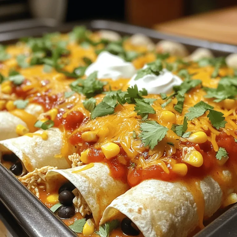 - 2 cups cooked chicken, shredded - 1 cup black beans, drained and rinsed - 1 cup corn (fresh or frozen) The heart of any great enchilada is the filling. For these easy chicken enchiladas, I use shredded chicken. You can use leftover chicken, rotisserie chicken, or even boil fresh chicken. Black beans add protein and fiber. Corn gives sweetness and color. - 1 teaspoon cumin - 1 teaspoon chili powder These spices bring warmth and depth to the dish. Cumin has a nutty flavor, while chili powder adds a kick. You can adjust the amount based on your taste. - ½ cup sour cream (for topping) - Fresh cilantro, chopped (for garnish) Adding sour cream makes the dish creamy and cools down the heat. Fresh cilantro adds brightness and color. You can also try other toppings like avocado or lime juice. For the full recipe, check out the Easy Chicken Enchiladas section. First, preheat your oven to 375°F (190°C). This temperature helps the enchiladas cook evenly. While the oven heats, grease a 9x13 inch baking dish with olive oil. This step keeps the enchiladas from sticking. In a large mixing bowl, combine the main filling ingredients. Use 2 cups of shredded chicken, 1 cup of black beans, and 1 cup of corn. Add 1 teaspoon of cumin and 1 teaspoon of chili powder for flavor. Pour in half of the salsa. Mix everything until well combined. This filling is packed with flavor and nutrition. Now, take an 8 small flour tortillas. Place about ¼ cup of the chicken mixture in the center of each tortilla. Sprinkle a little cheese on top. Roll the tortilla tightly around the filling. Next, arrange the rolled tortillas seam-side down in the greased baking dish. This keeps them from unrolling during baking. Cover the baking dish with foil. Bake the enchiladas in the preheated oven for 20 minutes. After that, remove the foil. Bake for an additional 10 minutes. This helps the cheese get bubbly and slightly golden. Your kitchen will smell amazing during this time. After baking, allow the enchiladas to cool for a few minutes. Top with sour cream and fresh cilantro before serving. Enjoy every bite of your easy chicken enchiladas! For the complete details, check [Full Recipe]. Making ahead of time You can prepare these enchiladas earlier in the day. Assemble them and cover with foil. Store in the fridge for up to 8 hours. When you're ready, bake them straight from the fridge. Just add a few extra minutes to the baking time. Using leftover chicken Leftover chicken works great in this recipe. Shred it and add it to your filling. You can even use rotisserie chicken for extra flavor. This saves you time and reduces waste in your kitchen. Pairing side dishes These enchiladas pair well with simple sides. Consider serving them with rice or a fresh salad. Black beans, avocado, or grilled vegetables also add color and taste. Best beverages to serve For drinks, try serving a light beer or a fruity margarita. A refreshing iced tea works too. These drinks enhance the meal without overpowering it. Cheese types and combinations Choose cheeses that melt well for your enchiladas. Cheddar and Monterey Jack are fantastic choices. You can mix them for a richer flavor. A Mexican cheese blend adds a nice touch too. Baking techniques for a bubbly top To achieve that bubbly cheese top, bake the enchiladas uncovered for the last ten minutes. This allows the cheese to brown nicely. Make sure your oven is hot enough, around 375°F, for the best results. For the full recipe, refer back to the beginning. Enjoy your cooking! {{image_2}} You can easily make enchiladas without chicken. Just swap the chicken for beans or veggies. Black beans work great here. You can also use cooked zucchini, bell peppers, or mushrooms. These options give you tasty flavors and great texture. Don't forget to season your filling well! If you like heat, try adding jalapeños or hot salsa. Chopped jalapeños add a nice kick. You can mix them into the filling or sprinkle on top. Hot salsa can also boost flavor and spice. Just pick a salsa that matches your heat preference! Tortillas come in many types. You can choose between corn or flour tortillas. Corn tortillas bring a nice earthy taste. They can be a bit more fragile, so handle them with care. Flour tortillas are soft and easy to roll. They hold up well with filling. Choose what you like best for your enchiladas! To keep your enchiladas fresh, store them in an airtight container. Place them in the fridge right after they cool. They last about three to four days. Make sure to cover them well to avoid drying out. If you use a glass dish, cover with plastic wrap or foil. This keeps the flavors intact. Freezing enchiladas is a great way to save time. Here’s how to do it step-by-step: 1. Cool Completely: First, let the enchiladas cool to room temperature. 2. Wrap Individually: Wrap each enchilada tightly in plastic wrap. This helps prevent freezer burn. 3. Use a Freezer Bag: Place the wrapped enchiladas in a freezer-safe bag. Squeeze out as much air as possible. 4. Label and Date: Write the date on the bag so you remember when you made them. 5. Store: Place the bag flat in the freezer. They can last up to three months. To enjoy your enchiladas again, it's best to reheat them carefully. Here are the best methods: - Oven Method: Preheat your oven to 350°F (175°C). Place the enchiladas in a baking dish. Cover with foil to keep moisture in. Bake for about 20 minutes or until heated through. - Microwave Method: Place one enchilada on a microwave-safe plate. Cover it with a damp paper towel. Heat for 1-2 minutes, checking often to avoid drying it out. Following these tips will keep your easy chicken enchiladas tasty and ready to enjoy! For all the steps and details, check out the Full Recipe. To make Easy Chicken Enchiladas, you start with simple steps. First, gather your ingredients: - 2 cups cooked chicken, shredded - 1 cup black beans, drained and rinsed - 1 cup corn (fresh or frozen) - 1 teaspoon cumin - 1 teaspoon chili powder - 1 cup salsa (your choice of heat) - 1 ½ cups shredded cheese (cheddar or a Mexican blend) - 8 small flour tortillas - ½ cup sour cream (for topping) - Fresh cilantro, chopped (for garnish) - Olive oil (for greasing the baking dish) You mix the chicken, beans, corn, spices, and half the salsa in a bowl. Next, place some of this mixture in each tortilla. Roll them up and place them seam-side down in a greased dish. Pour the rest of the salsa on top and sprinkle with cheese. Bake until bubbly. For the full recipe, check out the details above. Yes, using rotisserie chicken is a great idea! It saves time and adds flavor. You can skip cooking the chicken. Simply shred the rotisserie chicken and mix it with your other ingredients. This shortcut keeps your meal quick and easy, perfect for busy days. If you want a dairy-free option, try using nutritional yeast. It adds a cheesy flavor without the dairy. You can also use vegan cheese. Look for brands that melt well. Another option is to skip the cheese altogether and load up on extra veggies for flavor. Cooked chicken enchiladas last about 3 to 4 days in the fridge. Store them in an airtight container to keep them fresh. If you want to keep them longer, consider freezing them. This way, you can enjoy them later without losing flavor. To sum up, easy chicken enchiladas are simple to make and delicious. You need cooked chicken, black beans, corn, and some spices. Mixing these ingredients leads to tasty stuffed tortillas. Don’t forget to add your favorite toppings for extra flavor. With these tips, you can customize your dish and store leftovers easily. Enjoy experimenting with variations like spicy or vegetarian enchiladas. Now, you're ready to create a meal that everyone will love. Cooking can be fun. Go ahead and try it!