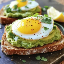 To make this tasty dish, you need a few key items: - 2 slices of whole grain bread - 1 ripe avocado - 1 large egg - 1 tablespoon butter or olive oil - 1 tablespoon lemon juice - Salt and pepper to taste These ingredients blend well to create a creamy and satisfying meal. Whole grain bread adds fiber, while avocado gives healthy fats. The egg brings protein, making this toast filling and nutritious. You can enhance your avocado toast with some fun toppings: - 1/4 teaspoon red pepper flakes (for heat) - Fresh herbs like cilantro or chives (for freshness) These extras can add a nice kick or a burst of color. Try mixing and matching to find your favorite combo! If you're looking for swaps, consider these options: - Swap whole grain bread for sprouted grain bread for more nutrients. - Use a poached egg instead of a fried egg for less fat. - Try lime juice instead of lemon juice for a different zest. These changes can keep your meal fresh and exciting while still being healthy. Explore these options to fit your taste and dietary needs! For the full recipe, check out Avocado Toast Delight with Egg. Toasting bread right makes your avocado toast shine. Start by using whole grain bread. This bread has a nice texture and flavor. Place the slices in a toaster or on a pan. If using a pan, heat it on medium heat. Toast until the bread is golden brown and crispy. This should take about 3 to 5 minutes. Keep an eye on it to avoid burning. Crispy bread gives the best base for your toppings. Mashing the avocado is easy and fun. First, cut the ripe avocado in half and remove the pit. Use a spoon to scoop the green flesh into a bowl. Use a fork to mash it up. You want it smooth but still a bit chunky. Add a tablespoon of lemon juice to keep it fresh. Sprinkle in salt and pepper to taste. Mix well until everything is combined. The lemon juice adds flavor and helps the color stay bright. Cooking the egg is where you decide how runny you want it. For a sunny-side up egg, crack the egg into a hot skillet with butter or oil. Cook it without flipping until the white is set, about 2 to 3 minutes. If you like it over-easy, gently flip the egg after 2 minutes. Cook for an additional minute for a runny yolk. Season with salt and pepper as it cooks. Both styles add a nice touch to your toast. To ripen an avocado fast, place it in a brown paper bag. The bag traps the gases that help speed up the ripening. You can also add an apple or banana to the bag for extra help. Check the avocado every day. When it feels soft, it's ready to use. For tasty eggs, use fresh ingredients. Start by seasoning your eggs with salt and pepper while they cook. This brings out the flavor. If you want more, try adding spices like garlic powder or smoked paprika. These add depth and warmth to your dish. For the best avocado toast, choose hearty bread. Whole grain bread adds a nutty taste and crunch. Sourdough is another great option for its tangy flavor. You can also use rye or multigrain bread for a unique twist. Toast it until it’s golden brown for the best texture. For the full recipe, check out Avocado Toast Delight with Egg 🥑. {{image_2}} If you love heat, try adding some spice to your toast. Mix in a splash of hot sauce with the avocado. You can also sprinkle on cayenne pepper or chili powder. For a fresh kick, add sliced jalapeños on top. This will elevate your dish and make it exciting! Want to boost flavor? Consider adding some fun stir-ins. Diced tomatoes give a fresh taste. Feta cheese adds creaminess and a salty bite. For a burst of flavor, mix in chopped garlic or onion. You can even add a spoonful of hummus for a unique twist. These small changes can make your toast stand out. For a vegan version, skip the egg and try these alternatives. You can use sliced tofu, which packs protein and holds flavor well. Another option is chickpeas. Mash them with the avocado for a protein boost. You can also try a sprinkle of nutritional yeast for a cheesy flavor. These swaps keep your meal satisfying and plant-based. For the full recipe, check out the Avocado Toast Delight with Egg. If you have leftover avocado mixture, store it in an airtight container. Press plastic wrap directly onto the surface to limit air exposure. This helps keep the avocado vibrant and fresh. You can add a little extra lemon juice to slow down browning. Use it within one day for the best taste. Once you make the avocado toast, it tastes best fresh. However, if you have leftovers, wrap the toast tightly in foil or plastic wrap. Store it in the fridge. It can last for up to two days, but the bread may get soggy. Enjoy it soon for the best experience. To reheat cold avocado toast, use a toaster or oven. Place the toast in the toaster for a couple of minutes. If using an oven, set it to 350°F (175°C). Heat for about 5 minutes. Avoid the microwave, as it can make the bread chewy. Once warm, add fresh toppings to restore flavor. To cut an avocado, start by placing it on a cutting board. Use a sharp knife to slice down the middle, avoiding the pit. Carefully twist the two halves to separate them. Then, use a spoon to scoop out the pit. You can slice the avocado while it is still in the skin. This method helps prevent mess and makes it easy to remove the flesh. You can prepare parts of avocado toast ahead of time. Toast the bread and mash the avocado separately. Store the avocado in an airtight container with lemon juice to slow browning. When ready to eat, assemble the toast and add the egg. The texture and taste are best when made fresh. Avocado toast with egg is packed with nutrients. Avocados are rich in healthy fats, fiber, and vitamins. They support heart health and improve digestion. Eggs add protein and essential amino acids, which help build muscles. Together, this meal offers a balance of healthy fats, protein, and carbs for lasting energy. Enjoy the full recipe for a tasty meal! Avocado toast with egg is simple and tasty. We explored key ingredients like ripe avocados, eggs, and optional toppings. Perfect your toast with clear steps for a delightful meal. Consider variations like spicy mixes or vegan swaps. Remember to store leftovers properly to enjoy later. In the end, avocado toast is both fun and healthy. With these tips, you can craft a great dish and impress yourself!