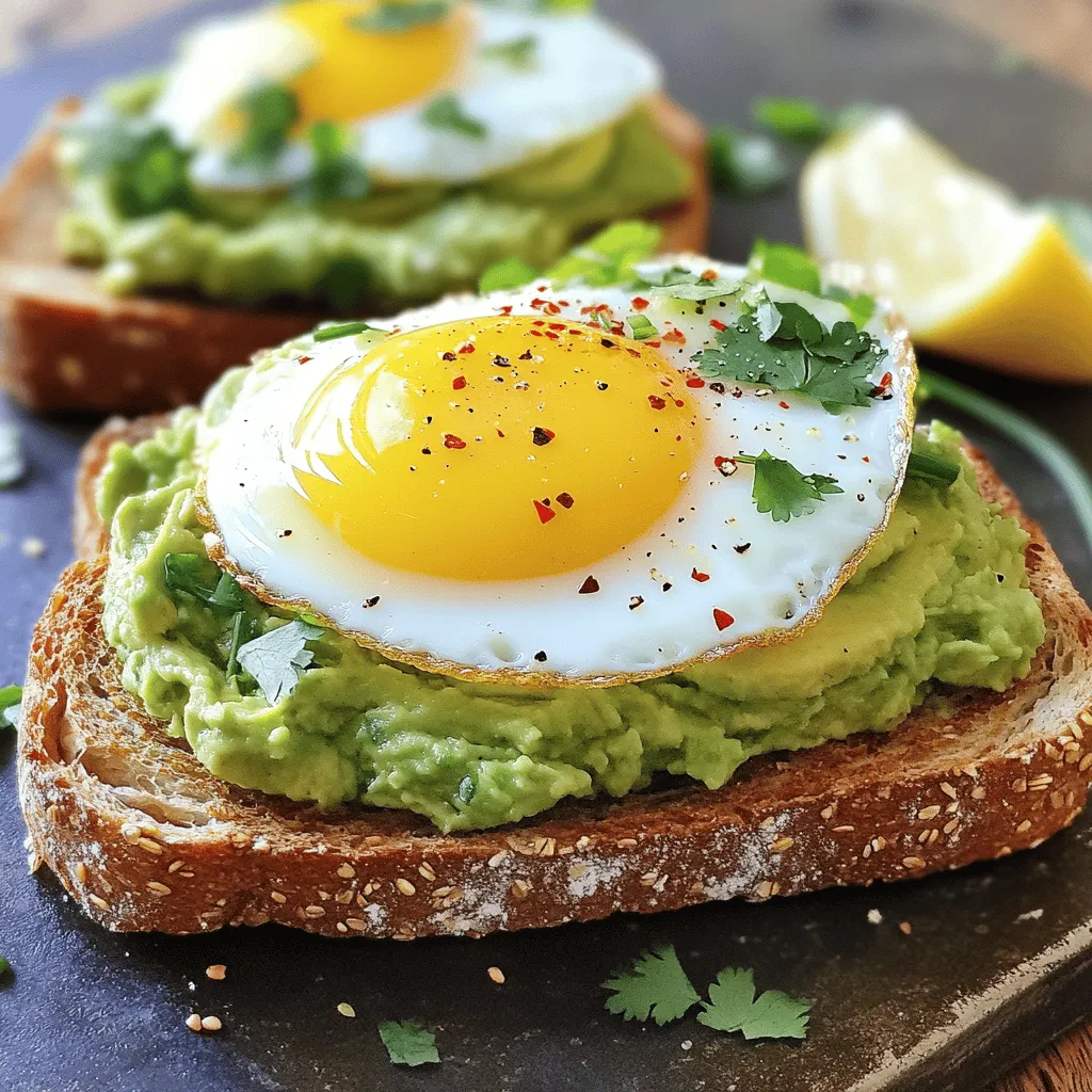 To make this tasty dish, you need a few key items: - 2 slices of whole grain bread - 1 ripe avocado - 1 large egg - 1 tablespoon butter or olive oil - 1 tablespoon lemon juice - Salt and pepper to taste These ingredients blend well to create a creamy and satisfying meal. Whole grain bread adds fiber, while avocado gives healthy fats. The egg brings protein, making this toast filling and nutritious. You can enhance your avocado toast with some fun toppings: - 1/4 teaspoon red pepper flakes (for heat) - Fresh herbs like cilantro or chives (for freshness) These extras can add a nice kick or a burst of color. Try mixing and matching to find your favorite combo! If you're looking for swaps, consider these options: - Swap whole grain bread for sprouted grain bread for more nutrients. - Use a poached egg instead of a fried egg for less fat. - Try lime juice instead of lemon juice for a different zest. These changes can keep your meal fresh and exciting while still being healthy. Explore these options to fit your taste and dietary needs! For the full recipe, check out Avocado Toast Delight with Egg. Toasting bread right makes your avocado toast shine. Start by using whole grain bread. This bread has a nice texture and flavor. Place the slices in a toaster or on a pan. If using a pan, heat it on medium heat. Toast until the bread is golden brown and crispy. This should take about 3 to 5 minutes. Keep an eye on it to avoid burning. Crispy bread gives the best base for your toppings. Mashing the avocado is easy and fun. First, cut the ripe avocado in half and remove the pit. Use a spoon to scoop the green flesh into a bowl. Use a fork to mash it up. You want it smooth but still a bit chunky. Add a tablespoon of lemon juice to keep it fresh. Sprinkle in salt and pepper to taste. Mix well until everything is combined. The lemon juice adds flavor and helps the color stay bright. Cooking the egg is where you decide how runny you want it. For a sunny-side up egg, crack the egg into a hot skillet with butter or oil. Cook it without flipping until the white is set, about 2 to 3 minutes. If you like it over-easy, gently flip the egg after 2 minutes. Cook for an additional minute for a runny yolk. Season with salt and pepper as it cooks. Both styles add a nice touch to your toast. To ripen an avocado fast, place it in a brown paper bag. The bag traps the gases that help speed up the ripening. You can also add an apple or banana to the bag for extra help. Check the avocado every day. When it feels soft, it's ready to use. For tasty eggs, use fresh ingredients. Start by seasoning your eggs with salt and pepper while they cook. This brings out the flavor. If you want more, try adding spices like garlic powder or smoked paprika. These add depth and warmth to your dish. For the best avocado toast, choose hearty bread. Whole grain bread adds a nutty taste and crunch. Sourdough is another great option for its tangy flavor. You can also use rye or multigrain bread for a unique twist. Toast it until it’s golden brown for the best texture. For the full recipe, check out Avocado Toast Delight with Egg 🥑. {{image_2}} If you love heat, try adding some spice to your toast. Mix in a splash of hot sauce with the avocado. You can also sprinkle on cayenne pepper or chili powder. For a fresh kick, add sliced jalapeños on top. This will elevate your dish and make it exciting! Want to boost flavor? Consider adding some fun stir-ins. Diced tomatoes give a fresh taste. Feta cheese adds creaminess and a salty bite. For a burst of flavor, mix in chopped garlic or onion. You can even add a spoonful of hummus for a unique twist. These small changes can make your toast stand out. For a vegan version, skip the egg and try these alternatives. You can use sliced tofu, which packs protein and holds flavor well. Another option is chickpeas. Mash them with the avocado for a protein boost. You can also try a sprinkle of nutritional yeast for a cheesy flavor. These swaps keep your meal satisfying and plant-based. For the full recipe, check out the Avocado Toast Delight with Egg. If you have leftover avocado mixture, store it in an airtight container. Press plastic wrap directly onto the surface to limit air exposure. This helps keep the avocado vibrant and fresh. You can add a little extra lemon juice to slow down browning. Use it within one day for the best taste. Once you make the avocado toast, it tastes best fresh. However, if you have leftovers, wrap the toast tightly in foil or plastic wrap. Store it in the fridge. It can last for up to two days, but the bread may get soggy. Enjoy it soon for the best experience. To reheat cold avocado toast, use a toaster or oven. Place the toast in the toaster for a couple of minutes. If using an oven, set it to 350°F (175°C). Heat for about 5 minutes. Avoid the microwave, as it can make the bread chewy. Once warm, add fresh toppings to restore flavor. To cut an avocado, start by placing it on a cutting board. Use a sharp knife to slice down the middle, avoiding the pit. Carefully twist the two halves to separate them. Then, use a spoon to scoop out the pit. You can slice the avocado while it is still in the skin. This method helps prevent mess and makes it easy to remove the flesh. You can prepare parts of avocado toast ahead of time. Toast the bread and mash the avocado separately. Store the avocado in an airtight container with lemon juice to slow browning. When ready to eat, assemble the toast and add the egg. The texture and taste are best when made fresh. Avocado toast with egg is packed with nutrients. Avocados are rich in healthy fats, fiber, and vitamins. They support heart health and improve digestion. Eggs add protein and essential amino acids, which help build muscles. Together, this meal offers a balance of healthy fats, protein, and carbs for lasting energy. Enjoy the full recipe for a tasty meal! Avocado toast with egg is simple and tasty. We explored key ingredients like ripe avocados, eggs, and optional toppings. Perfect your toast with clear steps for a delightful meal. Consider variations like spicy mixes or vegan swaps. Remember to store leftovers properly to enjoy later. In the end, avocado toast is both fun and healthy. With these tips, you can craft a great dish and impress yourself!