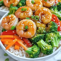 - 1 pound large shrimp, peeled and deveined - 4 tablespoons honey - 3 cloves garlic, minced - 2 tablespoons soy sauce - 1 tablespoon sesame oil - 1 cup broccoli florets - 1 red bell pepper, sliced - 1 carrot, julienned - 2 green onions, chopped - Sesame seeds for garnish - 1 tablespoon olive oil - 1 tablespoon fresh ginger, grated - Salt and pepper to taste - 2 cups cooked jasmine rice To make honey garlic shrimp bowls, you'll need fresh shrimp as the main star. I love using large shrimp because they are tender and soak up all the flavors well. Honey adds a sweet touch, while garlic gives it a nice kick. Soy sauce brings saltiness that balances the sweetness. Don't forget sesame oil; it adds a nutty flavor. For veggies, I like to use broccoli, red bell peppers, and carrots. They add color and crunch, making the dish more fun. Green onions and sesame seeds are perfect for garnishing. They make the meal look pretty and add extra flavor. For the pantry essentials, olive oil helps in cooking the shrimp and veggies. Fresh ginger adds a zesty touch, while salt and pepper boost the overall taste. Finally, jasmine rice serves as a soft base for all the delicious toppings. You can find the complete recipe for this tasty dish in the full recipe section. First, gather your ingredients. You need honey, minced garlic, soy sauce, sesame oil, grated ginger, salt, and pepper. Combine these in a bowl and whisk well. This mix gives the shrimp great flavor. Next, add your peeled and deveined shrimp to this bowl. Make sure they are well coated. Let them marinate for 15 minutes. This step is key for tasty shrimp. While the shrimp marinates, you can prepare your veggies. Heat olive oil in a skillet over medium heat. Once hot, add the broccoli florets, sliced red bell pepper, and julienned carrot. Stir-fry these for about 5 minutes. You want them tender-crisp, bright, and colorful. Once done, remove them from the skillet and set aside. This keeps them fresh and crunchy. Now it's time to cook the shrimp. Take the marinated shrimp and add them to the same skillet. Pour in the remaining marinade too. Cook the shrimp for 3-4 minutes on each side. They will turn pink and should be fully cooked. This quick cooking keeps them juicy and tender. Let's put it all together! Start with a generous scoop of cooked jasmine rice at the bottom of each bowl. This serves as the base. Next, top the rice with the stir-fried vegetables. Finally, add the cooked honey garlic shrimp on top. Make it look nice by arranging everything well. This dish is not just tasty; it’s also beautiful! For more details, check the Full Recipe. When picking shrimp, fresh is often best. Fresh shrimp has a sweet flavor and a firm texture. If you can't find fresh shrimp, frozen works just fine. Always check for a clean smell and firm bodies. To clean shrimp, you need to devein them. Start by rinsing the shrimp under cold water. Use a sharp knife to make a shallow cut along the back. Remove the dark vein with the knife or your fingers. Rinse again, and they are ready to cook. If you want to change up the sweetness, try maple syrup or agave. These sweeteners work well and add a unique taste. You can also mix in spices like cayenne for heat or smoked paprika for depth. Fresh herbs like cilantro or basil can brighten the dish. To make your bowl pop, use colorful veggies. Bright red bell peppers, green broccoli, and orange carrots create a feast for the eyes. Arrange your shrimp and veggies neatly on top of the rice. This makes each bowl look like a work of art. Add a sprinkle of sesame seeds for a final touch. The visual appeal makes eating more fun! You can find the full recipe for Honey Garlic Shrimp Bowls to get started. {{image_2}} You can swap shrimp for other proteins. Chicken works well and adds a nice flavor. Tofu is great for a vegetarian option. Scallops give a rich taste and cook quickly. When changing proteins, adjust cooking times. For chicken, cook until it reaches 165°F. Tofu needs about 5-7 minutes to brown. Scallops only need 2-3 minutes per side. Feel free to change the veggies based on what you like. Seasonal vegetables like asparagus or zucchini work nicely. You can also use leafy greens such as spinach or kale. These greens add nutrients and a fresh taste. Other stir-fry options include snap peas or bell peppers. Mix and match to keep things exciting! For a kick, make a spicy honey garlic sauce. Just add some red pepper flakes or sriracha to the mix. This adds heat without losing the sweet flavor. You can also try different sauces like teriyaki for a sweet umami taste. Lemon sauce gives a zesty twist and brightens the dish. Each sauce option brings its own unique flavor profile! Store your honey garlic shrimp bowls in airtight containers. This keeps flavors fresh. Make sure to refrigerate them within two hours of cooking. For best results, use the following tips: - Shrimp Bowls: Place shrimp on top of rice and veggies. This keeps the shrimp from getting mushy. - Jasmine Rice: Store rice separately, if possible. It helps maintain its texture. - Vegetables: Keep vegetables in a different container to avoid sogginess. To enjoy your leftovers, reheat them carefully. You want to keep the shrimp juicy. Here’s how: - Microwave: Use a microwave-safe dish. Add a splash of water. Cover with a damp paper towel. Heat in short intervals, stirring in between. - Stovetop: Heat a pan over medium heat. Add a little oil and shrimp. Stir gently until warmed through. To keep vegetables crisp, add them later in the reheating process. Heat them just until warm. Yes, you can freeze honey garlic shrimp bowls! Here’s how to do it right: - Freezing: Pack shrimp, rice, and veggies in separate bags. This helps each item freeze well. - Thawing: Move the bags to the fridge overnight. This allows them to thaw slowly. - Reheating: Once thawed, use the stovetop method to reheat. This keeps your meal tasty and fresh. For the full recipe and more details, don't forget to check out the Honey Garlic Shrimp Bowls! Shrimp need to marinate for at least 15 minutes. This time allows the shrimp to soak up the honey and garlic flavors. For even better taste, you can marinate them for up to 30 minutes. Just don’t go too long, or the shrimp might become mushy. Yes, you can prepare honey garlic shrimp bowls in advance. Cook the shrimp and vegetables, then store them separately. Keep the rice in a different container. This way, everything stays fresh. When you’re ready to eat, just heat and combine. It’s perfect for meal prep. You can serve honey garlic shrimp bowls with various sides. Steamed vegetables like green beans or snap peas add crunch. A simple salad with a light dressing works well too. You can also add a squeeze of lime for extra zest or top with crushed nuts for texture. Yes, the recipe can be gluten-free. Simply use gluten-free soy sauce or tamari in place of regular soy sauce. This swap makes the dish safe for anyone with gluten sensitivities. Always check labels to be sure that all ingredients are gluten-free. To add heat to your honey garlic shrimp, try these ideas: - Add a pinch of red pepper flakes to the marinade. - Mix in some sriracha or chili paste for a kick. - Top the finished dish with sliced fresh jalapeños. These tweaks will give your meal a spicy twist. For the complete instructions and ingredient list, check out the Honey Garlic Shrimp Bowls recipe. This blog post covers everything you need for delicious honey garlic shrimp bowls. I shared the key ingredients, step-by-step cooking guide, and tips for presentation and storage. You can customize this dish with various proteins and vegetables. Remember, meal prep works well with this recipe too. So go ahead, give it a try and make it your own! You’ll enjoy a tasty meal that is easy to prepare. Your family and friends will love it.