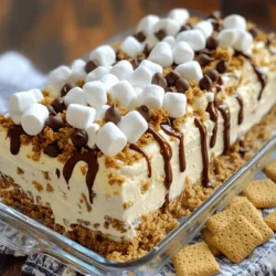 To create a delicious S'mores Icebox Cake, you need some key ingredients. These ingredients combine to give this dessert its classic taste. Here’s what you will need: - 2 cups heavy whipping cream - 1 cup powdered sugar - 1 teaspoon vanilla extract - 1 cup graham cracker crumbs - 1 cup mini marshmallows - 1 cup chocolate chips (semi-sweet or milk chocolate) - 1/2 cup chocolate syrup - Optional: additional mini marshmallows and graham crackers for garnish Each ingredient plays a vital role. The heavy whipping cream provides a rich base, while the powdered sugar adds sweetness. Vanilla extract brings a warm flavor. Graham crackers give that classic crunch, and chocolate chips add richness. Mini marshmallows bring fun and texture. If you need to swap out any ingredients, it’s easy to make changes. Here are some substitutions: - Use coconut cream instead of heavy cream for a dairy-free option. - Swap powdered sugar with granulated sugar if you prefer. Just whisk longer. - Use a sugar-free chocolate syrup for a lighter dessert. - For a gluten-free version, choose gluten-free graham crackers. These substitutions can still give you a tasty result. It’s all about finding what works for you! Presentation matters when serving S'mores Icebox Cake. Here are some garnishes to consider: - Drizzle extra chocolate syrup on top for a rich look. - Scatter whole graham crackers around the cake for a fun touch. - Add a few mini marshmallows on top for a pop of color. These simple garnishes can make your dessert look irresistible. It’s all about making it eye-catching and inviting! To begin, gather all your ingredients. You will need heavy whipping cream, powdered sugar, vanilla extract, graham cracker crumbs, mini marshmallows, chocolate chips, and chocolate syrup. 1. Whip the heavy cream in a large bowl until soft peaks form. 2. Slowly add the powdered sugar and vanilla extract. Keep whipping until stiff peaks form. 3. In another bowl, mix together the graham cracker crumbs and mini marshmallows. Make sure they are well combined. Now it's time to layer your cake. You need a baking dish, either 8x8 or 9x9 inches. 1. Start by spreading a thin layer of whipped cream on the bottom of the dish. 2. Place half of the graham cracker and marshmallow mix on top of the cream. 3. Drizzle half of the chocolate syrup over the mixture. 4. Add another layer of whipped cream, spreading it evenly across the top. 5. Repeat this process with the remaining graham cracker and marshmallow mix, more chocolate syrup, and the final layer of whipped cream. For great whipped cream, use cold heavy cream. This helps it whip up faster. - Use a large bowl to give ample space for whipping. - Start on low speed, then increase for better volume. - Pay attention to the peaks; stop when they are stiff but still creamy. This whipped cream will be the star of your S'mores Icebox Cake. Remember, refrigerate your cake for at least 4 hours, or overnight for the best flavor. Check the Full Recipe for details! Using fresh, quality ingredients makes a big difference. Start with heavy cream. Choose one with a high fat content for the best whipped texture. I recommend brands that use real cream, not fillers. Next, select your chocolate. Semi-sweet chocolate chips work well. For a sweeter touch, use milk chocolate. Also, grab fresh mini marshmallows. They should be soft and fluffy. Lastly, use real vanilla extract instead of imitation. This adds a rich flavor that’s hard to beat. One common mistake is over-whipping the cream. Stop when you see stiff peaks. If you whip too long, the cream can turn grainy. Another mistake is not chilling the cake long enough. Let it chill for at least four hours. This helps the flavors blend well. Also, be careful with the layers. Make sure they are even. Uneven layers can make it hard to cut later. Lastly, don’t skip the garnish. A few extra chocolate chips and marshmallows make it look stunning! When serving your S'mores Icebox Cake, cut it into neat squares. Use a sharp knife to get clean edges. For a fun touch, drizzle extra chocolate syrup on top. This adds a nice shine and flavor. You can also add whole graham crackers and marshmallows as a garnish. This makes your cake look more inviting. Serve it cold straight from the fridge. It’s a refreshing treat on a warm day. Follow these tips for a perfect dessert experience! {{image_2}} You can have fun with this S'mores Icebox Cake. Try adding peanut butter to the whipped cream for a nutty taste. You could also mix in crushed cookies for a new crunch. Swap chocolate chips for toffee bits or butterscotch chips for a different flavor. Try using flavored marshmallows, like caramel or strawberry, to change things up. You can even layer in fresh fruit, like sliced strawberries or bananas, for a fruity twist. If you need a gluten-free option, use gluten-free graham crackers. They taste just as good! For a dairy-free version, substitute coconut cream for heavy cream. You can also use a dairy-free powdered sugar alternative. Choose dairy-free chocolate chips and syrup to keep it all dairy-free. This way, everyone can enjoy the cake without worry. This cake is perfect for many events. For a summer barbecue, serve it cold with fresh berries. For a birthday party, add colorful sprinkles on top. If it’s a cozy family night, serve it with hot cocoa. You can also make mini versions in jars for a fun take-home treat. No matter the occasion, this S'mores Icebox Cake will please everyone. For the full recipe, make sure to check out the earlier section! To keep your S'mores Icebox Cake fresh, cover it tightly. Use plastic wrap or foil. This keeps air out and moisture in. Store it in the fridge. Avoid placing it near strong-smelling foods. The cake can soak up those odors. You can freeze leftovers for later. Cut the cake into squares first. Wrap each piece in plastic wrap. Then place them in a freezer-safe bag. This helps avoid freezer burn. When you're ready to eat, thaw pieces in the fridge overnight. S'mores Icebox Cake lasts about 3 to 5 days in the fridge. For best taste, enjoy it within the first two days. If you freeze it, it can last up to two months. Always check for any signs of spoilage before eating. For the best results, serve chilled and enjoy with friends! The S'mores Icebox Cake needs to chill for at least 4 hours. For the best taste, let it sit overnight. This chill time helps the layers set and flavors blend well. When you take it out, it will be firm and ready to slice. Yes, you can easily make this dessert in advance. Prepare it the day before your event and store it in the fridge. This way, you save time and enjoy a delicious treat without last-minute stress. To cut the icebox cake, use a sharp knife. Dip the knife in warm water for smooth cuts. Wipe it clean between cuts to avoid a messy look. This ensures each slice has distinct layers for a great presentation. You can use regular marshmallows, but cut them into smaller pieces. Mini marshmallows mix better with the graham crumbs. They also help create a nice texture in the layers. Choose whatever you have on hand, and your cake will still taste great. For the full recipe, check out the S'mores Icebox Cake section above. You now know how to make a S'mores Icebox Cake. We discussed the key ingredients, substitutions, and optional garnishes to make it shine. Step-by-step instructions guide you through making and layering your cake. I shared tips and tricks to ensure you avoid common mistakes and use quality items. For fun, explore variations and storage ideas. This dessert is easy and fun. Enjoy making it for any occasion!