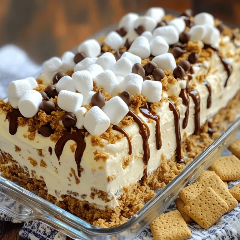 To create a delicious S'mores Icebox Cake, you need some key ingredients. These ingredients combine to give this dessert its classic taste. Here’s what you will need: - 2 cups heavy whipping cream - 1 cup powdered sugar - 1 teaspoon vanilla extract - 1 cup graham cracker crumbs - 1 cup mini marshmallows - 1 cup chocolate chips (semi-sweet or milk chocolate) - 1/2 cup chocolate syrup - Optional: additional mini marshmallows and graham crackers for garnish Each ingredient plays a vital role. The heavy whipping cream provides a rich base, while the powdered sugar adds sweetness. Vanilla extract brings a warm flavor. Graham crackers give that classic crunch, and chocolate chips add richness. Mini marshmallows bring fun and texture. If you need to swap out any ingredients, it’s easy to make changes. Here are some substitutions: - Use coconut cream instead of heavy cream for a dairy-free option. - Swap powdered sugar with granulated sugar if you prefer. Just whisk longer. - Use a sugar-free chocolate syrup for a lighter dessert. - For a gluten-free version, choose gluten-free graham crackers. These substitutions can still give you a tasty result. It’s all about finding what works for you! Presentation matters when serving S'mores Icebox Cake. Here are some garnishes to consider: - Drizzle extra chocolate syrup on top for a rich look. - Scatter whole graham crackers around the cake for a fun touch. - Add a few mini marshmallows on top for a pop of color. These simple garnishes can make your dessert look irresistible. It’s all about making it eye-catching and inviting! To begin, gather all your ingredients. You will need heavy whipping cream, powdered sugar, vanilla extract, graham cracker crumbs, mini marshmallows, chocolate chips, and chocolate syrup. 1. Whip the heavy cream in a large bowl until soft peaks form. 2. Slowly add the powdered sugar and vanilla extract. Keep whipping until stiff peaks form. 3. In another bowl, mix together the graham cracker crumbs and mini marshmallows. Make sure they are well combined. Now it's time to layer your cake. You need a baking dish, either 8x8 or 9x9 inches. 1. Start by spreading a thin layer of whipped cream on the bottom of the dish. 2. Place half of the graham cracker and marshmallow mix on top of the cream. 3. Drizzle half of the chocolate syrup over the mixture. 4. Add another layer of whipped cream, spreading it evenly across the top. 5. Repeat this process with the remaining graham cracker and marshmallow mix, more chocolate syrup, and the final layer of whipped cream. For great whipped cream, use cold heavy cream. This helps it whip up faster. - Use a large bowl to give ample space for whipping. - Start on low speed, then increase for better volume. - Pay attention to the peaks; stop when they are stiff but still creamy. This whipped cream will be the star of your S'mores Icebox Cake. Remember, refrigerate your cake for at least 4 hours, or overnight for the best flavor. Check the Full Recipe for details! Using fresh, quality ingredients makes a big difference. Start with heavy cream. Choose one with a high fat content for the best whipped texture. I recommend brands that use real cream, not fillers. Next, select your chocolate. Semi-sweet chocolate chips work well. For a sweeter touch, use milk chocolate. Also, grab fresh mini marshmallows. They should be soft and fluffy. Lastly, use real vanilla extract instead of imitation. This adds a rich flavor that’s hard to beat. One common mistake is over-whipping the cream. Stop when you see stiff peaks. If you whip too long, the cream can turn grainy. Another mistake is not chilling the cake long enough. Let it chill for at least four hours. This helps the flavors blend well. Also, be careful with the layers. Make sure they are even. Uneven layers can make it hard to cut later. Lastly, don’t skip the garnish. A few extra chocolate chips and marshmallows make it look stunning! When serving your S'mores Icebox Cake, cut it into neat squares. Use a sharp knife to get clean edges. For a fun touch, drizzle extra chocolate syrup on top. This adds a nice shine and flavor. You can also add whole graham crackers and marshmallows as a garnish. This makes your cake look more inviting. Serve it cold straight from the fridge. It’s a refreshing treat on a warm day. Follow these tips for a perfect dessert experience! {{image_2}} You can have fun with this S'mores Icebox Cake. Try adding peanut butter to the whipped cream for a nutty taste. You could also mix in crushed cookies for a new crunch. Swap chocolate chips for toffee bits or butterscotch chips for a different flavor. Try using flavored marshmallows, like caramel or strawberry, to change things up. You can even layer in fresh fruit, like sliced strawberries or bananas, for a fruity twist. If you need a gluten-free option, use gluten-free graham crackers. They taste just as good! For a dairy-free version, substitute coconut cream for heavy cream. You can also use a dairy-free powdered sugar alternative. Choose dairy-free chocolate chips and syrup to keep it all dairy-free. This way, everyone can enjoy the cake without worry. This cake is perfect for many events. For a summer barbecue, serve it cold with fresh berries. For a birthday party, add colorful sprinkles on top. If it’s a cozy family night, serve it with hot cocoa. You can also make mini versions in jars for a fun take-home treat. No matter the occasion, this S'mores Icebox Cake will please everyone. For the full recipe, make sure to check out the earlier section! To keep your S'mores Icebox Cake fresh, cover it tightly. Use plastic wrap or foil. This keeps air out and moisture in. Store it in the fridge. Avoid placing it near strong-smelling foods. The cake can soak up those odors. You can freeze leftovers for later. Cut the cake into squares first. Wrap each piece in plastic wrap. Then place them in a freezer-safe bag. This helps avoid freezer burn. When you're ready to eat, thaw pieces in the fridge overnight. S'mores Icebox Cake lasts about 3 to 5 days in the fridge. For best taste, enjoy it within the first two days. If you freeze it, it can last up to two months. Always check for any signs of spoilage before eating. For the best results, serve chilled and enjoy with friends! The S'mores Icebox Cake needs to chill for at least 4 hours. For the best taste, let it sit overnight. This chill time helps the layers set and flavors blend well. When you take it out, it will be firm and ready to slice. Yes, you can easily make this dessert in advance. Prepare it the day before your event and store it in the fridge. This way, you save time and enjoy a delicious treat without last-minute stress. To cut the icebox cake, use a sharp knife. Dip the knife in warm water for smooth cuts. Wipe it clean between cuts to avoid a messy look. This ensures each slice has distinct layers for a great presentation. You can use regular marshmallows, but cut them into smaller pieces. Mini marshmallows mix better with the graham crumbs. They also help create a nice texture in the layers. Choose whatever you have on hand, and your cake will still taste great. For the full recipe, check out the S'mores Icebox Cake section above. You now know how to make a S'mores Icebox Cake. We discussed the key ingredients, substitutions, and optional garnishes to make it shine. Step-by-step instructions guide you through making and layering your cake. I shared tips and tricks to ensure you avoid common mistakes and use quality items. For fun, explore variations and storage ideas. This dessert is easy and fun. Enjoy making it for any occasion!