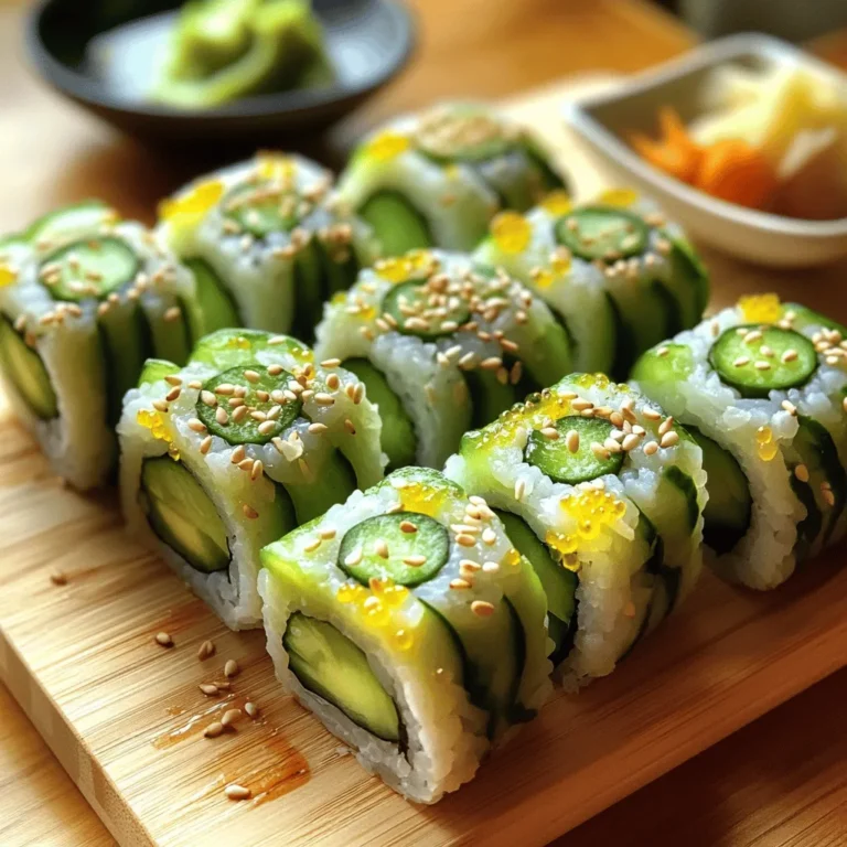 Here’s what you need to make Cucumber Avocado Sushi Rolls: - 1 cup sushi rice - 1 1/4 cups water - 2 tablespoons rice vinegar - 1 tablespoon sugar - 1 teaspoon salt - 4 sheets nori (seaweed) - 1 medium cucumber, julienned - 1 ripe avocado, sliced - 1 carrot, julienned - 1 tablespoon sesame seeds (optional) - Soy sauce, for dipping - Wasabi and pickled ginger, for serving Gather these ingredients before you start. Fresh ingredients make the best rolls. Sushi rice is key for that sticky texture. Nori sheets hold everything together, while cucumber and avocado add great flavor. You can also add a carrot for crunch. The sesame seeds sprinkle on top for a nice finish. Don't forget your soy sauce, wasabi, and ginger for dipping and flavor. These ingredients will help you create a light and tasty dish. For the full recipe, check out the detailed instructions in the next section. 1. Rinsing the rice: Start by rinsing the sushi rice under cold water. Keep rinsing until the water runs clear. This step removes excess starch and helps the rice cook better. 2. Cooking the rice: Next, combine the rinsed rice and water in a pot. Bring it to a boil. Once boiling, lower the heat and cover the pot. Let it simmer for 18 to 20 minutes until the water is absorbed. After that, turn off the heat, but keep the pot covered for an extra 10 minutes. This step steams the rice, making it fluffy. 3. Mixing with vinegar: In a small bowl, mix rice vinegar, sugar, and salt. Stir until everything dissolves. Once the rice is cooked, gently fold this mixture into the rice. Spread the rice out to cool it slightly. This gives the rice its distinct flavor. 1. Preparing the bamboo mat: Lay a bamboo sushi mat on a flat surface. Place a sheet of nori on the mat, shiny side down. This setup helps to roll the sushi easily. 2. Spreading rice on nori: With wet hands, take a small amount of sushi rice. Spread a thin layer evenly over the nori. Leave about 1 inch of space at the top edge. This space helps seal the roll later. 3. Adding fillings: In the center of the rice, line up your fillings. Place cucumber, avocado, and carrot. If you want, sprinkle sesame seeds over the top. This adds a nice crunch and flavor. 1. Rolling technique: Start by lifting the edge of the bamboo mat. Roll it forward, tucking the filling in tightly. Keep rolling until you reach the uncovered edge of the nori. 2. Sealing the roll: Wet the edge of the nori with a little water to help seal the roll. Make sure it sticks well. This step prevents the roll from falling apart. 3. Slicing the rolls: Use a sharp knife to slice the roll into bite-sized pieces. Wipe the knife with a damp cloth between cuts. This keeps the edges clean and neat. Making sushi at home is fun and easy. For the full recipe, check out the details above! - Ensuring rice is properly cooked: Perfect sushi rice is key. Rinse the rice to remove extra starch. Cook it until all the water is gone. Let it rest for 10 minutes. This makes the rice sticky and easy to roll. - Use of bamboo mat for rolling: A bamboo mat helps you roll tightly. Place the nori on the mat, shiny side down. Wet your hands to spread the rice evenly. This prevents sticking. Roll it carefully, using the mat to guide you. - Maintaining clean knife cuts: A sharp knife is a must. Wet the knife before cutting. This keeps the sushi from sticking. Clean the blade after each cut for smooth edges. This makes your rolls look nice and neat. - Ideal sauce combinations: Soy sauce is classic for dipping. You can add wasabi for heat. Pickled ginger is great for cleansing your palate. These flavors enhance the fresh taste of your sushi. - Presentation tips: Serve your sushi on a nice plate. Arrange the rolls neatly. Add some colorful veggies on the side. A sprinkle of sesame seeds can make the dish pop. This makes it look as good as it tastes. {{image_2}} You can change up your cucumber avocado sushi rolls by adding different vegetables. Try using bell peppers, radishes, or even sweet potato for a fun twist. Each vegetable adds its own taste and texture. You can also add proteins like crab or shrimp. This makes your rolls more filling and adds a rich flavor to each bite. Spices and seasonings can make your rolls pop. Consider adding a sprinkle of chili flakes for heat. You can also try sesame oil for a nutty flavor. Using flavored rice vinegar can change the taste too. Look for options like herb-infused or citrus-flavored vinegar. These simple changes can turn a basic roll into a gourmet treat. For the Full Recipe, refer back to the main ingredients and instructions. Enjoy experimenting! To keep your cucumber avocado sushi rolls fresh, you need to store them properly. First, wrap each roll tightly in plastic wrap. This helps to keep the air out and moisture in. Next, place the wrapped rolls in an airtight container. This adds another layer of protection. You can store them in the fridge for up to 24 hours. After that, they may lose their crispness. Sushi is best enjoyed fresh, but you can refresh it. To restore the texture, take the rolls out of the fridge. Unwrap them and let them sit at room temperature for about 10 minutes. This will help them soften slightly. If you want to warm them, place the rolls on a microwave-safe plate. Heat them in the microwave for 10-15 seconds on low power. Be careful not to overheat, as this can make them soggy. Enjoy your sushi rolls with soy sauce for a tasty boost! If you want to learn how to make them from scratch, check out the [Full Recipe]. How to prevent the nori from becoming soggy? To keep nori crispy, avoid excess moisture. Use a dry bamboo mat. Spread the rice gently and keep the fillings dry. Wrap the rolls right before serving. This will help maintain the nori’s texture. Can I make sushi rice in advance? Yes, you can make sushi rice ahead of time. Cool it down, then store it in an airtight container. Keep it in the fridge to prevent spoilage. Just remember to let it come to room temperature before using. What are the best substitutes for sushi rice? If you don't have sushi rice, you can try short-grain rice. It has a similar stickiness. You may also use quinoa for a unique twist. Just be sure to adjust the cooking time and water ratio. What tools do I need to make sushi at home? You will need a bamboo sushi mat, a sharp knife, and a rice cooker (optional). A small bowl of water helps to keep your hands wet while you roll. This prevents the rice from sticking. How do I introduce sushi to kids? Start by making sushi fun! Let kids choose their fillings. Use colorful vegetables and simple flavors. You can also make smaller rolls, which are easier for little hands. Encourage them to dip in soy sauce for added fun! Cucumber avocado sushi rolls are simple and fun to make. We covered the ingredients, steps, and some tips for the perfect roll. You learned about storage and variations to try. Each step helps you create tasty sushi at home. Don't be afraid to experiment with flavors. With practice, your skills will improve. Enjoy your sushi journey and impress your friends and family!