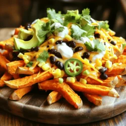 - 2 large sweet potatoes, cut into thin fries - 2 tablespoons olive oil - 1 teaspoon paprika - 1 teaspoon garlic powder - Salt and pepper to taste - 1 cup black beans, rinsed and drained - 1 cup corn (fresh or canned) - 1 cup shredded cheese (cheddar or a blend) - 1 avocado, diced - 1/4 cup sour cream or Greek yogurt - 2 tablespoons fresh cilantro, chopped - 1 jalapeño, sliced (optional) To make loaded sweet potato fries, start with large sweet potatoes. Their natural sweetness brings great flavor. Cut them into thin fries for that perfect crunch. Next, you’ll need olive oil and seasonings. Olive oil helps the fries crisp up nicely in the oven. Use paprika and garlic powder for added flavor. Sprinkle in salt and pepper to taste. Now for the toppings! Black beans and corn add texture and color. Melted cheese makes everything better. Diced avocado adds creaminess. A dollop of sour cream or Greek yogurt gives a cool finish. Fresh cilantro adds a burst of freshness. You can add jalapeños for some heat, if you like. These ingredients come together to create a snack that is crispy and bursting with flavor. For the full recipe, check out the details above. 1. Preheating the oven Start by preheating your oven to 425°F (220°C). This high heat helps make the fries crispy. 2. Preparing fries and seasoning In a large bowl, combine the sweet potato fries, olive oil, paprika, garlic powder, salt, and pepper. Mix well until every fry is coated. This step is key for flavor. 3. Spreading on a baking sheet Line a baking sheet with parchment paper. Spread the seasoned fries in a single layer. Make sure they are not crowded. This allows the heat to circulate and cook them evenly. 1. Baking time and temperatures Place the baking sheet in the oven. Bake the fries for 20-25 minutes. You want them to be golden brown and crispy. 2. Flipping method for even cooking Halfway through baking, flip the fries. This helps both sides get that nice crunch. Use a spatula to turn them carefully. 1. Melting cheese on fries When the fries are done, take them out of the oven. Immediately sprinkle the shredded cheese over the hot fries. The heat will melt the cheese perfectly. 2. Assembling the topping mixture In a small bowl, mix the black beans and corn. Once the cheese is melted, add this mixture on top of the fries. Then, finish with diced avocado, jalapeño slices, and a drizzle of sour cream or Greek yogurt. Sprinkle fresh cilantro for that extra touch. Your Loaded Sweet Potato Fries are now ready to delight your taste buds! For the full recipe, check out the earlier section. Enjoy this colorful, tasty snack! To make your fries crispy, bake them at the right temperature. I recommend 425°F (220°C). This heat helps the fries cook evenly and get that golden crunch. Also, avoid overcrowding your baking sheet. If the fries are too close together, they will steam instead of crisp. Spread them out in a single layer for the best results. Adding seasonings can boost flavor. Try using smoked paprika for a deeper taste. A pinch of cumin can add warmth too. For dipping sauces, consider a zesty lime crema. Just mix sour cream with lime juice and zest. Ranch or guacamole also pair well with loaded sweet potato fries. You can prep your fries in advance. Cut and season them a few hours before. Just store them in the fridge until you're ready to bake. If you have leftover pre-seasoned fries, store them in an airtight container. They can last for a couple of days in the fridge. {{image_2}} You can change up your loaded sweet potato fries with different cheeses and veggies. Here are some ideas: - Cheeses: Try using mozzarella for a gooey melt or feta for a tangy bite. Pepper jack adds spice, while goat cheese gives a creamy touch. - Veggie Add-Ins: Add bell peppers, red onions, or cherry tomatoes for a fresh crunch. Spinach or kale can boost nutrients and flavor. If you want a lighter meal, some easy swaps work well. Here are some suggestions: - Substitutions: Use less oil or switch to avocado oil for a healthier fat. Replace sour cream with Greek yogurt for extra protein and less fat. - Air Fryer Method: Try cooking the fries in an air fryer. It reduces oil and keeps them crispy. Cook at 400°F for about 15-20 minutes, shaking halfway for even crispiness. To give your fries a twist, explore these cuisine ideas: - Tex-Mex Twist: Add salsa or pico de gallo on top. Use chili powder in your seasoning mix for more heat. - Southwestern Flavors: Top with grilled corn, diced tomatoes, and cilantro. A squeeze of lime brightens up the whole dish. These variations keep your loaded sweet potato fries exciting and fun. For the full recipe, visit the earlier section! To store leftovers, place the fries in an airtight container. This keeps them fresh. You can store them in the fridge for up to three days. However, they are best when eaten right away. For freezing cooked fries, let them cool completely first. Then, spread them on a baking sheet in a single layer. Freeze them for about two hours until firm. Once frozen, transfer the fries to a freezer bag. Squeeze out as much air as possible. They can stay frozen for up to three months. When you’re ready to eat, thaw the fries in the fridge overnight. Reheat them in the oven for best texture. To maintain crispiness, use the oven. Preheat it to 400°F (200°C). Spread the fries on a baking sheet and bake for about 10 minutes. This method helps avoid sogginess. You can also use an air fryer for a quick and crispy result. Avoid reheating in the microwave, as it makes fries soft. If you must use a microwave, only warm them for a short time. Enjoy your crispy loaded sweet potato fries again! To make Loaded Sweet Potato Fries, you first cut two large sweet potatoes into thin fry shapes. Preheat your oven to 425°F (220°C) and line a baking sheet with parchment paper. In a bowl, mix the sweet potato fries with 2 tablespoons of olive oil, 1 teaspoon of paprika, 1 teaspoon of garlic powder, salt, and pepper. Toss them well and spread on the baking sheet. Bake for 20-25 minutes, flipping halfway, until crispy. After baking, add the toppings like black beans, corn, cheese, avocado, sour cream, and cilantro. Check the Full Recipe for more details. Yes, you can use regular potatoes. They will change the flavor and texture a bit. Regular potatoes have a more neutral taste, while sweet potatoes add a sweeter flavor. The cooking method stays the same. Great dipping sauces include ranch, chipotle mayo, or guacamole. You can also try a yogurt-based sauce for a fresh kick. Each sauce pairs well with the flavors of the fries. Yes, Loaded Sweet Potato Fries are gluten-free. As long as you use gluten-free toppings, you can enjoy them without worry. Always check labels for any hidden gluten in sauces. To make Loaded Sweet Potato Fries vegan, swap the cheese for vegan cheese or skip it altogether. Use a vegan sour cream option as well. The rest of the recipe is naturally vegan-friendly. Loaded Sweet Potato Fries are packed with nutrients. Sweet potatoes are high in fiber and vitamins. The black beans add protein, while avocado provides healthy fats. A serving has around 300-400 calories, depending on toppings. Check specific brands for accurate nutrition info. Loaded sweet potato fries are a fun and tasty dish you can make at home. We covered everything from ingredients to baking tips. You learned how to prepare the fries, layer toppings, and enhance flavors. Remember, the right temperature is key for crispiness. You can also try different toppings or make a lighter version. Lastly, store any leftovers properly to keep them fresh. Enjoy making your loaded sweet potato fries, and let your creativity shine on each plate!