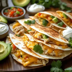 To make these easy chicken quesadillas, gather the following: - 2 cups cooked chicken, shredded - 1 cup shredded cheddar cheese - 1 cup shredded Monterey Jack cheese - 4 large flour tortillas - 1/2 cup bell pepper, diced (any color) - 1/4 cup red onion, finely chopped - 1 tablespoon olive oil - 1 teaspoon ground cumin - 1 teaspoon chili powder - Salt and pepper to taste - Sour cream and salsa for serving (optional) When measuring, use cups for solids like cheese and chicken. Use tablespoons for oil and spices. Use a knife for chopping veggies. For best results, level off your measuring cups. For great flavor, I suggest using: - Chicken: rotisserie chicken from your local store - Cheese: Tillamook or Kraft for cheddar and Monterey Jack - Tortillas: Mission or Guerrero for soft, fresh flour tortillas - Spices: McCormick for ground cumin and chili powder These brands offer quality and taste, making your quesadillas shine! For the full recipe, check the details above. To start, gather all your ingredients. You need cooked chicken, cheese, tortillas, and some veggies. Chop the bell pepper and red onion. This adds great flavor to your quesadillas. 1. Heat one tablespoon of olive oil in a large skillet over medium heat. 2. Add the diced bell pepper and red onion. Sauté for 3-4 minutes until softened. 3. Next, add your shredded chicken to the skillet. Mix in the cumin, chili powder, salt, and pepper. 4. Stir everything well and cook for another 2-3 minutes. You want the chicken hot. 1. Clean the skillet and put it back on the heat. 2. Place one tortilla in the skillet. Sprinkle half with a mix of cheddar and Monterey Jack cheese. 3. Spoon some chicken mixture on top of the cheese. Add more cheese before folding the tortilla in half. 4. Cook for 3-4 minutes until golden brown. Flip it and cook the other side for 3 minutes. 5. Remove it from the skillet, cut into wedges, and serve. For a full recipe, check the details above. To make your quesadillas great, use good cheese. Cheddar and Monterey Jack blend well. Heat your skillet before adding tortillas. This helps them get crispy. Flip them gently to avoid spills. Use fresh ingredients for the best taste. Try adding more veggies for extra crunch. One mistake is cooking on too high heat. This makes tortillas burn before cheese melts. Don't overfill the quesadillas. They can break apart while cooking. Also, avoid using pre-shredded cheese. It often has additives that affect melting. Lastly, don’t skip letting them cool before cutting. This keeps the cheese from oozing out. You can change flavors easily! Add spices like garlic or onion powder for more taste. Want it spicy? Toss in jalapeños or hot sauce. For a fresh twist, add lime juice or fresh herbs. You can also swap the chicken for shrimp or beef. Try different cheeses like pepper jack or gouda for unique flavors. For more ideas, check the Full Recipe for inspiration. {{image_2}} You can easily make a tasty vegetarian quesadilla. Replace the chicken with beans. Black beans or pinto beans work well. You can also add more veggies like spinach, zucchini, or mushrooms. Use the same spices to keep the flavor strong. This change makes it colorful and healthy. If you love heat, add jalapeños or hot sauce. Mix these with your chicken for a spicy twist. You can also try spicy cheese like pepper jack. This will give your quesadilla a bold taste. Just remember to balance the heat with cool toppings like sour cream. Cheese is key in quesadillas. You can swap out cheddar and Monterey Jack for other cheeses. Try mozzarella for a stretchy cheese effect. Gouda adds a smoky flavor. Mixing cheeses can bring new flavors. Experiment to find your favorite blend. Check out the Full Recipe for more ideas! Store your chicken quesadilla leftovers in an airtight container. Make sure they cool down first. Keep them in the fridge for up to three days. This will help maintain their taste and texture. To reheat your quesadillas, use a skillet over medium heat. Place the quesadilla in the skillet and cover it with a lid. Heat for about 3-4 minutes on each side. This helps keep the quesadilla crispy. You can also use a microwave for speed, but it may make them soft. Heat for 30 seconds to 1 minute, checking often. If you want to freeze your quesadillas, wrap them well in plastic wrap. Then place them in a freezer bag. They will stay fresh for up to two months. To reheat frozen quesadillas, let them thaw in the fridge overnight. Then follow the reheating instructions above. Enjoy your easy chicken quesadillas later! For the full recipe, check out the earlier section. To make quesadillas crispy, use a hot skillet. Start with a little olive oil. This adds flavor and helps the tortillas brown. Cook them longer on each side. Aim for 3-4 minutes per side. You can also use a cast-iron skillet for extra crunch. Press down gently with a spatula while cooking. This helps the cheese melt and the tortilla crisp up. It is best to use cooked chicken for quesadillas. If you use uncooked chicken, you need to cook it fully first. Cut the chicken into small pieces and cook in the skillet until no longer pink. This way, your quesadilla will be safe to eat. Using pre-cooked chicken saves time and makes it easy to whip up a quick meal. Chicken quesadillas pair well with many sauces. Sour cream is a classic choice. It adds creaminess and balances the spices. Salsa is another great option. You can choose mild or spicy, depending on your taste. Guacamole also works nicely for a creamy, rich flavor. If you want a kick, try hot sauce or a spicy salsa. These sauces enhance the flavor and make every bite delicious. For the full recipe, check out the details above. In this blog post, I covered the essential ingredients, step-by-step instructions, and useful tips for making great quesadillas. I also shared tasty variations and smart storage ideas. You can now avoid common mistakes and customize your dish to fit your taste. Remember, practice makes perfect. With these tips, your quesadillas will impress every time. Enjoy your cooking journey and have fun experimenting with flavors!