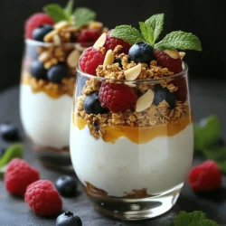 To make your healthy Greek yogurt parfaits, gather these key ingredients: - 2 cups Greek yogurt (plain or vanilla) - 1 cup granola (preferably low-sugar) - 2 cups mixed berries (strawberries, blueberries, raspberries) - 2 tablespoons honey or maple syrup (optional for sweetness) - 1 teaspoon vanilla extract - 1/4 cup sliced almonds or walnuts (for added crunch) - Fresh mint leaves (for garnish) Greek yogurt is a great choice for your parfaits. It is thick and creamy. It has more protein than regular yogurt. This helps you feel full and satisfied. Greek yogurt is also lower in sugar, making it a healthy option. It is rich in probiotics, which support gut health. These good bacteria boost your immune system. Plus, Greek yogurt provides calcium for strong bones. It is a smart choice for snacking. When choosing fruits and nuts, look for freshness. For berries, pick those that are firm and bright. Avoid any that are mushy or have mold. Smell the berries; they should have a sweet aroma. For nuts, choose whole nuts without added salt or sugar. Check for any signs of rancidity. Buy them in small amounts to keep them fresh. You can also try different fruits based on seasons. Apples, peaches, or bananas can add fun flavors to your parfaits. First, grab your mixing bowl. Add 2 cups of Greek yogurt. Mix in 1 teaspoon of vanilla extract. If you want sweet parfaits, add 2 tablespoons of honey or maple syrup. Stir until creamy and smooth. Next, take your serving glasses or bowls. Start with a large spoonful of the yogurt mix at the bottom. This makes a nice base. Then, add a layer of granola. Use about 1/4 cup for this layer. After that, add 1/2 cup of mixed berries on top. You can use strawberries, blueberries, and raspberries. Repeat these layers until you fill the glasses. Finish with another layer of yogurt on top. Finally, sprinkle a bit more granola on each parfait. Add a handful of fresh berries and some sliced almonds or walnuts for crunch. For the best look, use clear glasses. This shows off the colorful layers. Start with yogurt, then granola, and berries. Keep repeating this order. End with yogurt to create a smooth top. This way, you get a lovely view of the layers. Add a mint leaf on each parfait. It gives a nice touch and some color. Make sure to serve them right after assembling for a fresh taste. You can change these parfaits to fit your taste. Use different fruit, like peaches or bananas. If you like, swap Greek yogurt for coconut yogurt for a vegan option. Want more flavor? Try adding a scoop of nut butter between the layers. You can also mix in chia seeds or protein powder for extra benefits. The choice is yours! For the full recipe, check out the detailed steps and ingredients above. Enjoy your healthy Greek yogurt parfaits! You can easily prepare these Greek yogurt parfaits ahead of time. Start by mixing the Greek yogurt, vanilla extract, and honey or maple syrup. Store this mixture in the fridge. Layer your parfaits in clear glasses or bowls. Cover them with plastic wrap or a tight lid. It’s best to keep the granola separate until you are ready to eat. This keeps it crunchy. Serve the parfaits within two days for the best taste. If you need gluten-free options, choose certified gluten-free granola. You can also use nuts or seeds for crunch. For vegan parfaits, swap Greek yogurt for coconut yogurt or almond yogurt. Use maple syrup to sweeten. Fresh fruit is always a great addition. It adds natural sweetness and flavor. To keep your parfaits fresh, store them in the fridge. Use airtight containers to prevent them from drying out. If you make them in advance, eat them within two days. This will ensure the best flavor and quality. If you have leftovers, keep the granola in a separate bag. This will help it stay crisp. For longer storage, you can freeze the yogurt mixture, but it's best to enjoy it fresh. For the full recipe, refer to the section above. {{image_2}} You can switch up the fruits in your parfaits. In spring, use fresh strawberries and blueberries. In summer, add peaches or mangoes for a tropical twist. Fall brings apples and pears, while winter is perfect for citrus fruits like oranges and grapefruits. Each season offers unique flavors. Using what's in season can enhance taste and nutrition. Want to mix it up? Add chocolate or nut butter! Swirl in cocoa powder or chocolate syrup for a treat. For a nutty flavor, try almond or peanut butter. Both options add richness and protein. You can also layer in chocolate chips or nut butter for extra fun. This gives you a tasty way to enjoy your parfaits. Think outside the box with your ingredients. Swap Greek yogurt for coconut yogurt for a dairy-free option. This adds a hint of coconut flavor. You can also mix in chia seeds for added health benefits. Chia seeds are high in fiber and omega-3s. They also help with texture. These unique swaps can take your parfaits to the next level. For more ideas, check out the Full Recipe. Storing leftover Greek yogurt parfaits is easy. Use airtight containers to keep them fresh. This helps prevent the yogurt from absorbing other odors in the fridge. If you stacked your parfaits in glasses, cover them with plastic wrap. For freshness, store your parfaits in the fridge for up to 2 days. After that, the berries may lose their texture, and the granola can become soggy. It’s best to eat them sooner rather than later for the best taste. If you want to save them longer, consider freezing. You can freeze the yogurt mixture in ice cube trays. Once frozen, pop them out and store them in a zip-top bag. When ready to enjoy, blend them into smoothies or let them thaw for a quick snack. Just avoid freezing the granola or fresh fruits, as they won’t hold up well. Try these storage tips to keep your wholesome Greek yogurt parfaits fresh and tasty! For the full recipe, check back to create your delicious snack. Greek yogurt is rich in protein. It helps keep you full longer. It also contains probiotics, which are good for your gut. These beneficial bacteria support digestion and immune health. Greek yogurt is lower in sugar than regular yogurt. It’s a great choice for a healthy snack. Yes, you can use non-dairy yogurt. Almond, coconut, or soy yogurt are great options. Just make sure to choose unsweetened types. This will keep your parfait healthy. The texture may change slightly, but the taste will still be good. To make your parfaits more filling, try adding protein. You can mix in nut butter or seeds. You can also use more nuts in your layers. Adding a scoop of protein powder to the yogurt works well too. Another option is to layer in some oats. This will give extra fiber and keep you satisfied longer. For more details on making these parfaits, check the Full Recipe. In summary, we explored the key ingredients that make a delicious parfait. Greek yogurt offers many health benefits, while fresh fruits and nuts enhance flavor and nutrition. I shared step-by-step instructions to build the perfect parfait and tips for creating great layers. We discussed how to customize your parfaits and prepare them ahead of time. There are many variations to enjoy throughout the seasons. Finally, I provided storage advice to keep your parfaits fresh. Enjoy making these easy, tasty treats that are good for you!