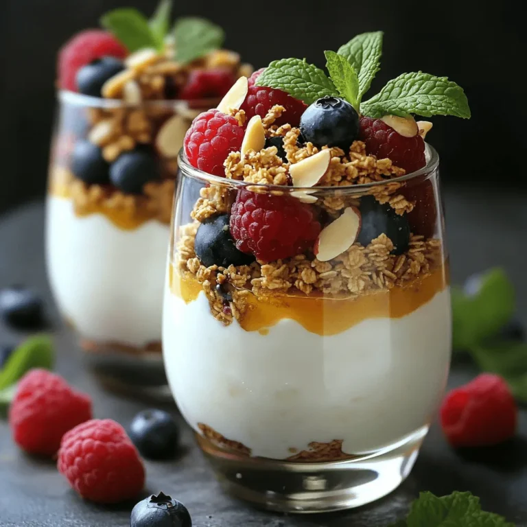 To make your healthy Greek yogurt parfaits, gather these key ingredients: - 2 cups Greek yogurt (plain or vanilla) - 1 cup granola (preferably low-sugar) - 2 cups mixed berries (strawberries, blueberries, raspberries) - 2 tablespoons honey or maple syrup (optional for sweetness) - 1 teaspoon vanilla extract - 1/4 cup sliced almonds or walnuts (for added crunch) - Fresh mint leaves (for garnish) Greek yogurt is a great choice for your parfaits. It is thick and creamy. It has more protein than regular yogurt. This helps you feel full and satisfied. Greek yogurt is also lower in sugar, making it a healthy option. It is rich in probiotics, which support gut health. These good bacteria boost your immune system. Plus, Greek yogurt provides calcium for strong bones. It is a smart choice for snacking. When choosing fruits and nuts, look for freshness. For berries, pick those that are firm and bright. Avoid any that are mushy or have mold. Smell the berries; they should have a sweet aroma. For nuts, choose whole nuts without added salt or sugar. Check for any signs of rancidity. Buy them in small amounts to keep them fresh. You can also try different fruits based on seasons. Apples, peaches, or bananas can add fun flavors to your parfaits. First, grab your mixing bowl. Add 2 cups of Greek yogurt. Mix in 1 teaspoon of vanilla extract. If you want sweet parfaits, add 2 tablespoons of honey or maple syrup. Stir until creamy and smooth. Next, take your serving glasses or bowls. Start with a large spoonful of the yogurt mix at the bottom. This makes a nice base. Then, add a layer of granola. Use about 1/4 cup for this layer. After that, add 1/2 cup of mixed berries on top. You can use strawberries, blueberries, and raspberries. Repeat these layers until you fill the glasses. Finish with another layer of yogurt on top. Finally, sprinkle a bit more granola on each parfait. Add a handful of fresh berries and some sliced almonds or walnuts for crunch. For the best look, use clear glasses. This shows off the colorful layers. Start with yogurt, then granola, and berries. Keep repeating this order. End with yogurt to create a smooth top. This way, you get a lovely view of the layers. Add a mint leaf on each parfait. It gives a nice touch and some color. Make sure to serve them right after assembling for a fresh taste. You can change these parfaits to fit your taste. Use different fruit, like peaches or bananas. If you like, swap Greek yogurt for coconut yogurt for a vegan option. Want more flavor? Try adding a scoop of nut butter between the layers. You can also mix in chia seeds or protein powder for extra benefits. The choice is yours! For the full recipe, check out the detailed steps and ingredients above. Enjoy your healthy Greek yogurt parfaits! You can easily prepare these Greek yogurt parfaits ahead of time. Start by mixing the Greek yogurt, vanilla extract, and honey or maple syrup. Store this mixture in the fridge. Layer your parfaits in clear glasses or bowls. Cover them with plastic wrap or a tight lid. It’s best to keep the granola separate until you are ready to eat. This keeps it crunchy. Serve the parfaits within two days for the best taste. If you need gluten-free options, choose certified gluten-free granola. You can also use nuts or seeds for crunch. For vegan parfaits, swap Greek yogurt for coconut yogurt or almond yogurt. Use maple syrup to sweeten. Fresh fruit is always a great addition. It adds natural sweetness and flavor. To keep your parfaits fresh, store them in the fridge. Use airtight containers to prevent them from drying out. If you make them in advance, eat them within two days. This will ensure the best flavor and quality. If you have leftovers, keep the granola in a separate bag. This will help it stay crisp. For longer storage, you can freeze the yogurt mixture, but it's best to enjoy it fresh. For the full recipe, refer to the section above. {{image_2}} You can switch up the fruits in your parfaits. In spring, use fresh strawberries and blueberries. In summer, add peaches or mangoes for a tropical twist. Fall brings apples and pears, while winter is perfect for citrus fruits like oranges and grapefruits. Each season offers unique flavors. Using what's in season can enhance taste and nutrition. Want to mix it up? Add chocolate or nut butter! Swirl in cocoa powder or chocolate syrup for a treat. For a nutty flavor, try almond or peanut butter. Both options add richness and protein. You can also layer in chocolate chips or nut butter for extra fun. This gives you a tasty way to enjoy your parfaits. Think outside the box with your ingredients. Swap Greek yogurt for coconut yogurt for a dairy-free option. This adds a hint of coconut flavor. You can also mix in chia seeds for added health benefits. Chia seeds are high in fiber and omega-3s. They also help with texture. These unique swaps can take your parfaits to the next level. For more ideas, check out the Full Recipe. Storing leftover Greek yogurt parfaits is easy. Use airtight containers to keep them fresh. This helps prevent the yogurt from absorbing other odors in the fridge. If you stacked your parfaits in glasses, cover them with plastic wrap. For freshness, store your parfaits in the fridge for up to 2 days. After that, the berries may lose their texture, and the granola can become soggy. It’s best to eat them sooner rather than later for the best taste. If you want to save them longer, consider freezing. You can freeze the yogurt mixture in ice cube trays. Once frozen, pop them out and store them in a zip-top bag. When ready to enjoy, blend them into smoothies or let them thaw for a quick snack. Just avoid freezing the granola or fresh fruits, as they won’t hold up well. Try these storage tips to keep your wholesome Greek yogurt parfaits fresh and tasty! For the full recipe, check back to create your delicious snack. Greek yogurt is rich in protein. It helps keep you full longer. It also contains probiotics, which are good for your gut. These beneficial bacteria support digestion and immune health. Greek yogurt is lower in sugar than regular yogurt. It’s a great choice for a healthy snack. Yes, you can use non-dairy yogurt. Almond, coconut, or soy yogurt are great options. Just make sure to choose unsweetened types. This will keep your parfait healthy. The texture may change slightly, but the taste will still be good. To make your parfaits more filling, try adding protein. You can mix in nut butter or seeds. You can also use more nuts in your layers. Adding a scoop of protein powder to the yogurt works well too. Another option is to layer in some oats. This will give extra fiber and keep you satisfied longer. For more details on making these parfaits, check the Full Recipe. In summary, we explored the key ingredients that make a delicious parfait. Greek yogurt offers many health benefits, while fresh fruits and nuts enhance flavor and nutrition. I shared step-by-step instructions to build the perfect parfait and tips for creating great layers. We discussed how to customize your parfaits and prepare them ahead of time. There are many variations to enjoy throughout the seasons. Finally, I provided storage advice to keep your parfaits fresh. Enjoy making these easy, tasty treats that are good for you!