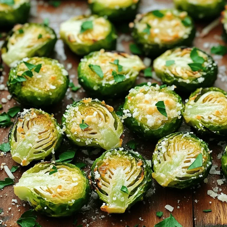 To make Roasted Garlic Parmesan Brussels Sprouts, you need some key ingredients. Each one plays a part in making this dish tasty and fun to eat. Here’s what you will need: - 1 lb Brussels sprouts, trimmed and halved - 4 cloves garlic, minced - 1/4 cup grated Parmesan cheese - 3 tablespoons olive oil - 1 teaspoon balsamic vinegar - 1 teaspoon dried thyme - Salt and pepper to taste - Optional: Fresh parsley, chopped for garnish These ingredients blend to create a delicious flavor. The Brussels sprouts are tender and crispy, while the garlic adds a nice kick. The Parmesan melts beautifully, giving a rich taste. Olive oil helps everything roast to perfection. Balsamic vinegar adds a touch of sweetness that balances the dish. Thyme gives an earthy note that rounds it all out. You can add fresh parsley on top for a pop of color and freshness. For the full recipe, check out the cooking steps that follow. Each step will help you bring this delightful dish to your table! Start by washing the Brussels sprouts. Look for any bad leaves and pull them off. Trim the ends and cut each sprout in half. This helps them cook evenly. In a big bowl, combine the halved Brussels sprouts, minced garlic, olive oil, balsamic vinegar, dried thyme, salt, and pepper. Use your hands to mix everything well. Make sure each sprout gets a nice coat of the mix. This step is key for flavor. - Initial roasting Spread the Brussels sprouts on a baking sheet. Make sure they are in a single layer. This helps them roast better. Place the sheet in a preheated oven at 400°F (200°C). Roast for 20-25 minutes. Stir halfway through to ensure even cooking. You want them tender and crispy on the edges. - Adding Parmesan cheese After the first roasting, take the baking sheet out. Sprinkle the grated Parmesan cheese over the sprouts. Make sure the cheese covers them well. This adds a rich, savory flavor. - Final roasting steps Return the baking sheet to the oven. Roast for another 5 minutes. Watch for the cheese to melt and turn golden brown. Once done, remove from the oven. Let them cool slightly before serving. You can add chopped parsley for a fresh touch. For the full recipe, check out the details above. Enjoy your delicious Roasted Garlic Parmesan Brussels Sprouts! Roasting Brussels sprouts is easy if you follow some simple steps. - Cut them evenly: Halve each sprout to ensure they cook at the same rate. - Use enough oil: Coat them well with olive oil. This helps them crisp up nicely. - Spread them out: Place the sprouts on the baking sheet in a single layer. This allows hot air to reach all sides. - Stir halfway: Flip the sprouts midway to ensure even cooking and browning. To make your Brussels sprouts even tastier, try these tips: - Add spices: Sprinkle some red pepper flakes for heat. Garlic powder adds more depth. - Use fresh herbs: Fresh thyme or rosemary can bring a bright taste. - Try different cheeses: Substitute Parmesan with Pecorino Romano for a sharper flavor. - Add a splash of lemon: A squeeze of lemon juice before serving brightens the dish. Sometimes, you might not have all the ingredients on hand. Here are some easy swaps: - Brussels sprouts: Use cauliflower or broccoli for a different veggie. - Parmesan cheese: Nutritional yeast can work for a vegan option. - Olive oil: Use melted butter or avocado oil if needed. - Balsamic vinegar: Red wine vinegar or apple cider vinegar can add a nice tang. For the full recipe, refer to the above section. {{image_2}} You can easily make a cheesy garlic version of Roasted Garlic Parmesan Brussels Sprouts. Just add more cheese! Try mixing in a blend of mozzarella or Gruyère cheese. This will give your sprouts a nice, gooey texture. You can sprinkle the extra cheese on top before the final roasting step. It melts beautifully and adds to the flavor. For a vegan alternative, replace the Parmesan cheese with nutritional yeast. Nutritional yeast has a cheesy flavor without any dairy. You can also use a vegan cheese that melts well. Be sure to check the labels to confirm they are dairy-free. This option keeps the dish creamy and flavorful. You can also play with flavors to make your dish unique. Consider adding a hint of lemon juice for brightness. A sprinkle of chili flakes can add some heat. You might also try different herbs like rosemary or oregano. Each of these additions can elevate your Brussels sprouts. Experimenting with flavors makes cooking fun and personal. For more details and a full list of ingredients, check the Full Recipe. After you enjoy your Roasted Garlic Parmesan Brussels Sprouts, store the leftovers right. First, let them cool to room temperature. Next, place them in an airtight container. Keep them in the fridge for up to three days. Make sure to seal the container well. This keeps the sprouts fresh and tasty. To reheat your Brussels sprouts, use the oven for the best results. Preheat the oven to 350°F (175°C). Spread the leftovers on a baking sheet. Heat them for about 10-15 minutes or until warm. You can also use the microwave. Place them in a microwave-safe dish. Heat for 1-2 minutes or until hot. Keep an eye on them so they don’t get soggy. You can freeze Roasted Garlic Parmesan Brussels Sprouts, but they lose some texture. If you want to freeze them, do it after cooling. Place them in a freezer-safe bag or container. Squeeze out any extra air before sealing. They can stay in the freezer for up to three months. When ready to eat, thaw them in the fridge overnight. Reheat in the oven or microwave for a quick meal. For full details on making this dish, check out the Full Recipe. You can tell Brussels sprouts are done when they are tender and golden. A fork should easily pierce them. They should also be crispy on the edges. Check them around 20 minutes of roasting. If you want more crunch, roast a bit longer. Yes, you can use frozen Brussels sprouts. However, they may not get as crispy. Thaw them first and make sure to dry them well. This helps them roast better. Adjust cooking time if needed, as they may need a little more time to cook through. These Brussels sprouts pair well with many dishes. They go great with roasted chicken or steak. You can also serve them with a grain like quinoa or rice. For a lighter meal, try them with a fresh salad. Feel free to get creative and mix and match! You can find the full recipe in the earlier section. Roasted Garlic Parmesan Brussels Sprouts are simple and tasty. You learned about the key ingredients, like Brussels sprouts and garlic. I shared easy steps to roast them perfectly. Tips and tricks help boost the flavor and offer substitutes. You can also try tasty variations to match your needs. Lastly, I covered how to store and reheat leftovers. Enjoy experimenting with this dish for great meals. You’ll impress friends and family with your new skills.