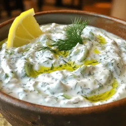 To make your easy tzatziki sauce, gather these ingredients: - 1 cup Greek yogurt - 1 medium cucumber, grated and excess moisture squeezed out - 2 cloves garlic, minced - 1 tablespoon fresh dill, chopped - 1 tablespoon fresh mint, chopped - 1 tablespoon lemon juice - 1 tablespoon olive oil - Salt and pepper to taste I measure ingredients by volume and weight. Here are the units I use: - Cup for yogurt - Medium for cucumber - Tablespoon for herbs and oil - Cloves for garlic For the best results, I recommend these brands: - Greek yogurt: Fage or Chobani - Fresh herbs: Local farmers' market or organic brands - Olive oil: California Olive Ranch or Colavita These choices enhance flavor and freshness in your tzatziki sauce. For the full recipe, check out the details above. Enjoy making this refreshing dip! To make tzatziki, first gather all your ingredients. You need Greek yogurt, cucumber, garlic, dill, mint, lemon juice, olive oil, salt, and pepper. Start by grating the cucumber. Use a box grater for this task. After grating, place the cucumber in a clean cloth. Squeeze it tightly to remove excess water. This step is key. Too much moisture will make your sauce runny. In a medium bowl, add the Greek yogurt and grated cucumber. Use a spatula or a spoon to mix them well. Next, add the minced garlic, chopped dill, and chopped mint. Stir until everything blends together nicely. Now, drizzle in the lemon juice and olive oil. Continue mixing until the sauce appears smooth and creamy. Finally, season with salt and pepper. Taste it and adjust the flavors if needed. Tzatziki sauce is a great dip for veggies or pita bread. You can also serve it with grilled meats or fish. For a fun twist, use it on sandwiches or wraps. Don’t forget to chill it in the fridge for 30 minutes. This helps all the flavors come together. For the full recipe, check the previous section. To get the best texture, use thick Greek yogurt. This gives your tzatziki a creamy feel. Grate the cucumber finely and squeeze out as much water as you can. Too much moisture makes the sauce runny. Mix everything well, so it is smooth and even. Letting it chill helps it thicken too. You can boost the flavor in simple ways. Try adding more herbs like parsley or basil. A little bit of chili powder can add a nice kick. Experiment with garlic; you can use roasted garlic for a sweet touch. A splash of vinegar can also brighten the taste. Taste as you go to find what you like best. Avoid using too much cucumber; it can drown out the yogurt's creaminess. Don’t skip the salt; it brings out the flavors. If you rush and skip chilling, the flavors won’t blend well. Also, be careful with the garlic; too much can overpower the dish. Follow the Full Recipe closely for the best results. {{image_2}} You can change the taste of tzatziki by using different herbs. While dill and mint are classic choices, you can try others. Fresh parsley or chives can add a nice twist. You might even add a pinch of oregano for an earthy flavor. Experimenting with herbs keeps your tzatziki fresh and fun. If you want a vegan tzatziki, use plant-based yogurt. Coconut or almond yogurt works great. Just follow the same steps in the Full Recipe. It tastes just as good without dairy. You can also add a splash of vinegar for a tangy kick. For those who love heat, try adding some spice. A pinch of cayenne pepper can heat things up. If you want more flavor, chop up some jalapeños and mix them in. This gives your tzatziki a fresh, spicy touch. Adjust the heat to fit your taste! Store tzatziki sauce in an airtight container. This keeps it fresh for longer. Place the sauce in the fridge right after making it. Use a clean spoon to scoop out portions. This prevents germs from getting in. Tzatziki sauce will last about 3 to 5 days in the fridge. If you want to keep it longer, you can freeze it. Just pour it into a freezer-safe container. Leave some space at the top for expansion. It can last up to 2 months in the freezer. When you’re ready to eat it, thaw it in the fridge overnight. You do not need to heat tzatziki sauce. It tastes best cold. If you find it a bit watery after thawing, stir it well. You can also add a bit of yogurt or grated cucumber to restore the texture. Enjoy it with your favorite dishes or as a dip! Tzatziki sauce pairs well with many dishes. It is a classic side for gyros and souvlaki. You can also use it with grilled meats and fresh veggies. I love it as a dip for pita bread or chips. It adds a cool and creamy touch to any meal. Serve it alongside roasted veggies for a tasty treat. Yes, you can use sour cream. It will change the flavor a bit. Sour cream is tangy and creamy, just like Greek yogurt. However, Greek yogurt has more protein and a thicker texture. If you prefer a lighter option, stick with Greek yogurt. Both versions can taste great in your tzatziki sauce. Tzatziki sauce lasts about three to four days in the fridge. Store it in a covered container. Keep it cool and away from other strong-smelling foods. If you notice any off smells or changes in texture, it’s best to toss it. Always trust your senses to keep food safe. In this blog post, we covered how to make tasty tzatziki sauce. We listed key ingredients, their measurements, and top brands. You learned the steps to prepare and mix, plus creative ways to serve. We shared tips for texture, flavor, and common slip-ups. You discovered fun variations, safe storage methods, and answers to your questions. Tzatziki is a simple sauce that can enhance many meals. Now, enjoy experimenting with flavors and making it your own!
