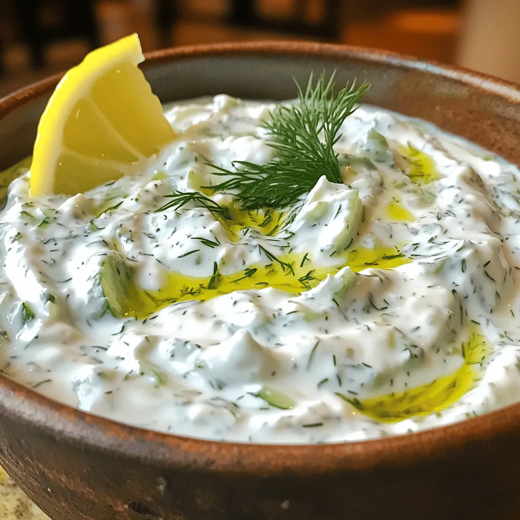 To make your easy tzatziki sauce, gather these ingredients: - 1 cup Greek yogurt - 1 medium cucumber, grated and excess moisture squeezed out - 2 cloves garlic, minced - 1 tablespoon fresh dill, chopped - 1 tablespoon fresh mint, chopped - 1 tablespoon lemon juice - 1 tablespoon olive oil - Salt and pepper to taste I measure ingredients by volume and weight. Here are the units I use: - Cup for yogurt - Medium for cucumber - Tablespoon for herbs and oil - Cloves for garlic For the best results, I recommend these brands: - Greek yogurt: Fage or Chobani - Fresh herbs: Local farmers' market or organic brands - Olive oil: California Olive Ranch or Colavita These choices enhance flavor and freshness in your tzatziki sauce. For the full recipe, check out the details above. Enjoy making this refreshing dip! To make tzatziki, first gather all your ingredients. You need Greek yogurt, cucumber, garlic, dill, mint, lemon juice, olive oil, salt, and pepper. Start by grating the cucumber. Use a box grater for this task. After grating, place the cucumber in a clean cloth. Squeeze it tightly to remove excess water. This step is key. Too much moisture will make your sauce runny. In a medium bowl, add the Greek yogurt and grated cucumber. Use a spatula or a spoon to mix them well. Next, add the minced garlic, chopped dill, and chopped mint. Stir until everything blends together nicely. Now, drizzle in the lemon juice and olive oil. Continue mixing until the sauce appears smooth and creamy. Finally, season with salt and pepper. Taste it and adjust the flavors if needed. Tzatziki sauce is a great dip for veggies or pita bread. You can also serve it with grilled meats or fish. For a fun twist, use it on sandwiches or wraps. Don’t forget to chill it in the fridge for 30 minutes. This helps all the flavors come together. For the full recipe, check the previous section. To get the best texture, use thick Greek yogurt. This gives your tzatziki a creamy feel. Grate the cucumber finely and squeeze out as much water as you can. Too much moisture makes the sauce runny. Mix everything well, so it is smooth and even. Letting it chill helps it thicken too. You can boost the flavor in simple ways. Try adding more herbs like parsley or basil. A little bit of chili powder can add a nice kick. Experiment with garlic; you can use roasted garlic for a sweet touch. A splash of vinegar can also brighten the taste. Taste as you go to find what you like best. Avoid using too much cucumber; it can drown out the yogurt's creaminess. Don’t skip the salt; it brings out the flavors. If you rush and skip chilling, the flavors won’t blend well. Also, be careful with the garlic; too much can overpower the dish. Follow the Full Recipe closely for the best results. {{image_2}} You can change the taste of tzatziki by using different herbs. While dill and mint are classic choices, you can try others. Fresh parsley or chives can add a nice twist. You might even add a pinch of oregano for an earthy flavor. Experimenting with herbs keeps your tzatziki fresh and fun. If you want a vegan tzatziki, use plant-based yogurt. Coconut or almond yogurt works great. Just follow the same steps in the Full Recipe. It tastes just as good without dairy. You can also add a splash of vinegar for a tangy kick. For those who love heat, try adding some spice. A pinch of cayenne pepper can heat things up. If you want more flavor, chop up some jalapeños and mix them in. This gives your tzatziki a fresh, spicy touch. Adjust the heat to fit your taste! Store tzatziki sauce in an airtight container. This keeps it fresh for longer. Place the sauce in the fridge right after making it. Use a clean spoon to scoop out portions. This prevents germs from getting in. Tzatziki sauce will last about 3 to 5 days in the fridge. If you want to keep it longer, you can freeze it. Just pour it into a freezer-safe container. Leave some space at the top for expansion. It can last up to 2 months in the freezer. When you’re ready to eat it, thaw it in the fridge overnight. You do not need to heat tzatziki sauce. It tastes best cold. If you find it a bit watery after thawing, stir it well. You can also add a bit of yogurt or grated cucumber to restore the texture. Enjoy it with your favorite dishes or as a dip! Tzatziki sauce pairs well with many dishes. It is a classic side for gyros and souvlaki. You can also use it with grilled meats and fresh veggies. I love it as a dip for pita bread or chips. It adds a cool and creamy touch to any meal. Serve it alongside roasted veggies for a tasty treat. Yes, you can use sour cream. It will change the flavor a bit. Sour cream is tangy and creamy, just like Greek yogurt. However, Greek yogurt has more protein and a thicker texture. If you prefer a lighter option, stick with Greek yogurt. Both versions can taste great in your tzatziki sauce. Tzatziki sauce lasts about three to four days in the fridge. Store it in a covered container. Keep it cool and away from other strong-smelling foods. If you notice any off smells or changes in texture, it’s best to toss it. Always trust your senses to keep food safe. In this blog post, we covered how to make tasty tzatziki sauce. We listed key ingredients, their measurements, and top brands. You learned the steps to prepare and mix, plus creative ways to serve. We shared tips for texture, flavor, and common slip-ups. You discovered fun variations, safe storage methods, and answers to your questions. Tzatziki is a simple sauce that can enhance many meals. Now, enjoy experimenting with flavors and making it your own!