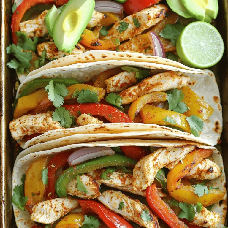 To make these easy sheet pan fajitas, gather these ingredients: - 1 pound chicken breast, sliced into thin strips - 1 red bell pepper, sliced - 1 green bell pepper, sliced - 1 yellow onion, sliced - 3 tablespoons olive oil - 2 teaspoons chili powder - 1 teaspoon cumin - 1 teaspoon garlic powder - 1 teaspoon onion powder - 1 teaspoon smoked paprika - Salt and pepper to taste - Tortillas for serving - Optional toppings: avocado, sour cream, cilantro, lime wedges The spices in this recipe make your fajitas pop. Chili powder adds heat and depth. Cumin gives a warm, earthy taste. Garlic powder and onion powder round out the flavor. Smoked paprika adds a hint of smokiness. These spices create a balance that makes every bite tasty. Adjust the seasoning to fit your taste. Want it spicier? Add more chili powder. Prefer it milder? Just hold back. Toppings can change your fajitas from great to amazing. Avocado adds creaminess and healthy fats. Sour cream cools the heat and adds richness. Fresh cilantro brings brightness and a pop of flavor. A squeeze of lime gives a nice zing. These toppings let you create your own perfect fajita. Use what you love to make it your own. Start by gathering your ingredients. You need: - 1 pound chicken breast, sliced into thin strips - 1 red bell pepper, sliced - 1 green bell pepper, sliced - 1 yellow onion, sliced - 3 tablespoons olive oil - 2 teaspoons chili powder - 1 teaspoon cumin - 1 teaspoon garlic powder - 1 teaspoon onion powder - 1 teaspoon smoked paprika - Salt and pepper to taste - Tortillas for serving - Optional toppings: avocado, sour cream, cilantro, lime wedges Next, wash and slice your veggies. Use a sharp knife for clean cuts. This helps everything cook evenly. Slice the chicken into thin strips. Thin pieces cook faster and stay juicy. Preheat your oven to 400°F (200°C). Line a large baking sheet with parchment paper. This makes cleanup easy. In a large bowl, mix the chicken, sliced bell peppers, and onion. Drizzle the olive oil over the mix. Add the spices: chili powder, cumin, garlic powder, onion powder, smoked paprika, salt, and pepper. Toss everything well. Make sure all the pieces are coated. Spread the mix evenly on the baking sheet. Bake for 20-25 minutes. Stir halfway through for even cooking. Check that the chicken is cooked and the veggies are tender. Once finished, remove the sheet from the oven. Let it cool for a few minutes. This helps avoid burns when you serve. Warm your tortillas before serving. You can do this in a dry skillet over medium heat. Alternatively, hold them over a gas flame for a few seconds until pliable. To serve, place the chicken and veggie mix on the warmed tortillas. Add your favorite toppings. You can use avocado, sour cream, cilantro, or lime wedges for extra flavor. Enjoy your meal with friends and family! For a detailed recipe, check the Full Recipe. To get the best flavor, use a mix of spices. I like to use chili powder, cumin, garlic powder, onion powder, and smoked paprika. These spices give the fajitas a warm taste. Make sure to coat the chicken and veggies well. Mix them in a bowl before cooking. This helps the flavors blend together. For juicy chicken, choose fresh breasts and cut them into thin strips. This helps them cook evenly. Bake at 400°F (200°C) for about 20-25 minutes. Stir halfway to ensure all sides cook well. For tender veggies, use bell peppers and onions. They add sweetness and color. Cut them thick enough to hold their shape. I always use parchment paper on my baking sheet. This keeps the food from sticking. It makes cleanup super easy! After cooking, you can just toss the paper away. No scrubbing needed! Plus, it helps keep the chicken and veggies moist. You will love how simple this makes the whole process. For the complete recipe, check out the Full Recipe. {{image_2}} You can easily make fajitas without meat. Use hearty vegetables like zucchini or mushrooms. Add black beans for protein. Try corn for sweetness. These options give you great flavor and texture. You can mix and match your favorite veggies. Just use the same spices from the original recipe. This way, you keep that bold taste. If you want a twist, change the protein. Steak gives a rich flavor. Slice it thin for even cooking. Shrimp cooks fast and adds a nice touch. Just adjust the cooking time to avoid overcooking. Tofu is a great plant-based choice. Press it first to remove extra moisture. Then, cut it into cubes and marinate with spices. Each protein offers a unique taste and experience. You can go low-carb or gluten-free with your tortillas. Lettuce wraps are fresh and crunchy. They give a nice contrast to the warm filling. Cauliflower tortillas are another great choice. They are soft and hold up well with fillings. You can also look for whole grain or corn tortillas. These options can help you stay on track with healthy eating. Enjoy your fajitas without guilt! When you have leftover fajitas, store them right. Place them in an airtight container. This helps keep them fresh. If you leave them out, they will dry out. Make sure to cool them first. The best way to enjoy them later is to store chicken and veggies separately from tortillas. To reheat your fajitas, use a skillet. Heat it on medium. Add a splash of water to keep them moist. Stir often for even heat. You can also use a microwave. Just cover the dish and heat for one to two minutes. Check often to avoid overcooking. You can freeze your fajitas for later. First, let them cool completely. Place them in a freezer-safe bag. Squeeze out excess air before sealing. They can last up to three months in the freezer. When ready to eat, thaw in the fridge overnight. Reheat as mentioned above for the best taste. To make fajitas less spicy, reduce the chili powder. You can also skip the smoked paprika. Adding more veggies like bell peppers and onions helps too. These add flavor without heat. Consider serving with toppings like sour cream or avocado. They cool down the spice and add creaminess. Yes, you can prepare sheet pan fajitas in advance. Chop the veggies and chicken ahead of time. Keep them in the fridge until you are ready to cook. You can also marinate the chicken overnight for more flavor. Just remember to cook them fresh for the best taste. Sheet pan fajitas pair well with many sides. Here are a few ideas: - Mexican rice - Refried beans - Corn on the cob - Guacamole and chips - A fresh salad These sides add balance and color to your meal. For the full recipe, check out the details above. You’ll find all the ingredients and steps to make this dish shine. Enjoy the cooking! In this article, we explored easy sheet pan fajitas, from ingredients to cooking tips. You learned about key spices, optional toppings, and the best methods for preparation. Remember to try different proteins and customize your fajitas to suit your taste. I hope these tips help you make delicious meals with less fuss. Enjoy experimenting and sharing these tasty dishes with family and friends. Celebrating simple cooking can bring everyone together!