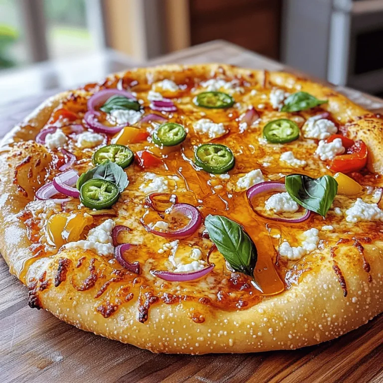 - 1 pre-made pizza crust - 1 cup pizza sauce - 2 cups shredded mozzarella cheese - 1/2 cup crumbled goat cheese - 1 small red onion, thinly sliced - 1 red bell pepper, sliced - 1 jalapeño, thinly sliced - 3 tablespoons hot honey - Fresh basil leaves for garnish - Salt and pepper to taste - Additional spicy peppers - Arugula or mixed greens - Sliced olives - Using regular honey with cayenne pepper - Alternative cheeses like feta or ricotta When you make hot honey drizzle pizza, the right ingredients matter. The pre-made crust gives a solid base. The pizza sauce adds a rich flavor. Mozzarella cheese melts beautifully, while goat cheese brings a creamy touch. The red onion, bell pepper, and jalapeño add crunch and heat. You can choose to add more toppings if you want. Spicy peppers can kick things up a notch. Arugula or mixed greens can add a fresh taste. Sliced olives bring a briny flavor that pairs well. If you want to change up the spice, use regular honey with a pinch of cayenne. You can also swap cheeses for feta or ricotta for a different twist. Each choice helps you make a pizza that's just right for you. For the full recipe, click here. - Preheat your oven to 475°F (245°C). If you have a pizza stone, place it inside to heat. - On a floured surface, roll out the pizza crust. Choose your preferred thickness. - Brush the crust with olive oil for a nice golden look. - Spread the pizza sauce evenly on the crust. Leave about half an inch for the crust edge. - Sprinkle the shredded mozzarella cheese over the sauce. Follow this with crumbled goat cheese. - Add your sliced vegetables on top of the cheese. Use red onion, bell pepper, and jalapeño. - Season with salt and pepper to enhance the taste. - Carefully place the pizza in the hot oven. Bake for 12-15 minutes. Look for a golden crust and bubbly cheese. - Take the pizza out and drizzle hot honey over the top. Let it soak into the cheese and veggies. - Allow it to sit for a couple of minutes. Finally, garnish with fresh basil leaves before slicing. For full details on ingredients and cooking time, check out the Full Recipe. To get a great crust, start with the right dough. If you use homemade crust, let it rest. This helps it relax and rise. Store-bought crust is quick and easy. Just follow the package instructions. Always roll it out evenly. A thin crust cooks faster and adds a nice crunch. For the best cheese blend, mix mozzarella and goat cheese. Mozzarella melts well, while goat cheese adds a tangy kick. To avoid soggy pizza, don’t overload on sauce or veggies. Keep toppings light to let the crust stay crisp. Add hot honey right after baking. This keeps the honey warm and runny. For even drizzle, use a spoon or small squeeze bottle. Start in the center and move outward. This way, every bite gets that sweet heat! For the full recipe, check out my detailed guide. {{image_2}} You can make your Hot Honey Drizzle Pizza even tastier by adding proteins. Chicken works great; grilled or shredded, it adds a nice touch. Sausage is another good choice. Try spicy Italian sausage for some extra kick. Pepperoni is a classic that never disappoints. Just layer your chosen protein on top of the cheese before baking. For a fresh and vibrant twist, try using roasted vegetables. Bell peppers, zucchini, and mushrooms bring color and flavor. You can also add spinach or artichokes for a nice change. If you want a plant-based option, use vegan cheese. This way, you still enjoy that creamy texture without dairy. Want to take your pizza to the next level? Add some pineapple for a sweet and spicy combo. The sweetness balances the heat from the hot honey. You could also try figs or peaches for a unique flavor. Just slice them thinly and place them on top before baking. The mix of sweet and spicy will surprise your taste buds! For more ideas, check out the Full Recipe for Hot Honey Drizzle Pizza. To keep your hot honey drizzle pizza fresh, wrap slices in plastic wrap. You can also use an airtight container. Store it in the fridge for up to four days. This method helps preserve the flavors and texture. Avoid stacking slices to prevent them from sticking together. For the best taste and texture, reheat in the oven. Preheat your oven to 350°F (175°C). Place the pizza on a baking sheet. Heat for about 10-15 minutes. This will keep the crust crispy and the cheese melty. You can also microwave for quick reheating, but the crust may get soggy. If you want to save some pizza for later, freezing is a great option. Let the pizza cool completely. Wrap each slice tightly in plastic wrap, then place in a freezer bag. You can freeze whole pizzas, too. Just wrap it well to prevent freezer burn. It can last up to three months in the freezer. To enjoy, thaw in the fridge overnight, then reheat as mentioned above. Remember, you can make this tasty pizza anytime using the Full Recipe! Hot honey is a sweet and spicy blend of honey infused with chili peppers. It adds a unique kick to dishes, especially pizza. You can find hot honey in many grocery stores, often in the condiment aisle. If you prefer, you can also make it at home. Just mix regular honey with a pinch of cayenne pepper to create your own spicy version. Yes, you can make this pizza without hot honey. If you want a sweet flavor, use regular honey. You can also add a sprinkle of red pepper flakes for some heat. If you don’t want any spice, just skip the honey. The pizza will still taste great with the cheese and veggies. The spice level of hot honey drizzle pizza depends on the type of hot honey you use. Some brands have a mild kick, while others can be quite spicy. To adjust the heat, use less hot honey or remove the seeds from jalapeños. You can always add more spice later if you like it hotter. Enjoy the balance of sweetness and spice! This blog post shared a simple pizza recipe featuring pre-made crust and fresh toppings. You learned how to bake a delicious pizza with mozzarella and goat cheese, plus tips for perfecting the crust. You can customize your pizza with proteins or veggies and even explore spicy and sweet combinations. Remember to store leftovers properly and reheat them correctly for the best taste. Making pizza at home can be fun and tasty, with endless options to try! Enjoy getting creative with your next pizza night!