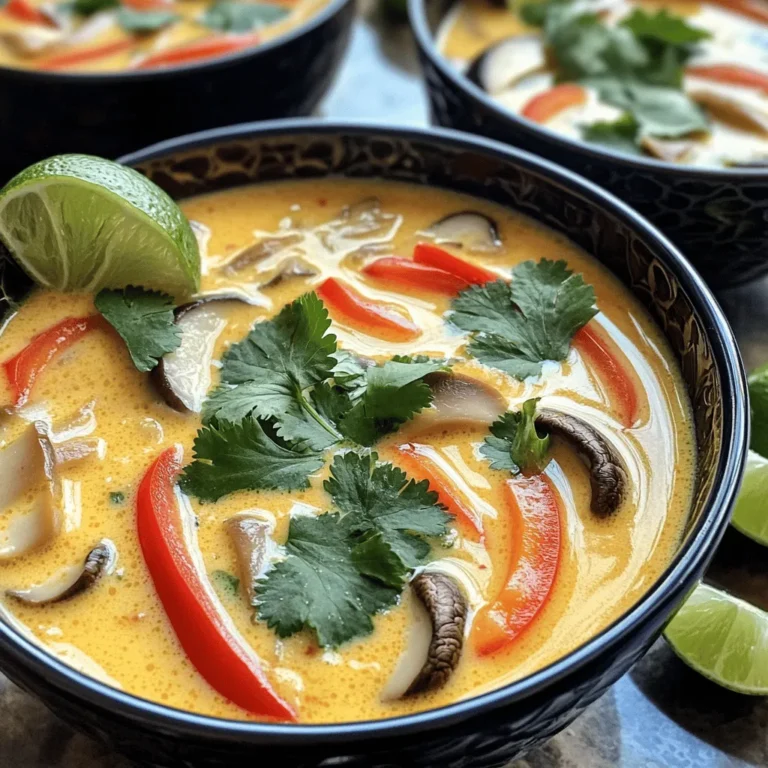 To make a great Thai coconut soup, you need these main ingredients: - 1 can (400ml) coconut milk - 2 cups vegetable broth - 1 cup mushrooms, sliced - 1 red bell pepper, julienned - 1 medium onion, thinly sliced - 2 garlic cloves, minced - 1-inch piece of ginger, grated Coconut milk gives the soup a creamy base. The vegetable broth adds depth. Fresh veggies like mushrooms and bell peppers add flavor and crunch. The right seasonings make this soup special. Here are what you need: - 2 tablespoons red curry paste - 1 tablespoon soy sauce - Juice of 1 lime Red curry paste adds heat and spice. Soy sauce gives it a savory touch. Fresh lime juice brightens the flavors and adds zing. Garnishes help make your soup look and taste even better. Consider these options: - Fresh cilantro - Additional lime wedges - Chili flakes for heat Cilantro adds freshness, while lime wedges let you adjust the tartness to your liking. Chili flakes can give your soup a spicy kick. You can find the full recipe to create this delightful dish later. Enjoy the cooking process! To start, gather all your ingredients. Here is what you need: - 1 can (400ml) coconut milk - 2 cups vegetable broth - 1 cup mushrooms, sliced - 1 red bell pepper, julienned - 1 medium onion, thinly sliced - 2 garlic cloves, minced - 1-inch piece of ginger, grated - 2 tablespoons red curry paste - 1 tablespoon soy sauce - Juice of 1 lime - 1 tablespoon olive oil - Fresh cilantro, for garnish - Salt and pepper to taste Next, prep your vegetables. Slice the onion into thin pieces. Mince the garlic cloves and grate the ginger. Cut the mushrooms into slices and julienne the red bell pepper. Having everything ready makes cooking easier. Now, let’s cook! In a large pot, heat the olive oil over medium heat. Add the sliced onion and sauté for about three to four minutes, or until it is translucent. This step builds a nice base for your soup. Then, stir in the minced garlic and grated ginger. Cook for about one minute until the mixture smells great. Now, add the red curry paste to the pot. Stir well to combine it with the onion mixture. Cook for two more minutes to let the flavors shine. Next, pour in the vegetable broth and coconut milk. Stir well to mix the curry paste into the liquids. Bring this mixture to a simmer. Now, add the sliced mushrooms and julienned red bell pepper. Cook for about five to seven minutes until the vegetables are tender and colorful. Finally, season the soup with soy sauce, lime juice, and salt and pepper to taste. Make sure to stir well. Once everything blends, remove the pot from the heat. Ladle the soup into bowls and garnish with fresh cilantro. For a full experience, check the Full Recipe to enjoy this delicious Thai Coconut Soup. To get great taste, adjust the spice with red curry paste. Start with one tablespoon. Taste, then add more if you like it spicy. Fresh lime juice also brightens the soup. It adds zing and balances rich coconut milk. I squeeze in the juice right before serving for the best flavor. Cooking your veggies just right gives the soup the best texture. Sauté mushrooms and bell peppers until they are tender, but not mushy. For the milk, I recommend full-fat coconut milk. It makes the soup creamy and rich. Light coconut milk can work, but it may not have the same depth of flavor. When serving, use deep bowls to hold the soup. This keeps it warm and looks nice. For garnish, sprinkle fresh cilantro on top. It adds color and fresh taste. You can also add lime wedges on the side. This lets guests add more lime juice as they like. {{image_2}} You can make Thai coconut soup your own by adding protein. Chicken or tofu are great choices. If you like chicken, use cooked, shredded pieces. Tofu is a fantastic option for a vegetarian soup. Firm tofu works best. Just cut it into cubes and add it to the pot. If you enjoy seafood, shrimp is another tasty addition. Cook the shrimp until they turn pink. This should take just a few minutes. Add them near the end of cooking to keep them tender. You can switch up the broth for more flavor. Chicken or seafood broth gives a rich taste. If you want a homemade broth, save vegetable scraps when cooking. Boil them with water for a few hours. This will create a simple broth that adds depth to your soup. Changing up the vegetables can also boost the soup's taste. Spinach or bok choy add nice greens. Just toss them in during the last few minutes of cooking. Don't forget about herbs and spices! Fresh basil and lemongrass can enhance the flavor. They bring a fresh, aromatic touch. Experimenting with these ingredients can make each bowl unique. To keep your Thai coconut soup fresh, refrigerate any leftovers right away. Use an airtight container to prevent odors from mixing. It will stay good in the fridge for up to four days. If you want to store it longer, freeze the soup. Pour it into freezer-safe bags or containers. Leave some space at the top for expansion. This soup can last up to three months in the freezer. When it’s time to enjoy your soup again, you can reheat it on the stovetop or in the microwave. For stovetop, pour the soup into a pot and warm it over medium heat. Stir often to keep it smooth. In the microwave, place the soup in a microwave-safe bowl. Heat for one minute, stir, and heat again in 30-second intervals until hot. To keep the texture nice, avoid boiling it. Gentle heating helps maintain its creamy feel. You can store your Thai coconut soup in the fridge for about four days. If it sits longer, check for signs of spoilage. Look for off smells, a change in color, or odd textures. If you see any of these signs, it’s best to toss the soup. Keeping an eye on freshness helps you enjoy this tasty dish at its best. For the full recipe, check the earlier section. Thai Coconut Soup, or Tom Kha Gai, has roots in Thailand's rich culinary history. This dish blends flavors from different regions of Thailand. The soup reflects the balance of sweet, sour, and spicy tastes. Coconut milk plays a key role, providing a rich and creamy texture. Traditionally, it features chicken and herbs, but many variations exist. The dish is not just food; it holds cultural significance. It is often served during family gatherings and celebrations. Yes, you can easily make Thai Coconut Soup vegan. Simply swap out the chicken for tofu or mushrooms. Use vegetable broth instead of chicken broth. Also, check the red curry paste for any animal products. Many brands offer vegan curry pastes. You can add more veggies like bok choy or carrots for extra flavor. This way, you keep the soup's essence while making it plant-based. Coconut milk offers several health benefits. It is rich in healthy fats, which can provide energy. These fats may help support heart health when eaten in moderation. Coconut milk also contains essential vitamins and minerals, like potassium and magnesium. Common misconceptions about coconut milk include the idea that it is unhealthy. While it is high in calories, it can fit into a balanced diet. Just watch your portion sizes. Overall, coconut milk can be a nutritious and delicious choice in recipes like Thai Coconut Soup. Thai Coconut Soup is a delightful blend of flavors and textures. We explored its main ingredients, like creamy coconut milk and fresh veggies. The seasonings, such as red curry paste and lime juice, gave it a bright kick. You learned steps to cook the soup perfectly and how to store leftovers. Remember, you can customize it by adding proteins or changing the broth. Enjoy making this warming dish that’s both tasty and nourishing!