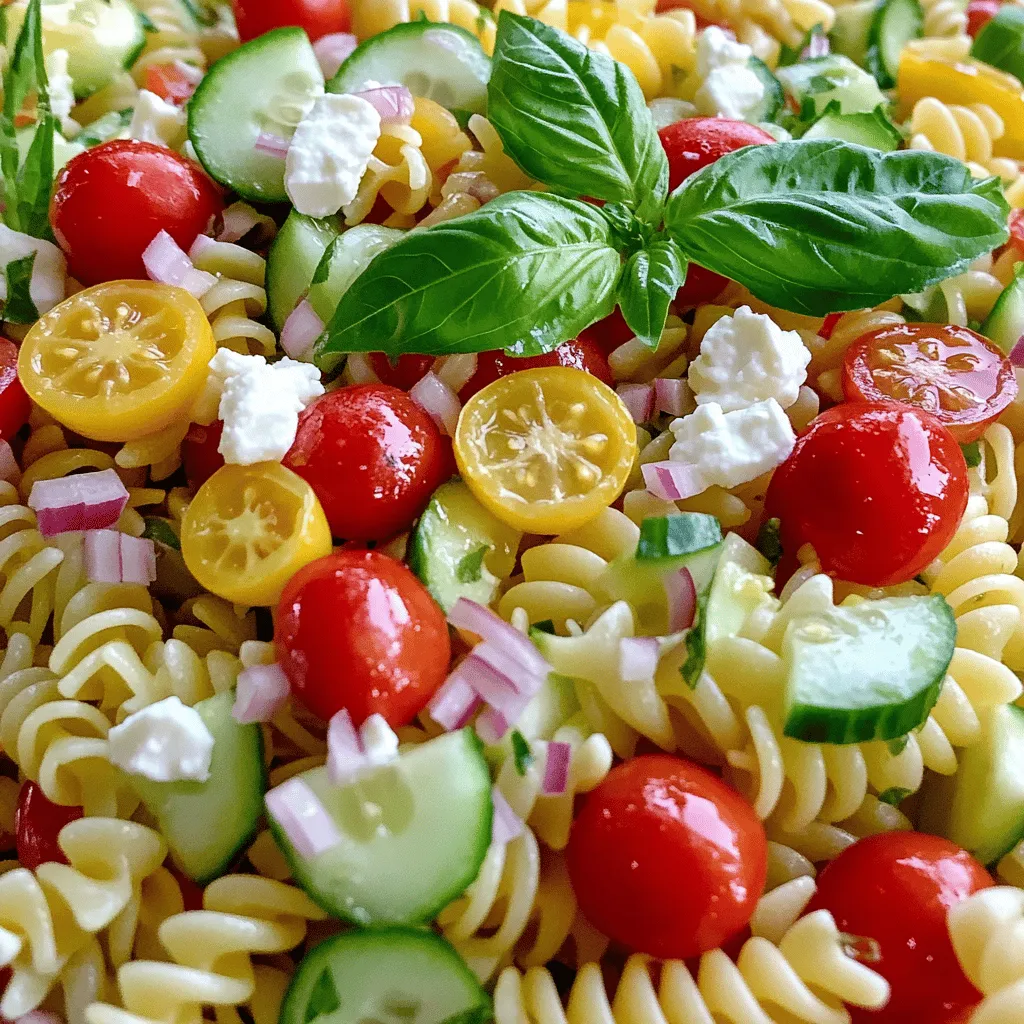 Creating a tasty Lemon Basil Pasta Salad starts with the right ingredients. Here’s what you need: - Pasta - 8 oz (about 225g) rotini or fusilli pasta - Vegetables - 1 cup cherry tomatoes, halved - 1 cup cucumber, diced - 1/2 cup red bell pepper, diced - 1/4 cup red onion, finely chopped - Dressing Components - 1/4 cup extra virgin olive oil - 3 tablespoons lemon juice - 1 teaspoon lemon zest - Salt and pepper to taste - Garnishes - 1/2 cup fresh basil leaves, chopped - 1/4 cup feta cheese, crumbled These ingredients blend together to create a vibrant and fresh dish. Each bite bursts with flavor. The pasta provides a hearty base. The veggies add color and crunch. The dressing brings a zesty brightness. And the basil and feta finish it off with a touch of creaminess. For the full recipe, check out the details provided earlier. By choosing fresh and high-quality ingredients, you ensure the best taste and presentation. Let’s get cooking! Cooking Pasta To start, you need to cook the pasta. Boil water in a large pot. Add a pinch of salt for flavor. Cook the pasta until it is al dente, about 8 to 10 minutes. Stir it occasionally so it does not stick. Once done, drain the pasta and set it aside. Cooling the Pasta After draining, rinse the pasta under cold water. This stops the cooking process and cools it down quickly. Spread the pasta on a large plate or baking sheet. Let it sit for a few minutes while you prepare the other ingredients. Combining Vegetables In a large mixing bowl, combine the cooled pasta with your vegetables. Add the halved cherry tomatoes, diced cucumber, red bell pepper, and red onion. Make sure to mix gently so the pasta does not break. Preparing the Dressing In a small bowl, whisk together the extra virgin olive oil, lemon juice, and lemon zest. Add salt and pepper to taste. Whisk until the dressing is smooth and well combined. This bright lemon dressing adds a fresh flavor. Tossing Ingredients Pour the dressing over the pasta and vegetables. Toss gently to coat everything. Be careful not to break the feta cheese. Add the chopped basil last, mixing lightly to keep the flavors intact. Chilling the Salad Cover the bowl with plastic wrap or a lid. Refrigerate the salad for at least 30 minutes. This allows the flavors to blend together. Before serving, give the salad a gentle toss and adjust seasoning if needed. Enjoy your zesty lemon basil pasta salad! For the full recipe, check out the instructions above. Cooking Time for Pasta Start by cooking your pasta. Use rotini or fusilli for this dish. Boil the pasta until it is al dente. This means it should be firm but not hard. Usually, 8 to 10 minutes is enough. After cooking, drain the pasta and rinse it with cold water. This stops the cooking and cools it down. Balancing Flavors Balancing flavors is key to a great pasta salad. Use fresh ingredients like tomatoes and cucumbers for a crisp taste. The lemon juice adds a tangy kick. Make sure to taste as you mix. Adjust salt and pepper to your liking. If you want more zest, add extra lemon juice or zest. Serving Options Serve your pasta salad in a large, attractive bowl. This makes it easy for guests to help themselves. You can also serve it in individual bowls for a nice touch. Garnishing Ideas Garnish with fresh basil leaves on top. This adds color and freshness. A sprinkle of extra feta cheese gives it a nice finish. For a fun twist, add lemon slices around the bowl. This makes it look appealing and bright. For the full recipe, check out the details above! {{image_2}} Using Different Pasta Shapes You can switch up the pasta shape to make this dish fun. Try penne, farfalle, or even whole wheat pasta. Each shape adds a unique texture. Rotini and fusilli hold the dressing well, but any pasta works. Just remember to cook it al dente for the best bite. Alternative Vegetables Feel free to mix in other veggies you love. Bell peppers add crunch, but you can also use zucchini or broccoli. If you want a little heat, add chopped jalapeños. Fresh corn or peas can bring a sweet note. The key is to balance colors and textures for a vibrant salad. Adding Protein Want to make this salad a full meal? Add protein! Grilled chicken or shrimp pairs well with the lemon flavor. You can also use chickpeas for a vegetarian option. Tofu is another great choice if you want something plant-based. Just ensure the protein complements the fresh ingredients. Alternative Dressings While the lemon dressing is bright, you can try other flavors. A balsamic vinaigrette adds a sweet tang. A creamy dressing, like ranch or yogurt-based, gives a different feel. Experiment with herbs in the dressing too. Cilantro or parsley can enhance the flavors even more. For the complete guide on making this delicious dish, refer to the [Full Recipe]. To keep your lemon basil pasta salad fresh, store it in the fridge. Use an airtight container to seal in flavor. It will stay good for three to five days. You might notice the pasta absorbs some dressing over time. If it looks dry, just add a splash of olive oil or lemon juice before serving. This step helps bring back its fresh taste. If you want to save the salad for longer, freezing is an option. However, I recommend freezing just the pasta and veggies, not the dressing. The dressing can separate and change texture when thawed. To freeze, place the cooled pasta and veggies in a freezer bag. Squeeze out the air and seal it tight. You can freeze it for up to three months. When you're ready to eat, thaw in the fridge overnight. Then, mix in a fresh batch of dressing before serving. This keeps your salad bright and tasty. For the full recipe, check the details above. How long can lemon basil pasta salad be stored? You can store lemon basil pasta salad in the fridge for up to three days. Make sure to keep it in an airtight container. The flavors will blend more as it sits, making it even tastier. Can I use dried basil instead of fresh? Yes, you can use dried basil. However, fresh basil gives the best flavor. If you use dried, cut the amount in half. Dried herbs are stronger, so you need less. What are some protein options to add? You can add grilled chicken, shrimp, or chickpeas for protein. These options mix well with the salad. Just make sure they are cooked and cooled before adding. Is this pasta salad suitable for meal prep? Yes, this pasta salad is great for meal prep. You can make it ahead of time and store it. It keeps well in the fridge and is perfect for lunch or dinner. How can I make it gluten-free? To make it gluten-free, use gluten-free pasta. There are many good options available. You can also check labels on other ingredients to ensure they are gluten-free. For the full recipe, check out the details above. Enjoy your fresh and flavorful lemon basil pasta salad! In this article, we explored how to make a delicious pasta salad. We covered the key ingredients, from pasta and vegetables to dressings and garnishes. The step-by-step instructions guide you through cooking, mixing, and chilling your salad. Tips helped you perfect flavors and presentation. You also learned about variations and storage options. Pasta salad is easy to make and adapt. Enjoy experimenting with flavors and discussing your results!