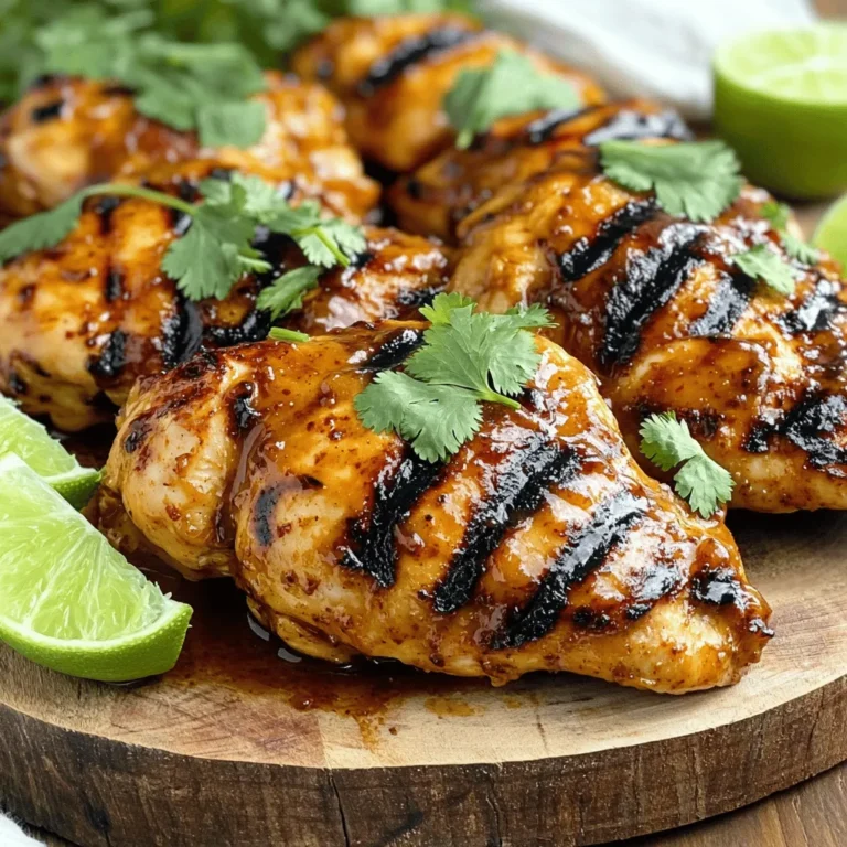- 4 boneless, skinless chicken breasts - 1/2 cup sweet chili sauce - 2 tablespoons soy sauce (or tamari for gluten-free) - 2 tablespoons fresh lime juice - 1 teaspoon lime zest - 1 tablespoon honey - 1 tablespoon sesame oil - 3 cloves garlic, minced - 1 teaspoon fresh ginger, grated - Salt and pepper to taste - Fresh cilantro, for garnish - Lime wedges, for serving - Red pepper flakes for extra heat - Sesame seeds for garnish - Additional herbs like parsley or green onions Gather these ingredients before you start cooking. The sweet chili sauce gives this dish its signature flavor. The lime juice adds a zesty punch that balances the sweetness. Fresh garlic and ginger enhance the dish's aroma. If you want more heat, consider adding red pepper flakes. They can spice up the dish nicely. Sesame seeds add a crunchy texture, and fresh herbs brighten the plate. The key is to use fresh ingredients whenever possible. For the full experience, check out the Full Recipe for detailed steps and tips. To make the marinade, combine the sweet chili sauce, soy sauce, lime juice, lime zest, honey, sesame oil, minced garlic, and grated ginger in a bowl. Mix well. Season this mixture with salt and pepper. Place the chicken breasts in a zip-top bag or shallow dish, and pour the marinade over the top. Seal the bag or cover the dish. For the best flavor, marinate the chicken for at least 30 minutes. If you have more time, let it sit for up to 4 hours. You can cook the chicken either on the grill or in the oven. - Grilling: Preheat your grill to medium heat. Remove the chicken from the marinade and place it on the grill. Cook for about 6-7 minutes on one side. Flip it and cook for another 5-6 minutes until the chicken reaches an internal temperature of 165°F (75°C). - Baking: Preheat your oven to 400°F (200°C). Place the marinated chicken on a parchment-lined baking sheet. Bake for about 25-30 minutes. Flip the chicken halfway through cooking to ensure even cooking. Once the chicken is cooked, take it off the heat. Let it rest for about 5 minutes. This step helps keep the chicken juicy. For serving, slice the chicken and arrange it on a platter. Drizzle with any leftover marinade, but make sure to boil it first to ensure safety. Garnish with fresh cilantro and serve with lime wedges for an extra burst of flavor. You can find the Full Recipe for more details. Marinating is key to great flavor. It allows the chicken to soak up all those tasty juices. I recommend marinating for at least 30 minutes. If you have more time, go for four hours or even overnight. This adds depth to the taste. If you want more sweetness, add a bit more honey. For extra heat, mix in red pepper flakes or sriracha. Adjust according to your taste. To ensure juicy chicken, cook it evenly. If grilling, preheat to medium heat. If baking, set your oven to 400°F (200°C). Always flip the chicken halfway through cooking. This gives a nice, even crust. Using a meat thermometer is a must. Check that the internal temperature reaches 165°F (75°C). This guarantees your chicken is safe to eat and perfectly cooked. Garnishing adds a nice touch. Fresh cilantro brightens the dish. Simply chop some and sprinkle it on top before serving. Lime wedges are great for squeezing on the chicken just before eating. Consider serving with a side of rice or a fresh salad. This balances the meal and complements the sweet chili lime chicken. For a fun twist, serve it in tacos with crunchy veggies. For the full recipe, refer back to the Sweet Chili Lime Chicken section. {{image_2}} You can swap chicken for shrimp or tofu. Shrimp cooks fast, so reduce the grill time to about 3-4 minutes per side. Tofu needs extra prep. Press it to remove water, then cut it into thick slices. Marinate it for at least 30 minutes. Cook tofu on medium heat for about 5-6 minutes on each side until golden brown. Want more heat? Add chili paste or fresh peppers. You can start with a pinch of red pepper flakes for a mild kick. If you prefer sweet over spicy, use agave syrup or maple syrup instead of honey. Just keep the same amount for balance. Get creative with how you serve this dish! Turn it into tacos by placing sliced chicken in soft tortillas. Add fresh veggies and a drizzle of lime juice. You can also create a bowl with rice, quinoa, or salad. Mix in some black beans or corn for a hearty meal. For the complete guide, check the [Full Recipe]. Store your leftovers in an airtight container. Glass or plastic containers work well. This keeps the chicken fresh. Place it in the fridge for up to three days. If you want to eat it later, freezing is a great option. To freeze marinated chicken, place it in a zip-top bag. Make sure to remove as much air as possible. This helps prevent freezer burn. You can freeze it for up to three months. When you're ready to cook it, thaw the chicken overnight in the fridge. This keeps it safe and tasty. The best way to reheat chicken is in the oven. Preheat your oven to 350°F (175°C). Place the chicken in a baking dish and cover it with foil. This keeps the moisture in. Heat for about 15-20 minutes. If you prefer the stovetop, use a skillet over medium heat. Cook for about 5-7 minutes, flipping halfway through. Always check that the chicken is heated to at least 165°F (75°C). This keeps it safe and delicious. To make Sweet Chili Lime Chicken gluten-free, simply swap soy sauce for tamari. Tamari is a great choice since it has a similar taste and is safe for those with gluten issues. You can also look for gluten-free sweet chili sauce. Many brands offer gluten-free options, so check the label while shopping. Yes, you can use frozen chicken for this recipe. Cooking from frozen will take longer, so plan for extra time. If grilling, add 5-10 minutes to the cooking time. For baking, increase the time by about 10-15 minutes. Always check the internal temperature. It should reach 165°F (75°C) for safe eating. Sweet Chili Lime Chicken goes well with many sides. Here are a few great options: - Steamed jasmine rice - Grilled veggies like zucchini and bell peppers - Fresh green salad with lime vinaigrette - Corn on the cob - Roasted sweet potatoes These sides will enhance the flavors of the chicken and make your meal even better. For the full recipe, check out the entire guide! In this post, we explored the tasty Sweet Chili Lime Chicken recipe. We covered the main ingredients, from chicken to sauces, and shared step-by-step cooking methods. I provided tips for perfecting your marinade and even suggested variations for protein and serving style. Remember to store leftovers properly and follow the reheating tips for the best flavor. Now, get cooking! Enjoy the rich flavors and impress your family with this dish. Your efforts will lead to smiles and satisfaction at the dinner table.