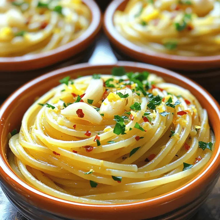 To make a great Spaghetti Aglio e Olio, you need: - 400g spaghetti - 6 cloves garlic, thinly sliced - 1/2 cup extra virgin olive oil These are the three key players in this dish. The spaghetti gives the meal its base. The garlic brings a strong flavor, and the olive oil adds richness. To make your dish even better, consider these garnishes: - 1 teaspoon red pepper flakes (adjust to taste) - 1/4 cup fresh parsley, finely chopped - Freshly grated Parmesan cheese (optional, for serving) Red pepper flakes add heat, parsley gives freshness, and Parmesan adds a nice salty touch. You can elevate your dish with these flavor enhancers: - Zest of 1 lemon (for a fresh twist) - Salt, to taste Lemon zest brightens the dish, while salt brings out all the flavors. Remember, these small additions make a big difference! For the full recipe, check out the Garlic Lover's Spaghetti Aglio e Olio 🧄. 1. Boiling the spaghetti: Fill a large pot with water and add salt. Bring it to a boil. Once boiling, add 400g of spaghetti. Cook until it is al dente, usually about 8 to 10 minutes. Stir it occasionally to prevent sticking. 2. Reserving pasta cooking water: Before you drain the spaghetti, save about 1 cup of the cooking water. This water is starchy and helps the sauce stick to the pasta. 1. Sautéing garlic: In a large skillet, pour 1/2 cup of extra virgin olive oil. Heat it over medium heat. Add 6 cloves of thinly sliced garlic. Sauté the garlic until it turns golden brown, which takes about 2 minutes. Watch it closely to avoid burning. 2. Adding red pepper flakes: Once the garlic is golden, sprinkle in 1 teaspoon of red pepper flakes. Stir them for about 30 seconds. This step releases their flavor into the oil. 1. Tossing spaghetti with sauce: Carefully add the drained spaghetti to the skillet. Use tongs to mix the pasta with the garlic oil. If the sauce seems dry, add the reserved pasta water a little at a time until the pasta is well coated. 2. Adding parsley and lemon zest: Remove the skillet from heat. Stir in 1/4 cup of finely chopped fresh parsley and the zest of 1 lemon. Add salt to taste. This gives the dish a fresh, bright flavor. Remember to enjoy your meal right away! To make great spaghetti aglio e olio, cook your spaghetti to al dente. This means it should be firm but not hard. Check the package for cooking time. Taste a strand a minute or two before the timer goes off. Avoiding burnt garlic is key. Slice the garlic thinly and watch it closely. Cook it over medium heat. Stir it gently until it turns golden brown. If the garlic burns, it will taste bitter and ruin your dish. Adjusting heat with red pepper flakes adds a nice kick. Start with one teaspoon. You can always add more if you like it spicier. Mix the flakes in with the garlic for a minute to release their flavor. The importance of fresh ingredients cannot be overstated. Use fresh parsley and good quality olive oil. These will make your dish pop with flavor. Fresh lemon zest also adds brightness. Just a small amount can change everything. Serve your spaghetti in warm bowls. This keeps it hot and makes a great first impression. Top each serving with extra parsley for color. A light drizzle of olive oil adds shine and flavor. For a special touch, sprinkle fresh Parmesan cheese on top. It melts slightly and adds a rich taste. Serve your dish right away for the best experience. If you want to try this recipe, check out the Full Recipe for Garlic Lover's Spaghetti Aglio e Olio. {{image_2}} You can change your pasta type for Spaghetti Aglio e Olio. Try linguine or fettuccine. These shapes hold the sauce well. You can also use whole wheat or chickpea pasta for a twist. Herbs and spices can also add fun flavors. Swap parsley with basil for a fresh taste. You could try oregano, thyme, or even dill. Each gives a unique touch. If you need gluten-free options, use gluten-free spaghetti. Many brands offer great taste and texture. You won’t miss the gluten! For a vegan version, skip the Parmesan cheese. You can use nutritional yeast instead. It adds a cheesy flavor without dairy. You can make this dish even more exciting. Add veggies like zucchini or cherry tomatoes. They bring color and extra nutrients. Want some protein? Toss in cooked shrimp or grilled chicken. Both pair well with garlic and olive oil. They make the dish heartier and filling. To keep your spaghetti aglio e olio fresh, store it properly. Place leftovers in an airtight container. Make sure to cool it to room temperature first. Refrigerate it for up to three days. If you want to save it longer, freeze it. Use freezer-safe bags or containers. Squeeze out the air before sealing. This helps prevent freezer burn. You can freeze it for up to two months. For reheating, I recommend using a skillet. Heat it over medium-low heat. Add a splash of olive oil or reserved pasta water. This keeps the pasta moist. Stir gently until warmed through. You can also use the microwave. Place the pasta in a microwave-safe bowl. Add a little water for moisture. Cover the bowl with a damp paper towel. Heat in short bursts, stirring in between. This keeps the flavor and texture just right. What is Spaghetti Aglio e Olio? Spaghetti Aglio e Olio is a simple Italian pasta dish. It uses spaghetti, garlic, olive oil, and red pepper flakes. The dish is quick to make and full of flavor. It highlights the beauty of few fresh ingredients. How long does it take to prepare? You can make Spaghetti Aglio e Olio in about 20 minutes. It takes just 10 minutes to prep and another 10 to cook. This makes it a great choice for busy nights. Can I use garlic powder instead of fresh garlic? You can use garlic powder, but fresh garlic gives better flavor. If you use powder, use about 1/4 teaspoon per clove. Fresh garlic has a stronger taste and aroma. What can I substitute for olive oil? If you don't have olive oil, you can use other oils. Avocado oil or canola oil can work. However, olive oil adds a unique flavor that is hard to match. What to serve with Spaghetti Aglio e Olio? You can serve this dish with a fresh salad or garlic bread. A light salad adds a nice crunch. Garlic bread complements the flavors well. Is it okay to add protein to the dish? Yes, you can add protein like shrimp or grilled chicken. This makes the dish more filling. Just remember to adjust cooking times for the protein you choose. Access the full recipe for Garlic Lover's Spaghetti Aglio e Olio 🧄 to enjoy this quick and savory meal. In this post, we explored the ingredients and steps for making Spaghetti Aglio e Olio. We covered the main ingredients like spaghetti, garlic, and olive oil, plus tips for making the dish shine. Options for garnishes, variations, and storage tips helped complete the picture. I hope you feel inspired to try this simple yet tasty dish. With a few fresh ingredients and careful steps, you can create a meal you'll love. Enjoy your cooking journey!