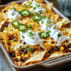 When I make Loaded Nacho Casserole, I gather all the key ingredients first. Each one plays a big role in the taste. Here’s what you need: - 1 bag tortilla chips (about 12 ounces) - 1 pound ground beef (or turkey) - 1 packet taco seasoning - 1 can (15 ounces) black beans, rinsed and drained - 1 cup corn kernels (fresh or frozen) - 1 cup diced tomatoes (canned or fresh) - 1 cup shredded cheddar cheese - 1 cup shredded Monterey Jack cheese - 1/2 cup sour cream - 1/4 cup sliced jalapeños (pickled or fresh) - 2 green onions, chopped - Fresh cilantro for garnish (optional) - Salt and pepper to taste These ingredients create layers of flavor. The crunchy chips provide a nice base. The seasoned meat adds a savory taste. Black beans and corn add texture. The cheeses melt perfectly. Sour cream cools it down, while jalapeños bring heat. Green onions and cilantro finish it off with freshness. For the full recipe, you can check out the details to get cooking! - Preheat the oven to 350°F (175°C). - In a large skillet, cook the ground beef over medium heat until it browns. Drain the fat. - Add the taco seasoning to the beef. Follow the packet instructions to mix it well. - In a greased 9x13-inch baking dish, layer half of the tortilla chips on the bottom. - Spread the seasoned beef over the chips. Then, add black beans, corn, and diced tomatoes. - Sprinkle half of the cheddar and Monterey Jack cheeses over this layer. - Add the remaining tortilla chips on top. Follow this with the rest of the meat mixture and the remaining cheese. - Bake in the preheated oven for about 20-25 minutes. The cheese should be melted and bubbly. - Remove from the oven and let it cool for a few minutes. Drizzle sour cream on top, then add sliced jalapeños and chopped green onions. - Garnish with fresh cilantro if you’d like. Serve warm for a tasty meal! For the full recipe, check out the details above. - Ensure even distribution of layers. Spread each ingredient out well. This helps all flavors mix. - Cover with foil for extra moisture. This keeps your casserole from drying out. - Add spices or hot sauce to beef. A little kick adds great taste. Use cumin or chili powder for warmth. - Experiment with cheese types for flavor variations. Try pepper jack or gouda for a twist. Each cheese brings its own fun taste. {{image_2}} You can easily make this dish vegetarian. First, substitute ground beef with plant-based protein. This swap keeps the texture and flavor. You can find many options in stores today. Next, add extra vegetables like bell peppers. They bring color and crunch to the dish. You might also try mushrooms or zucchini for more depth. This way, you keep the dish hearty and satisfying. Toppings can change the whole experience of your casserole. Try guacamole instead of sour cream for a fresh twist. It adds creaminess and a nice flavor. You can also add olives or diced avocados. They give a rich taste and a lovely texture. Don’t forget to sprinkle some fresh cilantro on top for a burst of flavor. These small changes can make your Loaded Nacho Casserole even more exciting! For the complete recipe, check out the Full Recipe section. After you enjoy your Loaded Nacho Casserole, let it cool completely. This step is key to keeping it fresh. If you store it hot, moisture builds up and can make it soggy. Once cooled, place it in airtight containers. These containers keep flavors locked in and prevent drying. Store in the fridge for up to three days. If you plan to eat it later, consider freezing the leftovers. For the best results, reheat your casserole in the oven. Preheat the oven to 350°F (175°C). Place the casserole in an oven-safe dish and cover it with foil. This helps keep the moisture in while it heats. Bake for about 15-20 minutes or until it's hot throughout. If you need a quick option, you can use a microwave. Just place a portion on a microwave-safe plate and heat for 1-2 minutes. Stir halfway to ensure even heating. Enjoy your delicious leftovers! Yes, you can make Loaded Nacho Casserole ahead of time. Just prepare it as usual, but do not bake it. Cover the dish with foil and store it in the fridge. When you’re ready to eat, bake it from the fridge. This saves time on busy days and keeps flavors fresh. You can swap ground beef for many options. Ground turkey works well and is leaner. You can also use shredded chicken, crumbled tofu, or lentils for a veggie twist. Each option brings a different taste and texture to the dish. To add heat, use spicy taco seasoning or add more jalapeños. You can also mix in hot sauce or diced green chilies. For a kick, sprinkle crushed red pepper flakes on top before baking. Adjust to your spice level and enjoy the flavor! Yes, you can freeze this casserole. Make sure it cools completely first. Place it in a freezer-safe dish and cover it tightly. It will last for about three months. When ready to eat, thaw it overnight in the fridge before baking. Baking takes about 20-25 minutes at 350°F (175°C). Look for melted cheese and bubbling edges. If you like a crispier top, bake a few extra minutes. Just keep an eye on it so it doesn’t burn. Enjoy this easy, delicious meal! Loaded nacho casserole is packed with flavor and fun! We covered key ingredients, like chips, beef, and layers of cheese. You can customize this dish with different toppings or protein options. Remember to bake it perfectly and store your leftovers properly. With these tips, you'll make a dish everyone loves. Try it out and enjoy the cheesy goodness!