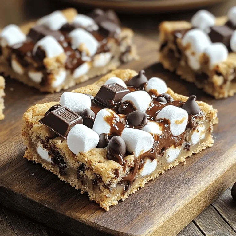 To make these delicious s'mores cookie bars, gather these key ingredients: - 1 cup unsalted butter, softened - 1 cup brown sugar, packed - 1/2 cup granulated sugar - 1 large egg - 2 teaspoons vanilla extract These ingredients form the base of our cookie bars. The butter adds richness. The sugars provide sweetness and moisture. The egg binds the mix together, while the vanilla gives a warm flavor. Next, you need the dry ingredients: - 2 1/4 cups all-purpose flour - 1 teaspoon baking soda - 1/2 teaspoon salt The flour gives structure to the bars. The baking soda acts as a leavening agent, helping the bars rise. Salt enhances the flavors, balancing the sweetness. Now, let’s add the fun s'mores elements: - 1 cup semi-sweet chocolate chips - 1 cup mini marshmallows - 1 cup graham cracker crumbs - 1/2 cup chocolate chunks (for topping) The chocolate chips and chunks bring the chocolatey goodness. Mini marshmallows add a gooey texture. Graham cracker crumbs give that classic s'mores crunch and flavor. Together, they create a delightful treat you can't resist. For the complete steps to make these tasty bars, check the Full Recipe. 1. Preheat your oven to 350°F (175°C). 2. Grease a 9x13 inch baking dish. You can also line it with parchment paper. 3. In a large bowl, cream together 1 cup of softened butter, 1 cup of brown sugar, and 1/2 cup of granulated sugar until light and fluffy. 1. Add 1 large egg and 2 teaspoons of vanilla extract. Mix well until combined. 2. In another bowl, whisk together 2 1/4 cups of all-purpose flour, 1 teaspoon of baking soda, and 1/2 teaspoon of salt. 3. Gradually add this dry mix to the wet ingredients. Stir until just combined. 4. Fold in 1 cup of semi-sweet chocolate chips and 1 cup of graham cracker crumbs until evenly mixed. 1. Spread half of the dough in the prepared dish. Press it down firmly with your hands. 2. Evenly sprinkle 1 cup of mini marshmallows and 1/2 cup of chocolate chunks over the first layer of dough. 3. Add the remaining dough on top. Pat down gently to seal in the filling. 1. Bake in your preheated oven for 25-30 minutes. Look for golden edges and a set center. 2. Allow the bars to cool in the pan for at least 10 minutes. 3. Lift them out using the parchment paper and let them cool completely on a wire rack before cutting into squares. For the complete steps and ingredients, refer to the full recipe. Achieving the right texture is key. You want these bars to be chewy and soft. Overmixing the dough can lead to dryness. Mix just until you see no dry flour. This helps keep the bars moist. Ensuring even baking is also important. Spread the dough evenly in the pan. Press it down gently. This makes sure all parts cook the same. Rotate the pan halfway through baking. This helps with any hot spots in your oven. Drizzling with melted chocolate adds flair. After the bars cool, melt some chocolate in the microwave. Use a spoon to drizzle it over the top. This makes them look fancy and inviting. Serve on a wooden cutting board for a rustic feel. Add fresh marshmallows around the bars. This creates a fun s'mores vibe at your gathering. Your friends will love the look! Overmixing the dough is a common mistake. This leads to tough cookie bars. Remember to mix just until combined. Not letting the bars cool enough can ruin your cut. If you cut them too soon, they may fall apart. Let them cool for at least 10 minutes before lifting them out. Then, let them cool completely on a wire rack. This makes for perfect squares. For the [Full Recipe](#), check the main article. {{image_2}} You can swap semi-sweet chocolate for dark or white chocolate. Dark chocolate gives a rich taste. White chocolate adds a sweet touch. Both options work well in these bars. You can also try nut-free chocolate. This is great for those with allergies. Look for brands labeled nut-free to ensure safety. Want to make gluten-free S'mores cookie bars? Use gluten-free flour instead of regular flour. Almond flour or coconut flour are good choices. They help keep the bars soft and chewy. To maintain flavor and texture, mix with a bit of cornstarch. This keeps the bars from being too dense. For fun twists, add nuts like walnuts or pecans. They give a nice crunch to each bite. You can also mix in dried fruits like cranberries or cherries. This adds sweetness and a chew. If you want more flavor, consider flavored extracts. A splash of almond or orange extract can enhance the taste. For the full recipe, check the link provided. Enjoy customizing your S'mores cookie bars! To keep your s'mores cookie bars fresh, store them in an airtight container. This helps to keep them soft and chewy. I recommend using a glass or plastic container. If you don’t have one, wrap them tightly in plastic wrap. Make sure to layer parchment paper between bars if you stack them. This prevents sticking. You can freeze s'mores cookie bars for longer storage. First, let them cool completely. Then, wrap each bar in plastic wrap. Place the wrapped bars in a freezer-safe bag. This keeps them fresh for about three months. When you want to enjoy them, thaw in the fridge overnight or on the counter for a few hours. To enjoy your s'mores cookie bars warm, preheat your oven to 350°F (175°C). Place the bars on a baking sheet and cover them with foil. Heat for about 10 minutes. This keeps them soft. If you prefer them cold, just grab one from the container and enjoy! Warm bars offer gooey chocolate and melted marshmallows, while cold bars give a nice crunch. S'mores Cookie Bars are a sweet treat inspired by the classic campfire snack. They have a soft, chewy texture with layers of cookie dough, chocolate, and gooey marshmallows. The blend of graham cracker crumbs, chocolate chips, and mini marshmallows gives them that signature s'mores flavor. When you bite into one, you get a warm, melty experience that feels just like summer. Yes, you can make S'mores Cookie Bars ahead of time. After baking, let them cool completely. Then, wrap them tightly in plastic wrap or store them in an airtight container. They can stay fresh in the fridge for up to a week. If you want to serve them warm, just reheat individual pieces in the microwave for a few seconds. If you don't have mini marshmallows, you can cut regular marshmallows into smaller pieces. You can also use marshmallow fluff spread instead. Just be careful with the amount, as it can be stickier than mini marshmallows. Both options work well and still deliver that gooey texture. S'mores Cookie Bars last about one week when stored in the fridge. Keep them in an airtight container to prevent them from drying out. You can also freeze them for up to three months. Just wrap each bar in plastic wrap, then place them in a freezer bag. Thaw at room temperature when you're ready to enjoy them again. You can make S'mores Cookie Bars vegan by replacing the egg with a flax egg or applesauce. Use dairy-free butter and chocolate chips as well. This way, you can enjoy the same great taste without any animal products. You can find the full recipe for S'mores Cookie Bars in the recipe section of this article. It includes all the steps to create this delicious dessert. S'mores cookie bars combine key ingredients for a sweet treat. We covered the recipe's steps, tips for perfect texture, and fun variations. Remember to avoid overmixing and let them cool well. With these bars, you can impress family and friends. You can also explore alternatives and storage methods for best results. Enjoy making this easy and tasty dessert at home. Grab the full recipe to get started and satisfy your sweet tooth!