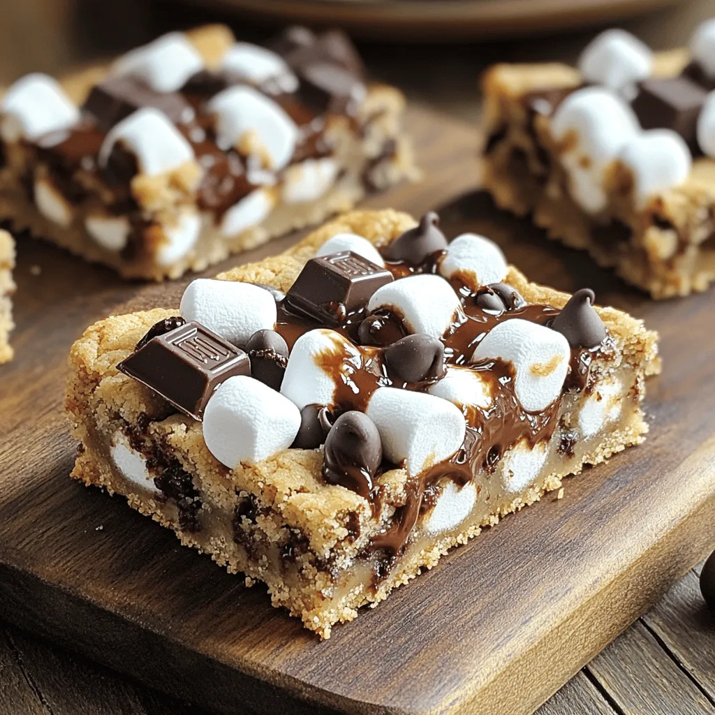 To make these delicious s'mores cookie bars, gather these key ingredients: - 1 cup unsalted butter, softened - 1 cup brown sugar, packed - 1/2 cup granulated sugar - 1 large egg - 2 teaspoons vanilla extract These ingredients form the base of our cookie bars. The butter adds richness. The sugars provide sweetness and moisture. The egg binds the mix together, while the vanilla gives a warm flavor. Next, you need the dry ingredients: - 2 1/4 cups all-purpose flour - 1 teaspoon baking soda - 1/2 teaspoon salt The flour gives structure to the bars. The baking soda acts as a leavening agent, helping the bars rise. Salt enhances the flavors, balancing the sweetness. Now, let’s add the fun s'mores elements: - 1 cup semi-sweet chocolate chips - 1 cup mini marshmallows - 1 cup graham cracker crumbs - 1/2 cup chocolate chunks (for topping) The chocolate chips and chunks bring the chocolatey goodness. Mini marshmallows add a gooey texture. Graham cracker crumbs give that classic s'mores crunch and flavor. Together, they create a delightful treat you can't resist. For the complete steps to make these tasty bars, check the Full Recipe. 1. Preheat your oven to 350°F (175°C). 2. Grease a 9x13 inch baking dish. You can also line it with parchment paper. 3. In a large bowl, cream together 1 cup of softened butter, 1 cup of brown sugar, and 1/2 cup of granulated sugar until light and fluffy. 1. Add 1 large egg and 2 teaspoons of vanilla extract. Mix well until combined. 2. In another bowl, whisk together 2 1/4 cups of all-purpose flour, 1 teaspoon of baking soda, and 1/2 teaspoon of salt. 3. Gradually add this dry mix to the wet ingredients. Stir until just combined. 4. Fold in 1 cup of semi-sweet chocolate chips and 1 cup of graham cracker crumbs until evenly mixed. 1. Spread half of the dough in the prepared dish. Press it down firmly with your hands. 2. Evenly sprinkle 1 cup of mini marshmallows and 1/2 cup of chocolate chunks over the first layer of dough. 3. Add the remaining dough on top. Pat down gently to seal in the filling. 1. Bake in your preheated oven for 25-30 minutes. Look for golden edges and a set center. 2. Allow the bars to cool in the pan for at least 10 minutes. 3. Lift them out using the parchment paper and let them cool completely on a wire rack before cutting into squares. For the complete steps and ingredients, refer to the full recipe. Achieving the right texture is key. You want these bars to be chewy and soft. Overmixing the dough can lead to dryness. Mix just until you see no dry flour. This helps keep the bars moist. Ensuring even baking is also important. Spread the dough evenly in the pan. Press it down gently. This makes sure all parts cook the same. Rotate the pan halfway through baking. This helps with any hot spots in your oven. Drizzling with melted chocolate adds flair. After the bars cool, melt some chocolate in the microwave. Use a spoon to drizzle it over the top. This makes them look fancy and inviting. Serve on a wooden cutting board for a rustic feel. Add fresh marshmallows around the bars. This creates a fun s'mores vibe at your gathering. Your friends will love the look! Overmixing the dough is a common mistake. This leads to tough cookie bars. Remember to mix just until combined. Not letting the bars cool enough can ruin your cut. If you cut them too soon, they may fall apart. Let them cool for at least 10 minutes before lifting them out. Then, let them cool completely on a wire rack. This makes for perfect squares. For the [Full Recipe](#), check the main article. {{image_2}} You can swap semi-sweet chocolate for dark or white chocolate. Dark chocolate gives a rich taste. White chocolate adds a sweet touch. Both options work well in these bars. You can also try nut-free chocolate. This is great for those with allergies. Look for brands labeled nut-free to ensure safety. Want to make gluten-free S'mores cookie bars? Use gluten-free flour instead of regular flour. Almond flour or coconut flour are good choices. They help keep the bars soft and chewy. To maintain flavor and texture, mix with a bit of cornstarch. This keeps the bars from being too dense. For fun twists, add nuts like walnuts or pecans. They give a nice crunch to each bite. You can also mix in dried fruits like cranberries or cherries. This adds sweetness and a chew. If you want more flavor, consider flavored extracts. A splash of almond or orange extract can enhance the taste. For the full recipe, check the link provided. Enjoy customizing your S'mores cookie bars! To keep your s'mores cookie bars fresh, store them in an airtight container. This helps to keep them soft and chewy. I recommend using a glass or plastic container. If you don’t have one, wrap them tightly in plastic wrap. Make sure to layer parchment paper between bars if you stack them. This prevents sticking. You can freeze s'mores cookie bars for longer storage. First, let them cool completely. Then, wrap each bar in plastic wrap. Place the wrapped bars in a freezer-safe bag. This keeps them fresh for about three months. When you want to enjoy them, thaw in the fridge overnight or on the counter for a few hours. To enjoy your s'mores cookie bars warm, preheat your oven to 350°F (175°C). Place the bars on a baking sheet and cover them with foil. Heat for about 10 minutes. This keeps them soft. If you prefer them cold, just grab one from the container and enjoy! Warm bars offer gooey chocolate and melted marshmallows, while cold bars give a nice crunch. S'mores Cookie Bars are a sweet treat inspired by the classic campfire snack. They have a soft, chewy texture with layers of cookie dough, chocolate, and gooey marshmallows. The blend of graham cracker crumbs, chocolate chips, and mini marshmallows gives them that signature s'mores flavor. When you bite into one, you get a warm, melty experience that feels just like summer. Yes, you can make S'mores Cookie Bars ahead of time. After baking, let them cool completely. Then, wrap them tightly in plastic wrap or store them in an airtight container. They can stay fresh in the fridge for up to a week. If you want to serve them warm, just reheat individual pieces in the microwave for a few seconds. If you don't have mini marshmallows, you can cut regular marshmallows into smaller pieces. You can also use marshmallow fluff spread instead. Just be careful with the amount, as it can be stickier than mini marshmallows. Both options work well and still deliver that gooey texture. S'mores Cookie Bars last about one week when stored in the fridge. Keep them in an airtight container to prevent them from drying out. You can also freeze them for up to three months. Just wrap each bar in plastic wrap, then place them in a freezer bag. Thaw at room temperature when you're ready to enjoy them again. You can make S'mores Cookie Bars vegan by replacing the egg with a flax egg or applesauce. Use dairy-free butter and chocolate chips as well. This way, you can enjoy the same great taste without any animal products. You can find the full recipe for S'mores Cookie Bars in the recipe section of this article. It includes all the steps to create this delicious dessert. S'mores cookie bars combine key ingredients for a sweet treat. We covered the recipe's steps, tips for perfect texture, and fun variations. Remember to avoid overmixing and let them cool well. With these bars, you can impress family and friends. You can also explore alternatives and storage methods for best results. Enjoy making this easy and tasty dessert at home. Grab the full recipe to get started and satisfy your sweet tooth!