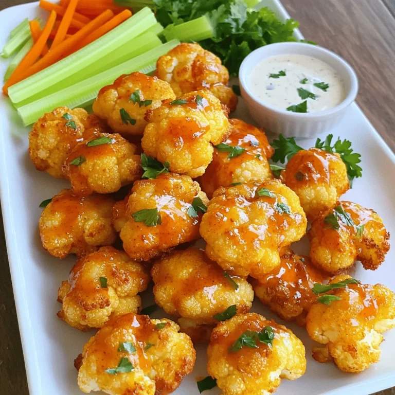 To make tasty buffalo cauliflower bites, you'll need: - 1 medium head of cauliflower, cut into bite-sized florets - 1 cup all-purpose flour - 1 cup water (or non-dairy milk) - 1 teaspoon garlic powder - 1 teaspoon onion powder - 1 teaspoon paprika - 1 teaspoon salt - 1/2 teaspoon black pepper - 1 cup buffalo sauce (store-bought or homemade) - 2 tablespoons olive oil - Optional: Chopped celery and carrots for serving - Optional: Ranch or blue cheese dressing for dipping You can swap ingredients for dietary needs or preferences. Here are some ideas: - Use gluten-free flour instead of all-purpose flour for a gluten-free version. - Substitute water with almond milk or oat milk for a dairy-free option. - If you lack garlic powder, use fresh minced garlic. Just adjust the amount to taste. - Instead of buffalo sauce, try BBQ sauce for a sweeter flavor. - You can skip the olive oil if you want a lighter snack. Selecting fresh cauliflower is key to great bites. Here’s what to look for: - Choose heads that are firm and heavy for their size. - Look for tightly packed florets with no brown spots. - The leaves should be bright green and crisp. - Avoid heads that feel soft or show signs of wilting. Fresh cauliflower makes your buffalo bites crispy and delicious! Always aim for the best quality for the best taste. For the full recipe, check out the recipe section. Start by preheating your oven to 450°F (230°C). This helps to get that perfect crunch. Next, prepare your baking sheet. Line it with parchment paper to prevent sticking. In a large bowl, mix the batter. Add 1 cup of flour, 1 cup of water or non-dairy milk, 1 teaspoon of garlic powder, 1 teaspoon of onion powder, 1 teaspoon of paprika, 1 teaspoon of salt, and 1/2 teaspoon of black pepper. Whisk it until smooth. This batter is key for crispy bites. Cut your cauliflower into bite-sized florets. Each piece should be small enough to eat in one bite. Dip each floret into the batter. Make sure it’s well-coated. Then, place them on the prepared baking sheet. Once your florets are ready, bake them in the preheated oven for 20-25 minutes. This time allows the batter to turn golden and crispy. Flip the cauliflower halfway through for even cooking. Keep an eye on them to avoid burning. You want that perfect crunch, so don’t rush this step. While the cauliflower bakes, prepare the buffalo sauce. In a large bowl, mix 1 cup of buffalo sauce with 2 tablespoons of olive oil. This mix adds great flavor. When the cauliflower is done baking, take it out of the oven. Toss the hot cauliflower bites in the buffalo sauce mixture. Ensure each piece is evenly coated. Return the coated bites to the baking sheet. Bake them for another 10 minutes. This step lets the sauce caramelize and adds extra crispness. After that, they are ready to enjoy! Serve with celery and carrots, plus your favorite dip. For the full recipe, click here. To get the crispiest cauliflower bites, I recommend a few key steps. First, make sure your cauliflower florets are dry before you coat them. Moisture will make them soggy. Next, use a good amount of batter; this helps create a thick crust. You can also try using cornstarch in place of some flour. Cornstarch gives a crunchier texture. Finally, remember to preheat your oven well before baking. A hot oven helps to crisp them up. Many people make simple mistakes when making buffalo cauliflower bites. One common issue is overcrowding the baking sheet. If the florets are too close, they will steam instead of bake. Another mistake is not flipping the cauliflower halfway through cooking. Flipping allows for even browning. Also, don’t skip the last bake with the buffalo sauce. This step makes the bites extra crispy and flavorful. Having the right tools makes cooking easier and more fun. For this recipe, I suggest using a large mixing bowl to blend your batter. A whisk is great for this, too. You will need a baking sheet lined with parchment paper for easy cleanup. Tongs help to flip the cauliflower without making a mess. Finally, a large bowl for tossing the cauliflower in buffalo sauce is a must. For the full recipe, be sure to check it out! {{image_2}} You can easily make buffalo cauliflower bites gluten-free. Instead of using all-purpose flour, try almond flour or chickpea flour. Both options work well and add a nice flavor. Just mix the gluten-free flour with water or non-dairy milk as usual. This way, everyone can enjoy this tasty snack. For a vegan-friendly version, stick to non-dairy milk like almond or oat milk. The rest of the recipe remains the same. Make sure your buffalo sauce is also vegan. Many brands offer vegan options. This ensures that everyone can join in on the fun without missing out. Feel free to play around with flavors! If you like it spicy, add cayenne pepper or hot sauce to the batter. For a sweeter twist, mix honey or maple syrup into the buffalo sauce. You can even experiment with different spices, such as cumin or smoked paprika. Each change can create a unique flavor experience. Don't be afraid to get creative with your bites! To keep your Buffalo Cauliflower Bites fresh, store them right. Place the bites in an airtight container. Make sure they cool down before sealing. This helps keep them crispy. You can store them in the fridge for up to three days. If you want to eat them later, freezing is a great option. When it's time to enjoy your leftovers, reheating properly is key. The best way to get that crunch back is to use the oven. Preheat your oven to 350°F (175°C). Place the bites on a baking sheet. Heat them for about 10-15 minutes. This helps the outside get crispy again. You can also use an air fryer on a lower setting for a few minutes. If you want to freeze Buffalo Cauliflower Bites, it's easy. First, let them cool completely. Then, lay them out on a baking sheet in a single layer. Freeze them for about an hour. After that, transfer them to a freezer bag. Make sure to remove as much air as possible. You can keep them in the freezer for up to three months. When you're ready to eat, bake them from frozen. Just add a few extra minutes to the cooking time. Enjoy your tasty snack anytime! Yes, you can make Buffalo Cauliflower Bites ahead of time. Bake the bites and let them cool. Store them in an airtight container in the fridge for up to 3 days. When you’re ready to eat, just reheat them in the oven for a crispy finish. This way, you can enjoy a quick snack or appetizer without a lot of fuss. If buffalo sauce isn't your thing, you have options. You can use BBQ sauce for a sweet twist. Hot sauce mixed with honey creates a nice balance of heat and sweetness. Teriyaki sauce adds a savory flavor. You can also try any spicy sauce you like. The choice is yours, and it changes the flavor profile of the bites! To kick up the heat, add more buffalo sauce. You can mix in cayenne pepper or red pepper flakes into the batter. Another great idea is to use a hot sauce with a higher heat level. If you really love spice, you can even marinate the cauliflower in hot sauce before coating it. Enjoy the fiery flavor! Buffalo cauliflower bites are easy to make and a tasty treat. You learned about the key ingredients, cooking steps, and ways to make them crispy. I also shared helpful tips for fresh cauliflower and storage advice. With many tasty variations, each bite can be unique. Always focus on avoiding common mistakes for the best results. Now, it's time to enjoy your delicious buffalo cauliflower bites any way you like!