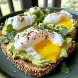 To make this tasty avocado toast with poached egg, gather these simple items: - 2 slices of whole-grain bread - 1 ripe avocado - 2 large eggs - 1 tablespoon olive oil - 1 teaspoon lemon juice - Salt and pepper to taste - 1/4 teaspoon red pepper flakes (optional) - Fresh herbs (like cilantro or chives) for garnish Using fresh ingredients makes a big difference. Choose a ripe avocado. It should feel slightly soft when you press it. For bread, select whole-grain varieties for better taste and texture. Ensure your eggs are fresh; they should be within the expiration date. This will help you achieve that perfect poached egg. You can mix and match ingredients if needed. If you don’t have whole-grain bread, try sourdough or multigrain. For a creamier texture, you can add a bit of Greek yogurt to the avocado mix. If you want to skip eggs, use a sprinkle of feta cheese or a dollop of hummus instead. Get creative and find what you love! For the full recipe, check out the earlier section. Start with two slices of whole-grain bread. Toast them until they are golden brown and crispy. This gives a nice base for your avocado. You can use a toaster or a skillet to toast the bread. Once ready, set the bread aside. Next, grab a ripe avocado. Cut it in half and remove the pit. Scoop the green flesh into a small bowl. Use a fork to mash the avocado. Add one tablespoon of olive oil and one teaspoon of lemon juice. Sprinkle in some salt and pepper to taste. Mix it all together until creamy. Now, let’s poach the eggs. Fill a small pot with water and bring it to a gentle simmer. Crack one egg into a small bowl. Carefully slide the egg into the water. Repeat this with the second egg. Let them cook for about three to four minutes. The egg whites should be set, while the yolks remain soft. Use a slotted spoon to lift the eggs out, and let them drain on paper towels. It’s time to build your toast! Take the toasted bread and spread the mashed avocado evenly on each slice. Then, place one poached egg on top of each piece. If you like, sprinkle some red pepper flakes for a kick. Don’t forget to add fresh herbs like cilantro or chives for garnish. Enjoy your delicious avocado toast with poached egg right away! To make a perfect poached egg, use fresh eggs. Fresh eggs hold their shape better. Start with simmering water. Add a splash of vinegar to help the egg whites stay together. Crack the egg into a small bowl first. This makes it easier to slide it into the water. Gently lower the egg into the pot. Cook it for three to four minutes. The whites should be set, but the yolk stays runny. Use a slotted spoon to lift the egg out. Drain it on paper towels to remove excess water. To boost flavor, consider adding toppings. You can sprinkle red pepper flakes for heat. A drizzle of balsamic glaze can add sweetness. Feta cheese or goat cheese brings a creamy touch. Fresh herbs like cilantro or chives brighten up the dish. You might also try a slice of tomato or radish for crunch. These extras make your toast even more delicious and fun. Make your avocado toast look great. Start with the crispy bread as your base. Spread the avocado mix evenly. Place the poached egg right on top. Sprinkle your chosen toppings for color. Use fresh herbs as a garnish. This not only adds flavor but looks beautiful too. A well-presented dish makes eating more enjoyable. It’s all about the details! For the full recipe, check here. {{image_2}} You can change up your avocado toast easily. Try adding sliced tomatoes for a fresh taste. Crumbled feta cheese gives a salty kick. Add smoked salmon for a rich flavor. You can also sprinkle sesame seeds on top for crunch. Each topping adds fun and new flavors to your dish. If you want to make it healthier, use sprouted grain bread. It has more nutrients than regular bread. You can also skip the olive oil if you prefer. Instead, add a dollop of Greek yogurt for creaminess. This swap cuts calories while still tasting great. You can also choose to add spinach or arugula for extra greens. Avocado toast has many regional styles. In Mexico, you can add pico de gallo for a spicy vibe. In Italy, a drizzle of balsamic glaze can take it to new heights. In Japan, try topping with wasabi peas for a unique crunch. Each twist reflects local flavors and traditions, making your toast more exciting. For a complete recipe to try these variations, check the Full Recipe. To keep your avocado toast fresh, store leftovers separately. Place uneaten toast in a sealed bag. Store the avocado mix in an airtight container. This method helps prevent browning. If the avocado turns brown, scrape off the top layer. You can still enjoy the good part underneath. Reheat the toast in a toaster or oven. This keeps it crispy. Avoid the microwave, as it can make the bread soggy. For poached eggs, gently reheat them in warm water. This keeps them soft without cooking them further. - Whole-grain bread: Stays fresh for about 5-7 days. - Ripe avocado: Best if used within 1-2 days after cutting. - Eggs: Can last in the fridge for 3-5 weeks. - Olive oil: Keeps well for 6-12 months if stored in a cool, dark place. - Lemon juice: Fresh juice lasts about a week in the fridge, but bottled juice can last longer. Following these tips keeps your avocado toast delicious and safe to eat! Check out the Full Recipe for more details. To make the perfect poached egg, start with fresh eggs. Fresh eggs hold their shape better. Heat a pot of water until it simmers. Add a splash of vinegar to help the egg whites firm up. Crack the egg into a bowl, then gently slide it into the water. Cook for about 3-4 minutes. The egg should be firm on the outside but soft on the inside. Use a slotted spoon to lift it out. Drain it on paper towels before serving. Yes, you can use many types of bread for avocado toast. Whole-grain bread is a classic choice, but you can also use sourdough, rye, or gluten-free bread. Each type offers a unique flavor and texture. Choose what you like best or what you have on hand. Toasting the bread until it’s crispy helps it hold the toppings well. There are endless toppings for avocado toast! You can add sliced tomatoes, radishes, or cucumbers for crunch. Feta cheese or goat cheese adds creaminess. You might also try smoked salmon or crispy bacon for a savory kick. For a fresh touch, add microgreens or arugula. The options are delicious and fun to explore! If you have leftover avocado, store it in an airtight container. Squeeze some lemon juice on it to slow browning. It can last in the fridge for a day or two. If it turns brown, just scoop off the top layer. Always check for any off smells before using. Enjoy your avocado while it’s fresh for the best taste! This blog post gave you all the details for making avocado toast. We covered ingredients, tips, and variations. You learned how to poach the perfect egg and enhance the flavor. Freshness and quality matter for the best taste. Try different toppings to keep things fun. Store leftovers right to enjoy later. Now, you have what you need to impress anyone with your avocado toast. Enjoy making this simple and tasty dish!