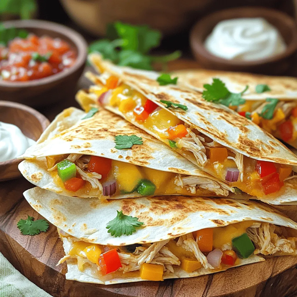 - 2 cups cooked chicken breast, shredded - 1 cup shredded Monterey Jack cheese - 1 cup shredded cheddar cheese - 4 large flour tortillas - 1 cup bell peppers (mixed colors), diced - 1 small red onion, thinly sliced - Salsa and sour cream for serving - 1 tablespoon olive oil - 1 teaspoon ground cumin - 1 teaspoon chili powder - Salt and pepper to taste When making Easy Chicken Quesadillas, the first step is gathering your ingredients. The main stars are cooked chicken, cheese, and tortillas. You can use any cooked chicken you have. I love using leftover chicken for this dish. It saves time and adds great flavor. Next, cheese is key! I use both Monterey Jack and cheddar for a mix of creaminess and sharpness. They melt beautifully together and create that gooey texture we all love. Don’t forget the tortillas! Choose large flour tortillas. They hold the filling and crisp up nicely in the skillet. If you prefer, you can swap them for corn tortillas, but adjust cooking times as needed. For a fun twist, add some diced bell peppers and red onion. They bring color and crunch. Plus, they add a fresh taste that balances the cheese. Lastly, seasonings like cumin and chili powder give that classic flavor. Salt and pepper enhance everything. The olive oil helps sauté the veggies and adds richness. You can find the full recipe with all steps to make these tasty quesadillas. Enjoy cooking! First, grab a large skillet. Heat 1 tablespoon of olive oil over medium heat. Once hot, add the sliced red onion and diced bell peppers. Sauté them for about 5 minutes until they soften. This step adds great flavor to your filling. Next, stir in 2 cups of shredded chicken. Then, add 1 teaspoon of ground cumin, 1 teaspoon of chili powder, and salt and pepper to taste. Cook this mixture for another 2-3 minutes. This allows the spices to blend well with the chicken. Now it's time to build your quesadillas. On a clean surface, lay out two large flour tortillas. Sprinkle half of 1 cup of shredded Monterey Jack cheese on each tortilla. Then, spoon half of the chicken and pepper mix over the cheese. Once that’s done, sprinkle the remaining cheese on top. Cover each filled tortilla with another tortilla. This layering ensures cheesy goodness in every bite. Clean the skillet and reduce the heat to medium-low. Place the quesadillas in the skillet one at a time. Cook them for about 4-5 minutes on one side. You want them to be golden brown and crispy. After that, flip the quesadillas carefully using a large spatula. Cook the other side for another 4-5 minutes until the cheese is melted and the tortilla is crispy. When done, remove them from the skillet. Let them cool for a minute before slicing into wedges. Enjoy your delicious quesadillas with salsa and sour cream on the side! For the full recipe, check the complete guide. To get that crispy texture, use medium-low heat. This slow cooking allows the tortilla to crisp up without burning. A good tip is to preheat your skillet before adding the quesadillas. This way, you lock in the crunch right from the start. When it's time to flip, use a large spatula. This helps keep the filling inside and prevents spills. Carefully slide the spatula under the quesadilla. Lift it gently to avoid breaking. To mix it up, try different cheeses. Gouda can add a smoky flavor, while pepper jack brings heat. Mixing cheeses can create a rich taste. You can also sprinkle some spices. A pinch of smoked paprika or oregano can really elevate the flavor. Fresh herbs like cilantro or parsley can brighten your dish. Just chop them finely and mix them into the filling or sprinkle on top before serving. For a beautiful presentation, cut your quesadillas into triangles. Arrange them on a large platter. Add bowls of salsa and sour cream for dipping. You can even add a sprinkle of fresh cilantro on top for color. Pair your quesadillas with a side of guacamole or a light salad. This can balance the meal and add freshness. Don't forget, the Full Recipe has more details to guide you! {{image_2}} You can make tasty vegetarian quesadillas. Try using black beans or mushrooms instead of chicken. Black beans add protein and fiber. Mushrooms bring a nice umami flavor. Also, you can create a cheese-only quesadilla. Just fill it with your favorite cheeses for a lighter treat. If you want to switch things up, use beef, shrimp, or tofu instead of chicken. For beef, cook it until brown before adding spices. Shrimp cooks quickly; just sauté until they turn pink. For tofu, press it first to remove extra water, then cube and cook until golden. Adjust cooking time for each protein to get the best flavor. Get creative with your quesadilla fillings. Swap out the usual ingredients for different flavors. Think about adding spinach and feta for a Greek twist or pepper jack cheese for some heat. You can also try using fresh herbs or different spices to change the taste. Explore international ideas, like using curry spices for an Indian flair. For the full recipe, check out the Cheesy Chicken Fiesta Quesadillas! To keep your leftover quesadillas fresh, place them in the fridge. Wrap each quesadilla in plastic wrap or aluminum foil. This step helps to lock in moisture and keeps them soft. You can also place them in an airtight container. This extra layer of protection prevents them from drying out. When it’s time to enjoy your leftovers, you want them crispy. The best way to reheat quesadillas is in a skillet. Heat the skillet over medium heat, then add the quesadilla. Cook for about 3-4 minutes on each side. This method keeps the tortilla crispy and the cheese gooey. If you're in a hurry, you can use a microwave. Just place the quesadilla on a plate and heat for 30 seconds. Note that this method may make the tortilla softer. If you want to save quesadillas for later, freezing works great. First, let them cool completely after cooking. Wrap each quesadilla in plastic wrap. Then, place them in a freezer-safe bag or container. This method keeps them fresh for up to three months. When you're ready to eat, thaw them in the fridge overnight. Reheat them in a skillet for the best results. Yes, you can use corn tortillas. Corn tortillas have a firmer texture. They also have a distinct flavor that is nuttier. Flour tortillas are soft and chewy. They can hold more filling. Choose based on your taste, and both work well for quesadillas. To melt cheese evenly, use fresh cheese. Grate it instead of using pre-shredded cheese. Heat your skillet to medium-low. This prevents the tortillas from burning. Cook slowly to let the cheese melt inside. Flip carefully to keep the filling inside. Serve quesadillas with salsa, sour cream, or guacamole. A fresh salad adds a nice crunch, too. You can also pair them with rice or beans. These sides make the meal more filling and fun. Yes, you can make quesadillas ahead of time. Prepare the filling and assemble them. Store them in the fridge for up to a day. When ready, just heat them in a skillet. This saves time on busy days. For long-term storage, freeze them. You can make easy chicken quesadillas with just a few key ingredients. Cooked chicken, cheese, and tortillas create a tasty meal that’s simple and quick. Adding veggies or spices can give these quesadillas more flavor. You can store leftovers in the fridge or freezer for future meals. Remember, varying your ingredients can lead to fun, new flavors. Enjoy the process of making and sharing these quesadillas. Happy cooking, and have fun experimenting!
