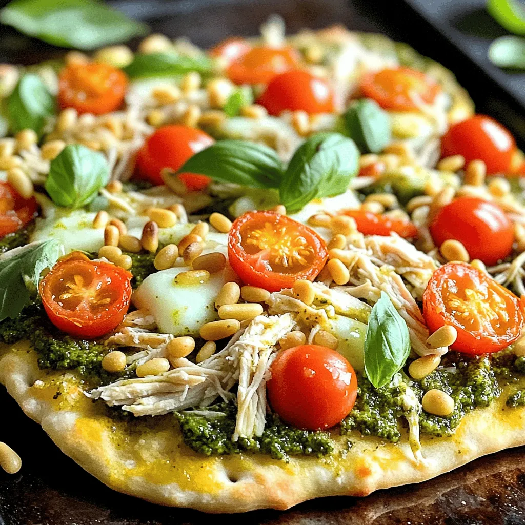 - 1 large flatbread (store-bought or homemade) - 1 cup cooked chicken breast, shredded - 1/2 cup basil pesto - 1 cup mozzarella cheese, shredded - 1/2 cup cherry tomatoes, halved - 1/4 cup pine nuts, toasted - 2 tablespoons olive oil - Salt and pepper to taste - Fresh basil leaves for garnish In this recipe, we have some great flavors. The flatbread is the base. You can use store-bought or make your own. Next, shredded chicken gives it a nice protein boost. The basil pesto adds a rich, herbal taste. I love using fresh ingredients like mozzarella cheese and cherry tomatoes to bring life to the dish. To add a crunchy texture, we use toasted pine nuts. Olive oil enhances the flavors and keeps everything moist. Finally, salt and pepper balance the taste perfectly. Don’t forget fresh basil for that final touch! This recipe serves four. Each serving has about 400 calories. It contains 22 grams of fat, 28 grams of protein, and 30 grams of carbs. The chicken provides lean protein, which helps build muscle. Pesto has healthy fats from olive oil and nuts. Mozzarella offers calcium for strong bones. Cherry tomatoes add vitamins A and C. Eating this dish gives you a tasty meal with many health benefits. For the full recipe, check out the instructions in the next section. - Preheat the Oven: Preheat your oven to 400°F (200°C). - Prepare the Flatbread: Place the flatbread on a baking sheet lined with parchment paper. - Spread the Pesto: Evenly spread the basil pesto over the flatbread, leaving a small border around the edges. This gives a great flavor base. - Add Chicken: In a bowl, mix the shredded chicken with a drizzle of olive oil, salt, and pepper. Spread the chicken evenly on top of the pesto layer. This adds protein and makes the flatbread filling. - Cheese it Up: Sprinkle the shredded mozzarella cheese generously over the chicken. This melts into gooey goodness as it cooks. - Add Tomatoes: Scatter the halved cherry tomatoes across the flatbread. These add bright color and fresh taste. - Toast Pine Nuts: In a small pan over medium heat, toast the pine nuts until golden brown, about 2-3 minutes. Keep an eye on them to prevent burning. Sprinkle the toasted pine nuts over the flatbread for a nice crunch. - Bake: Place the baking sheet in the preheated oven and bake for about 10-12 minutes or until the cheese is bubbly and the edges of the flatbread are golden. You’ll want to watch closely as it cooks for that perfect finish. This simple process leads to a delicious meal that is quick and satisfying. For the full details, you can check the Full Recipe. To achieve the perfect mozzarella melt, use fresh mozzarella. Shred it yourself for the best texture. Place it on the flatbread right before baking. This keeps it from getting too oily. Bake your flatbread at a high temperature, around 400°F. This helps the cheese melt evenly and bubble nicely. When selecting pesto, look for high-quality brands. Check for fresh basil as the main ingredient. Avoid those with added preservatives or artificial flavors. You can also make your own pesto at home. Just blend basil, garlic, olive oil, and nuts until smooth. You can add extra herbs for more flavor. Fresh thyme or oregano work well. A pinch of red pepper flakes adds a nice kick. If you like a citrus touch, try lemon zest. It brightens up the dish. For homemade pesto variations, swap basil with spinach or arugula. You can blend in sun-dried tomatoes for a rich taste. Nuts like walnuts or pecans can replace pine nuts. Experiment with different cheeses, too, like Parmesan or feta. For sides, a simple salad pairs well. A fresh arugula salad with lemon dressing is great. You might also serve with roasted veggies for a healthy touch. When serving to guests, cut the flatbread into triangles. Arrange them nicely on a platter. Garnish with fresh basil leaves for a pop of color. This makes your dish look elegant and appealing. {{image_2}} You can easily change the protein in your pesto chicken flatbread. Instead of chicken, try shrimp or tofu. Shrimp adds a nice seafood flavor, while tofu makes it lighter and vegetarian. You can also switch the cheese. If you're dairy-free, use a plant-based cheese. This keeps your flatbread creamy without dairy. Using seasonal vegetables can make your flatbread even better. In spring, add fresh spinach or arugula for a peppery bite. In summer, consider toppings like zucchini or bell peppers. For holidays, you can create themed flatbreads. A pumpkin pesto for fall or a red and green topping for Christmas can be fun. You don’t have to stick to one type of flatbread. Naan and pita are great options, and they add unique flavors. You can also use gluten-free flatbreads for a healthier choice. If you want a pizza-like meal, keep it round and thick. For a sandwich-style flatbread, fold it and fill it with toppings. Each style gives you a different way to enjoy your meal. After cooking your pesto chicken flatbread, let it cool to room temperature. Then, place it in an airtight container. Using a container helps keep the flatbread fresh. You can store it in the fridge for up to three days. If you want to keep it longer, wrap it tightly in plastic wrap before putting it in the container. This extra layer helps prevent it from drying out. To reheat your flatbread, the oven works best. Preheat the oven to 350°F (175°C). Place the flatbread on a baking sheet and heat for about 10 minutes. This keeps the flatbread crispy. If you use a microwave, heat it in short bursts of 30 seconds. Microwaving too long makes it chewy. Always check for warmth in the middle before serving. Yes, you can freeze pesto chicken flatbread! For the best results, freeze it before baking. Wrap the flatbread tightly in plastic wrap, then place it in a freezer-safe bag. It can stay frozen for up to three months. If you freeze it after baking, let it cool first. Wrap it well and store it. When you're ready to eat, thaw it in the fridge overnight, then reheat it in the oven. This method helps keep the flavor and texture intact. What can I use instead of flatbread? You can use pita bread or naan. Tortillas work well too. Each option gives a new taste and texture. Can I make the pesto chicken flatbread ahead of time? Yes, you can prep it early. Just store the assembled flatbread in the fridge. Bake it when you're ready to eat. How do I ensure the chicken stays moist during cooking? Use cooked chicken and add olive oil. Coat it well with pesto. This keeps the chicken juicy and tasty. What are the best alternatives for basil pesto? Try sun-dried tomato pesto or arugula pesto. These add unique flavors and colors. You can also make a nut-free version for variety. Is this recipe suitable for gluten-free diets? Yes, just use gluten-free flatbread. This ensures everyone can enjoy the meal without worry. How can I make this recipe low-carb? Use a low-carb flatbread or skip the flatbread. Serve the chicken and pesto over a salad instead. This keeps it light and healthy. In this post, we covered a tasty pesto chicken flatbread. You learned the key ingredients, step-by-step cooking instructions, and tips to enhance flavor. We also discussed storage and various serving suggestions. Keep experimenting with swaps and seasonal veggies to make this dish your own. With this recipe, you can enjoy a quick meal that’s fun to share. Now, grab your flatbread, and start creating something delicious!