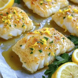 To make Baked Lemon Herb Cod, you need a few simple items. These ingredients come together to create a tasty dish. - 4 cod fillets (about 6 oz each) - 2 tablespoons olive oil - 3 cloves garlic, minced - Zest and juice of 1 lemon - 1 teaspoon dried oregano - 1 teaspoon dried thyme - 1 teaspoon paprika - Salt and pepper to taste - Fresh parsley, chopped (for garnish) - Lemon slices (for serving) Each ingredient plays a key role. The cod fillets are the star. They are mild and flaky. Olive oil adds richness and helps the spices stick. Garlic gives the dish a nice kick. Lemon brings brightness and freshness. Dried oregano and thyme add earthy notes. Paprika gives a hint of warmth. Salt and pepper enhance all the flavors. Fresh parsley makes it look pretty. Lemon slices on the side add a nice touch. You can find the full recipe [here](#). - Preheating the oven: Start by setting your oven to 400°F (200°C). This high heat helps cook the cod quickly and evenly. - Mixing the marinade: In a small bowl, whisk together: - 2 tablespoons olive oil - 3 cloves garlic, minced - Zest and juice of 1 lemon - 1 teaspoon dried oregano - 1 teaspoon dried thyme - 1 teaspoon paprika - Salt and pepper to taste This blend of flavors brings life to the cod. Make sure it mixes well. - Preparing the cod fillets: Place 4 cod fillets in a baking dish. Pour the lemon herb mixture over the fillets. Make sure the cod is well coated. This step is key for flavor. - Marinating time: Let the cod sit for at least 15 minutes. This allows the fish to soak up the tasty marinade. - Baking the cod: Place the dish in your preheated oven. Bake for 12-15 minutes. The cod is done when it flakes easily with a fork and looks opaque. - Serving suggestions: Once baked, remove the dish from the oven. Let it rest for a few minutes. Garnish with freshly chopped parsley and serve with lemon slices on the side. This adds a fresh touch and brightens up the dish. For the complete details, check out the Full Recipe. To make your baked lemon herb cod shine, pay attention to the marination time. I find that letting the cod sit in the marinade for at least 15 minutes works wonders. This time allows the fish to absorb all the bright flavors of lemon and herbs. You can also boost the flavor by adding more herbs and spices. Try fresh dill or basil for a new twist. Experimenting with spices like cumin or coriander can give your dish an exciting kick. Always taste the marinade before you pour it on the fish. Adjust the seasoning to match your preference. To ensure your cod is flaky and tender, it’s key to bake it just right. Cod cooks quickly, so keep an eye on it. Aim for a baking time of 12 to 15 minutes at 400°F (200°C). The fish is ready when it flakes easily with a fork. For perfect results, use a baking dish that allows for even heat. A glass or ceramic dish works well. Make sure to coat the cod evenly with the marinade. This helps keep the fish moist and enhances its flavor. For a beautifully presented dish, garnish with fresh parsley and lemon slices. It adds color and a hint of freshness to every bite. For the full recipe, refer to the earlier section. {{image_2}} To make your Baked Lemon Herb Cod even more fun, try different fish. Some great swaps include: - Salmon: Rich and flavorful, it pairs well with lemon. - Tilapia: Mild and flaky, it absorbs the marinade nicely. - Halibut: A firm texture that holds up well to baking. You can also switch up the herbs! Instead of oregano and thyme, consider: - Dill: A fresh twist that brightens the dish. - Basil: Adds a sweet, aromatic flavor. - Cilantro: Perfect for a zesty, vibrant touch. Now that your cod is ready, think about sides that go well with it. Here are some ideas: - Roasted vegetables: Carrots, asparagus, or broccoli add color and nutrition. - Quinoa or rice: These grains soak up the lemon flavors nicely. - A fresh salad: Mixed greens with a light vinaigrette balance the meal. For plating, get creative! Place the cod on a bed of greens or grains. Add a slice of lemon on top for a pop of color. Sprinkle fresh parsley for a beautiful finish. This makes your dish not just tasty but also a feast for the eyes! For the full recipe, see the section above. To keep your Baked Lemon Herb Cod fresh, store it in an airtight container. Place it in the fridge for up to three days. Make sure it cools before sealing. If you want to keep it longer, freeze the cod. Wrap each piece in plastic wrap, then place it in a freezer bag. This keeps the fish safe for up to three months. When reheating, you have two main options: the microwave or the oven. The oven is best for keeping the cod's texture. Preheat it to 350°F (175°C). Place the cod in a dish, cover it with foil, and heat for about 10 minutes. If you're in a hurry, the microwave works too. Place the cod on a microwave-safe plate. Cover it with a damp paper towel to keep moisture. Heat on medium power for about 1-2 minutes, checking often. This way, you maintain flavor and keep the fish tender. For more details, check the Full Recipe. How do I know when cod is done? Cod is done when it flakes easily with a fork. You should also check if the fish looks opaque. This usually takes around 12 to 15 minutes at 400°F (200°C). Using a food thermometer is helpful too; it should reach 145°F (63°C) internally. Can I use frozen cod for this recipe? Yes, you can use frozen cod. Just make sure to thaw it first. You can thaw it overnight in the fridge or use the quick method in cold water. Once thawed, follow the same steps in the Full Recipe. What can I substitute for lemon? If you don't have lemon, try lime or orange juice. Both will add a nice citrus flavor. You can also use vinegar, like white wine or apple cider vinegar, for a tangy taste. Caloric content per serving Each serving of Baked Lemon Herb Cod has about 250 calories. This meal is light yet filling, making it great for dinner. Health benefits of cod and herbs Cod is a lean protein packed with omega-3 fatty acids. These fats are good for your heart and brain. Herbs like oregano and thyme add flavor without extra calories. They also have antioxidant properties that can help your immune system. This post showed you how to prepare a tasty cod dish. You learned about ingredients, including cod and herbs. We covered step-by-step instructions for cooking, tips for flavor, and cooking tricks to keep cod flaky. I also shared variations for different tastes and storage tips for leftovers. Remember, this recipe is flexible and can fit your style. With these guidelines, you can make healthy and delicious meals easily. Enjoy your cooking journey with cod!