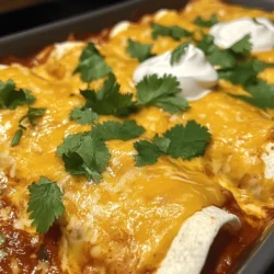 - 1 lb ground beef - 1 small onion, finely chopped - 2 cloves garlic, minced - 1 can (15 oz) black beans, drained and rinsed - 1 can (10 oz) enchilada sauce (red or green) - 8 small flour tortillas - 2 cups shredded cheese (cheddar and Monterey Jack blend) - 1 teaspoon cumin - 1 teaspoon chili powder - Salt and pepper to taste - Fresh cilantro, for garnish (optional) - Sour cream, for serving (optional) When I make beef enchiladas, I start with these main ingredients. The ground beef is the star. I like to use lean beef, as it keeps the dish light. Next, I chop a small onion and mince garlic. The onion adds sweetness. The garlic gives great flavor. I always include black beans. They add protein and fiber. Don't forget the enchilada sauce. You can choose red or green. Either works great. The tortillas need to be small. They hold the filling well. The cheese blend is key. Cheddar and Monterey Jack melt nicely together. For seasoning, I use cumin and chili powder. They give the enchiladas warmth. Salt and pepper balance the flavors. You can add more if you like. Finally, I love to garnish my enchiladas. Fresh cilantro adds a pop of color. Sour cream is a tasty addition too. It cools down the spice. You can find the full recipe for the beef enchiladas above. Enjoy cooking! 1. Start by cooking the ground beef in a large skillet. It takes about 5-7 minutes for it to brown. This step is key for flavor. 2. Next, add the finely chopped onion and minced garlic. Cook them for 3-4 minutes until the onion turns translucent. This adds a sweet touch. 3. Now, stir in the black beans, cumin, and chili powder. Cook this mixture briefly for about 2 minutes. This step brings all the flavors together. 1. Preheat your oven to 375°F (190°C) while you prepare the dish. This ensures your enchiladas cook evenly. 2. Spread half a cup of enchilada sauce on the bottom of a 9x13 inch baking dish. This keeps the tortillas from sticking. 3. Take a flour tortilla and place about 1/3 cup of the beef mixture in its center. Sprinkle a bit of cheese on top. Roll the tortilla tightly and place it seam-side down in the dish. Repeat this step until all tortillas are in the dish. 1. Pour the remaining enchilada sauce over the rolled tortillas. Make sure to cover them well. 2. Top with the leftover cheese. This will create a nice, bubbly topping. 3. Cover the baking dish with aluminum foil. Bake it for 20 minutes. After that, remove the foil and bake for another 10 minutes. This creates a golden, melted cheese crust. For the full recipe, check out the details above. Enjoy your easy beef enchiladas! When making easy beef enchiladas, cheese plays a big role. I suggest a blend of sharp cheddar and Monterey Jack. This mix melts well and adds a rich flavor. You can also try pepper jack for a spicy kick. To prevent your tortillas from tearing, warm them before use. Heat them in a skillet for a few seconds on each side. This makes them soft and easy to roll. You can also wrap them in a damp cloth and microwave for 30 seconds. To elevate the taste of your enchiladas, consider adding spices like smoked paprika or oregano. These spices add depth to the dish. A pinch of cayenne can bring some heat if you like it spicy. For enchilada sauce, I recommend brands like Old El Paso or Verde. They offer great flavor and save time. Just pour it straight from the can and enjoy! One common mistake is overfilling the tortillas. Too much filling can make them burst during baking. Stick to about one-third cup of filling per tortilla. Another mistake is not covering the dish while it bakes. Covering enchiladas with foil helps them cook evenly. It also keeps them moist. After 20 minutes, you can remove the foil to let the cheese brown. {{image_2}} You can make your beef enchiladas even more exciting by swapping out ingredients. Try using chicken instead of beef. Shredded chicken works well and gives a lighter taste. If you want a meat-free option, use beans. Black beans or pinto beans add great texture and protein. Another swap is the tortillas. While flour tortillas are tasty, corn tortillas can add a nice crunch. They also work well for gluten-free diets. Just remember to warm them before filling. This helps them roll without breaking. Want to kick up the flavor? Add jalapenos for some heat. Slice them thin and mix them into your beef filling. If you prefer a milder taste, leave them out. You can also add veggies to your enchiladas. Chopped bell peppers, onions, or spinach are great choices. They not only boost the flavor but also add nutrients. Plus, they make your meal colorful and fun. If you're looking for gluten-free options, corn tortillas are your best friend. Just check the package to ensure they are certified gluten-free. For those who prefer vegetarian meals, you can make a vegetarian version of beef enchiladas. Use beans, cheese, and veggies as the filling. This version still tastes great and satisfies all the cheesy cravings. For the full recipe, check out the Cheesy Beef Enchiladas Fiesta. To store leftover enchiladas, place them in an airtight container. Make sure they cool down first. This method helps keep them fresh. You can enjoy cooked enchiladas in the fridge for up to three days. To freeze beef enchiladas, wrap each one tightly in plastic wrap. After wrapping, place them in a freezer-safe bag. Remove as much air as possible before sealing. You can keep them frozen for about three months without losing flavor. For best results when reheating, let them thaw in the fridge overnight. This helps maintain their taste and texture. You have two great options for reheating: the oven or the microwave. - Oven Method: Preheat your oven to 350°F (175°C). Place the enchiladas in a baking dish. Cover with foil to prevent drying. Heat for about 20 minutes or until hot. - Microwave Method: Place enchiladas on a microwave-safe plate. Cover with a damp paper towel to keep moisture. Heat in 1-minute intervals until warm. To restore texture, let them sit for a few minutes after reheating. This step helps the flavors settle back in. The best sauce for enchiladas often depends on your taste. Red enchilada sauce has a rich, bold flavor. It comes from dried red chilies, tomatoes, and spices. Green enchilada sauce, made from tomatillos, is milder and tangy. Both sauces work well. If you want a smoky taste, try red sauce. For a fresher taste, go for green sauce. You can even mix both for a unique blend. Yes, you can prepare enchiladas in advance. To do this, follow these steps: Make the filling and assemble the enchiladas. Place them in a baking dish and cover it. You can store the dish in the fridge for up to 24 hours. When ready to cook, add sauce and cheese, then bake. This method saves time on busy nights. To complete your meal, pair enchiladas with tasty side dishes. Here are some ideas: - Mexican rice - Refried beans - Guacamole - Chips and salsa - A fresh salad or corn salad These sides add color and flavor to your plate, making for a satisfying meal. You can substitute beef with various proteins or plant-based options. Consider these choices: - Ground chicken or turkey for a leaner meat. - Black beans or lentils for a vegetarian option. - Shredded chicken for a different texture. - Tofu for a plant-based protein. These options still create tasty enchiladas. To add heat to your enchiladas, try these tips: - Use spicy enchilada sauce or add chili powder. - Chop fresh jalapeños and mix them into the filling. - Add crushed red pepper flakes to the sauce. - Serve with hot salsa on the side. These ideas will help you achieve your desired spice level. For the full recipe, see the Cooking section above. To wrap up, making delicious enchiladas is simple! You learned about the main ingredients and their roles. I shared easy step-by-step instructions to guide you. Remember to use the tips for perfecting your dish and avoid common mistakes. You can explore variations to fit any diet or taste. Lastly, I provided storage and reheating advice to keep your leftovers tasty. Enjoy creating and sharing these delightful enchiladas!