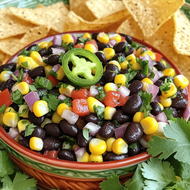 To make Zesty Black Bean Corn Salsa, gather these simple ingredients: - 1 can (15 oz) black beans, drained and rinsed - 1 cup corn kernels (fresh, frozen, or canned) - 1 red bell pepper, diced - 1 small red onion, finely chopped - 1 jalapeño pepper, seeded and minced - 1/4 cup fresh cilantro, chopped - 2 tablespoons lime juice - 1 tablespoon olive oil - 1 teaspoon ground cumin - Salt and pepper to taste These ingredients create a vibrant and colorful dip. Each one adds a unique flavor that makes your salsa pop. Do you need to swap some items? Here are some easy substitutions: - Black beans: Use pinto beans or kidney beans if you prefer. - Corn: Try using diced zucchini or bell peppers if you want a twist. - Red bell pepper: Yellow or green bell peppers work well too. - Red onion: Use green onions or sweet onions for a milder taste. - Jalapeño: If you like less heat, use a mild pepper like a banana pepper. - Lime juice: You can replace it with lemon juice for a different zing. These swaps can fit your taste and what you have at home. Want to make your salsa even more exciting? Here are some fun add-ins: - Diced avocado for creaminess. - Chopped tomatoes for extra freshness. - Black olives for a salty bite. - Crumbled feta cheese for a tangy twist. - Diced mango for a sweet touch. Feel free to mix and match based on your cravings. Each option enhances flavor and texture, making your salsa unique. You can find the full recipe to guide you through the process of creating this delicious dip. Start by gathering all your ingredients. You will need black beans, corn, red bell pepper, red onion, jalapeño, cilantro, lime juice, olive oil, and spices. 1. Open the can of black beans and drain them. Rinse them well under cold water. This step helps remove excess salt and keeps your salsa fresh. 2. Measure out one cup of corn. You can use fresh, frozen, or canned corn. Each option works great! 3. Dice the red bell pepper into small pieces. This will give your salsa a nice crunch and color. 4. Finely chop the red onion. A small onion adds a strong flavor. 5. Remove the seeds from the jalapeño. Then, mince it into tiny bits. Adjust the amount for spice level. 6. Chop the fresh cilantro. It adds a bright taste and herbal note to the salsa. Now it’s time to mix everything together. 1. In a large mixing bowl, combine the black beans, corn, diced red bell pepper, chopped red onion, and minced jalapeño. 2. Add the chopped cilantro to the bowl. Make sure it’s spread evenly throughout the mixture. 3. In a small bowl, whisk together the lime juice, olive oil, ground cumin, salt, and pepper. Mix until it is well blended. 4. Pour this dressing over the bean and corn mixture. Gently toss everything together. Ensure every piece gets coated in the dressing. To make your salsa even tastier, consider these tips. - Taste the salsa after mixing. Adjust the seasoning by adding more lime juice or salt if needed. - Let the salsa sit in the refrigerator for at least 30 minutes. This helps the flavors blend and deepen. - Garnish with extra cilantro when serving for added color and freshness. For the complete recipe, check out the Full Recipe. Enjoy making your zesty black bean corn salsa! When cutting vegetables, keep it simple. Use a sharp knife for clean cuts. Start by cutting the ends off each vegetable. For the bell pepper, slice it in half and remove the seeds. Next, cut it into thin strips. Then, dice the strips into small pieces. For onions, slice them in half first. Make small cuts from root to tip. Finally, cut across to create tiny cubes. This method helps with even cooking and better texture in your salsa. To change the heat in your salsa, focus on the jalapeño. If you want more spice, add more jalapeño or leave in some seeds. For less heat, remove all the seeds and the white ribs. You can also swap jalapeño for a milder pepper, like a green bell pepper. If you accidentally make it too spicy, add more corn or beans to balance the heat. This keeps the flavor bright without overwhelming your taste buds. Serve your salsa in a bright bowl. It looks great with fresh cilantro on top. Pair it with tortilla chips for dipping, or use fresh veggie sticks like carrots and cucumbers. You can also serve it over grilled chicken or fish for a tasty meal. This salsa makes a great topping for tacos or burritos too. For an extra touch, add slices of avocado or a dollop of sour cream on top. For the full recipe, check out the details above. {{image_2}} You can make your salsa unique by adding fruit. Fruits like mango or pineapple give a sweet flavor. Just chop them into small pieces and mix them in. The sweetness balances the spice from the jalapeño. You can also try peach or even kiwi for new tastes. This will make your salsa bright and fun! While black beans are great, you can switch things up. Use pinto beans or kidney beans instead. They both add a different texture and taste. Mixing beans can also boost protein content. You can even try chickpeas for a twist! Just remember to drain and rinse them first. This helps keep your salsa fresh and tasty. The dressing in the full recipe is simple but you can change it. Try adding a splash of apple cider vinegar for zing. You could also use a dash of hot sauce for more heat. If you want a creamier texture, mix in some Greek yogurt. Herbs like oregano or thyme can add depth. Experimenting with these options makes your salsa special! After you enjoy your zesty black bean corn salsa, you will want to store any leftovers. Place the salsa in an airtight container. This keeps it fresh and tasty. If you use plastic wrap, press it against the salsa to limit air exposure. Store it in the fridge. The salsa will stay good for several days. If you have more salsa than you can eat, freezing is a great option. First, make sure the salsa is cool. Pour it into a freezer-safe container. Leave some space at the top for expansion. You can also use freezer bags, just squeeze out the air. When you want to use it, thaw the salsa in the fridge overnight. In the fridge, your salsa lasts about 3 to 5 days. If you freeze it, it can last for up to 3 months. Always check for any off smells or changes in texture before eating. For the best taste, enjoy your salsa fresh or within the first week. You can serve this salsa with tortilla chips for a crunchy dip. It also pairs well with grilled chicken or fish. Use it as a topping for tacos or burritos. You can even spoon it over a fresh salad for added flavor. Yes, you can make this salsa ahead of time. In fact, letting it sit in the fridge for a while helps the flavors blend. Make it a few hours or a day before your event for the best taste. Just cover it tightly and store it in the fridge. Absolutely! This salsa is vegan-friendly. It contains no animal products. You can enjoy it guilt-free and share it with your vegan friends. Zesty Black Bean Corn Salsa lasts about 3 to 5 days in the fridge. Store it in an airtight container to keep it fresh. If you notice any strange smells or colors, it's best to toss it. Yes, canned corn works perfectly! Just drain it well before adding it to the salsa. This saves you time and still gives great flavor. For even pieces, use a sharp knife and a stable cutting board. Dice the bell pepper and onion into small, uniform pieces. This helps the salsa look nice and taste better. Yes, feel free to get creative! You can add diced avocado for creaminess or chopped mango for sweetness. Just remember to adjust the seasoning if you add new ingredients. In this blog post, we explored the tasty world of Zesty Black Bean Corn Salsa. We covered essential ingredients, substitutions, and optional add-ins. The step-by-step instructions made it easy to prepare and combine. You learned tips for cutting veggies and adjusting spice. Plus, we shared fun variations and storage tips. Remember, this salsa is not just a dip; it’s a versatile dish. Enjoy it your way, and feel free to experiment!