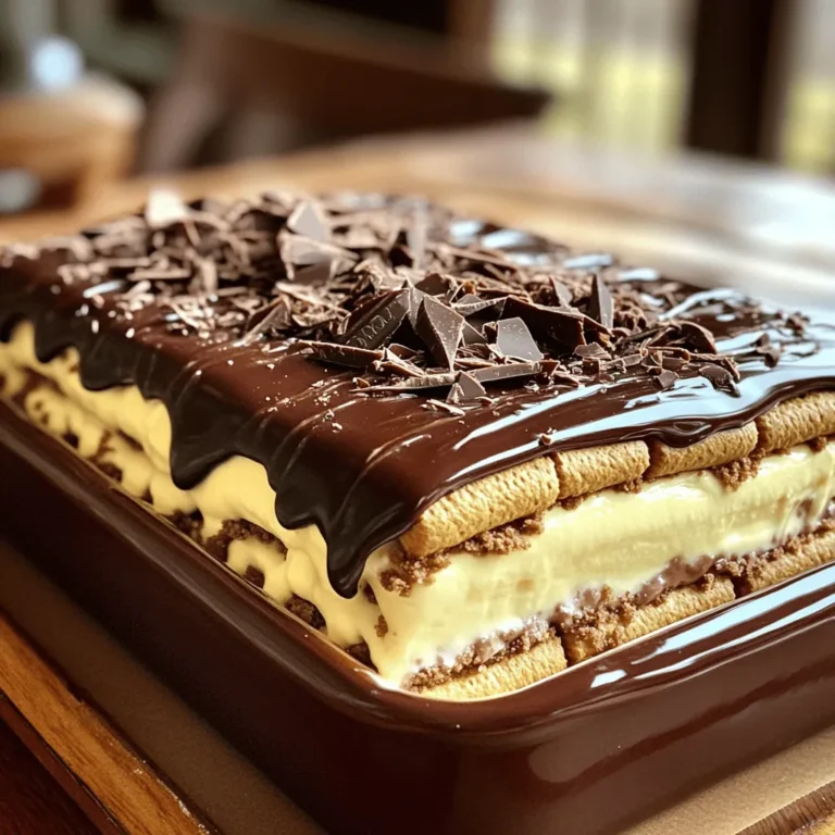 To make a No Bake Chocolate Eclair Cake, you need simple ingredients. Each one plays a key role in the flavor and texture. Here’s what you will need: - 1 package (14 oz) graham crackers - 2 cups cold milk - 2 packages (3.4 oz each) instant vanilla pudding mix - 1 container (8 oz) whipped topping (thawed) - 1/2 cup powdered sugar - 1/4 cup cocoa powder - 1/4 cup unsweetened chocolate syrup - 1 teaspoon vanilla extract - Optional: shaved chocolate or chocolate sprinkles for garnish These ingredients make a creamy and delicious cake. The graham crackers give it a nice crunch. The pudding mix adds a rich, sweet flavor. The whipped topping makes it light and fluffy. You can also customize it with your favorite toppings. For the full recipe, check out the detailed steps later. To start, grab a large mixing bowl. Add 2 cups of cold milk. Next, add the 2 packages of instant vanilla pudding mix. Whisk them together for about 2 minutes. You want it smooth and thick. Once it’s ready, carefully fold in the thawed whipped topping. Mix it well until it’s creamy. This will be our yummy filling. Now, take a 9x13 inch baking dish. Begin with a single layer of graham crackers at the bottom. Cover the entire base. Then, spread half of your pudding mixture over the graham crackers. Make sure it’s even. Repeat this step. Add another layer of graham crackers and then the rest of the pudding mixture. Finish by topping it with a final layer of graham crackers. In a separate bowl, mix the powdered sugar, cocoa powder, chocolate syrup, and vanilla extract. Stir until it’s smooth. Now, pour this chocolate glaze over the top layer of graham crackers. Use a spatula to spread it out evenly. Once done, cover the dish with plastic wrap. Chill it in the fridge for at least 4 hours. This helps the layers set. When you’re ready to serve, slice it into squares. You can add shaved chocolate or sprinkles for an extra touch. For the full recipe, check out the details above. Layering is key to a good no bake chocolate eclair cake. Start with a clean dish. Use a 9x13 inch baking dish for best results. Place a single layer of graham crackers first. Make sure to cover the bottom fully. Spread half of the pudding mixture evenly on top. This keeps the layers strong and neat. Repeat the process for a great look and taste. To make the chocolate glaze, mix cocoa powder, powdered sugar, and chocolate syrup in a bowl. Stir until it is smooth. The glaze should not be too runny. If it is, add a bit more powdered sugar. Pour the glaze over the final layer of graham crackers. Use a spatula to spread it out evenly. This step makes your cake look stunning and adds rich flavor. Refrigeration is crucial for this dessert. Chill the cake for at least four hours. Overnight is even better! This waiting time helps the layers meld together. The graham crackers soften nicely, and the flavors blend. When you finally slice it, each piece will hold well. You will enjoy a creamy and rich treat. For the full recipe, check the instructions above. {{image_2}} You can change the flavor of the pudding for a new twist. Instead of vanilla, try chocolate pudding. This will enhance the chocolate flavor. You can also use butterscotch pudding for a sweet surprise. Mix it and taste the fun! Toppings can make your cake even better. Use whipped cream on top for a light touch. Add fresh berries like strawberries or raspberries for color and taste. Shaved chocolate or chocolate sprinkles add a nice crunch. Nuts, like chopped almonds or pecans, work well too! Mini eclair cakes are fun for parties. Use small cups or jars for individual servings. Layer graham crackers and pudding just like the big cake. This way, each guest gets their own treat. It makes serving easy and looks cute on the table! For all the details, check the Full Recipe. Enjoy making your own tasty twist! To store leftovers of your no bake chocolate eclair cake, first cover the dish tightly with plastic wrap. This keeps it fresh and prevents any odors from other foods in your fridge. You can also transfer individual slices to an airtight container. Keep it in the fridge for up to 3 days. The flavors will continue to meld and taste even better after a day or two. You can freeze the eclair cake if you want to save some for later. First, cut the cake into slices. Wrap each slice in plastic wrap, then place them in a freezer bag or airtight container. This way, you can take out just what you need. It’s best to eat frozen pieces within 2 months. When you’re ready to enjoy, let them thaw in the fridge overnight for the best texture. No need to heat this cake! It tastes best chilled. If it has been frozen, thaw it in the fridge. If you want it slightly warm, you can leave it out for about 15 minutes before serving. Just remember, the creaminess shines through when it’s cold. Enjoy each slice as it is, straight from the fridge, or topped with some more chocolate sprinkles for fun! Yes, you can use different types of milk for this recipe. Almond milk, oat milk, or soy milk all work well. Just make sure to use the same amount as the recipe states. The flavor may change a bit, but it will still be tasty! You can keep the No Bake Chocolate Eclair Cake in the fridge for up to five days. Just cover it well to keep it fresh. The longer it sits, the more the flavors blend together. You might even find it tastes better after a day or two! Yes, you can make the cake dairy-free! Use dairy-free whipped topping and a non-dairy milk alternative. Many instant pudding mixes are dairy-free, but check the label to be sure. This way, everyone can enjoy this creamy treat! For the full recipe, check out the detailed instructions above. This blog post covers the easy steps to make a No Bake Chocolate Eclair Cake. You learned about the simple ingredients like graham crackers and instant pudding. We discussed how to prepare the pudding, layer the cake, and add a tasty chocolate glaze. Remember, you can customize flavors and toppings to fit your taste. Store leftovers properly or freeze them for later. Enjoy making this delicious treat and don’t hesitate to try different versions!