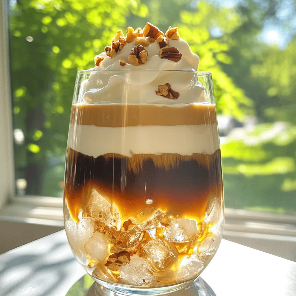 - 1 cup cold brew coffee - 1 cup almond milk (or milk of choice) - 2 tablespoons maple syrup - 2 tablespoons pecan butter (or finely chopped pecans) - 1/2 teaspoon vanilla extract - Ice cubes - Whipped cream (optional for topping) - Toasted pecans (for garnish) To make the Maple Pecan Cold Brew Latte, gather your ingredients first. Cold brew coffee is the base of the drink. It offers a smooth and rich flavor. You can make cold brew at home or buy it ready-made. Almond milk gives a creamy texture. You can also use oat or coconut milk if you prefer. Maple syrup adds a sweet touch. Choose pure maple syrup for the best taste. Pecan butter creates a nutty flavor. If you don’t have pecan butter, finely chopped pecans work well too. Vanilla extract enhances the overall flavor, making it more inviting. Don’t forget the ice cubes. They keep your drink cold and refreshing. If you like, top your latte with whipped cream and toasted pecans. They add a nice crunch and sweetness. This recipe is quick and easy. You can prepare it in just 5 minutes. For the full recipe, check the details above. To make a Maple Pecan Cold Brew Latte, follow these easy steps. You will enjoy the rich and creamy taste! 1. Combine almond milk, maple syrup, pecan butter, and vanilla extract. In a mixing bowl, add 1 cup of almond milk, 2 tablespoons of maple syrup, 2 tablespoons of pecan butter, and 1/2 teaspoon of vanilla extract. Whisk everything together until it is smooth and well mixed. This mixture adds a sweet and nutty flavor. 2. Glass preparations with ice cubes. Take a tall glass and fill it with ice cubes to the top. The ice keeps your latte cold and refreshing. 3. Mixing and serving the latte. Pour 1 cup of cold brew coffee over the ice, filling the glass halfway. Slowly add the almond milk mixture into the coffee. Stir gently to combine everything. If you want to make it special, top it with whipped cream and a sprinkle of toasted pecans. Serve your drink right away with a straw or spoon. For the full recipe, check back at the beginning! Making this latte takes just five minutes. Enjoy every sip of this delightful drink! - Choosing the right cold brew coffee: Start with a smooth, rich cold brew. Look for a brand that uses high-quality beans. A good cold brew should have a balanced flavor, not too bitter. You can also make your own at home by steeping coarsely ground coffee in cold water overnight. - Adjusting sweetness to taste: You can control the sweetness by adding more or less maple syrup. If you like it sweeter, add an extra half tablespoon. If you prefer less sweetness, you can skip it altogether or reduce the amount. Taste as you go! - Importance of using fresh ingredients: Fresh ingredients make a big difference. Always use fresh almond milk or your choice of milk. Check the dates on your maple syrup and pecan butter too. Freshness boosts flavor and quality. - How to achieve creaminess with alternative milks: Almond milk can be a bit thin. To add creaminess, try oat milk or cashew milk. Both have a rich texture and blend well. If you want it even creamier, consider adding a splash of heavy cream or half-and-half, if preferred. - Incorporating whipped cream effectively: If you use whipped cream, make it from scratch for the best taste. Use heavy cream and whip it until soft peaks form. Top your latte generously. The whipped cream adds a lovely touch and makes it feel indulgent. {{image_2}} You can make your Maple Pecan Cold Brew Latte unique. Try different milk options like oat or coconut. Each milk gives a new taste and texture. You can also add flavored syrups or extracts. A splash of hazelnut or caramel syrup can elevate your drink. For nut toppings, switch things up with hazelnuts or walnuts. These nuts add crunch and flavor. Seasonal changes inspire fun new ideas. In fall, add pumpkin spice for a cozy twist. You can enjoy this latte hot or iced. Hot lattes warm you up, while iced ones refresh you. Both versions give you that rich and creamy taste. Depending on the season, you can get creative with flavors and temperatures! To keep your cold brew coffee fresh, store it in an airtight container. This helps it stay tasty for up to two weeks. Keep it in the fridge to maintain its flavor. For milk alternatives, like almond milk, check the expiration date. Once opened, use it within a week for the best taste. Store it in the fridge, sealed tightly. This keeps it fresh and safe. Yes, you can prepare your maple pecan cold brew latte in advance! Make the maple pecan mixture and store it in the fridge. Use a jar with a tight lid for the best results. This mixture stays good for about three days. You can also brew your cold brew coffee ahead of time. Just remember to keep it in an airtight container in the fridge. This way, you can enjoy your latte whenever you want! For the full recipe, check the details above. A Maple Pecan Cold Brew Latte is a rich and creamy drink. It blends cold brew coffee with a nutty, sweet flavor. The main ingredients include: - 1 cup cold brew coffee - 1 cup almond milk (or milk of choice) - 2 tablespoons maple syrup - 2 tablespoons pecan butter (or finely chopped pecans) - 1/2 teaspoon vanilla extract - Ice cubes - Whipped cream (optional for topping) - Toasted pecans (for garnish) The cold brew coffee gives a smooth base. The almond milk adds creaminess, while the maple syrup and pecan butter offer sweetness and depth. Yes, you can use regular coffee. However, there are pros and cons. Cold brew coffee is less acidic and smoother than regular coffee. This makes it a great choice for a cold latte. If you use regular coffee, it may taste stronger and more bitter. You can brew it and chill it, but it may not be as smooth. This drink can be a healthy treat. It has some benefits. Cold brew coffee can boost your energy. Almond milk is low in calories and dairy-free. Maple syrup offers natural sweetness. However, keep an eye on added sugars. The pecan butter adds healthy fats, which are good for your heart. Overall, this latte can fit into a balanced diet. You can make a delicious Maple Pecan Cold Brew Latte at home. Start with cold brew coffee and mix it with almond milk, maple syrup, and pecan butter. Remember to add ice and enjoy! For a creamier drink, choose the right milk and fresh ingredients. Customize your latte with different nuts and flavors. Store your ingredients properly to keep things fresh. This simple and tasty drink is perfect for any season. Enjoy experimenting with your own variations!
