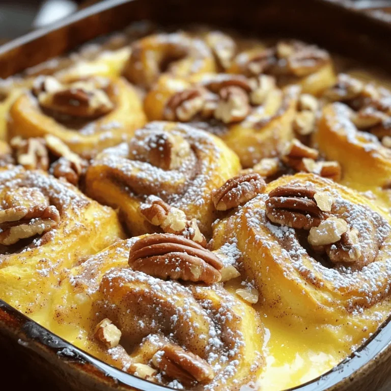 - 2 cans refrigerated cinnamon rolls (8 rolls each) - 4 large eggs - 1 cup milk - 1 teaspoon vanilla extract - 1 teaspoon ground cinnamon - 1/4 teaspoon nutmeg - 1/2 cup maple syrup - 1/2 cup chopped pecans (optional) - 1/4 cup powdered sugar (for icing) - 1 tablespoon milk (for icing) What can I use instead of refrigerated cinnamon rolls? You can use homemade dough or puff pastry. These will give you a fresh twist. What if I need dairy-free options? For milk, you can use almond or oat milk. For eggs, try flaxseed meal mixed with water. This works well in many recipes. What about flavor changes? You can swap vanilla extract for almond or maple extract. This adds a fun flavor twist. You can also mix in different spices like cloves or allspice for a unique taste. First, preheat your oven to 350°F (175°C). This temperature helps the casserole cook evenly. Grease a 9x13 inch baking dish with butter or cooking spray. This step keeps the casserole from sticking. Next, open the cans of refrigerated cinnamon rolls. Cut each roll into quarters. This makes it easier for the egg mixture to soak in. In a large bowl, whisk together the eggs, milk, and vanilla extract. Add ground cinnamon and nutmeg for extra flavor. Whisk until everything is combined well. Pour this mixture over the cinnamon roll pieces in the baking dish. Make sure all the pieces are soaked. This soaking helps the rolls become soft and fluffy. Bake the casserole in the preheated oven. It should take about 25-30 minutes. Check for doneness by looking for a puffed-up, golden brown top. Once done, take it out and let it cool for a few minutes. For the icing, mix powdered sugar with 1 tablespoon of milk until smooth. Drizzle the icing over the casserole before serving. Enjoy your sweet and tasty breakfast dish! For the complete recipe, check the Full Recipe. To make the best cinnamon roll casserole, you need to ensure each piece gets soaked well. Cut the cinnamon rolls into quarters and spread them evenly in the baking dish. Pour the egg mixture slowly and make sure it covers all the pieces. This method helps every bite taste rich and creamy. For the baking dish, use a 9x13 inch size. Glass or metal works best. Glass dishes heat evenly, while metal pans give a nice browning. Grease the dish well to avoid sticking. This step ensures easy serving later. Pair your cinnamon roll casserole with fresh fruit. Slices of strawberries or a bowl of berries add color and flavor. You can also serve it with a dollop of whipped cream for extra sweetness. For a beautiful presentation, sprinkle some powdered sugar on top. Use a sifter for an even layer. You can also add a few whole pecans on top for a nice crunch and visual appeal. One common mistake is overbaking the casserole. Keep an eye on it after 25 minutes. You want the top to be golden, not dark brown. Another mistake is incorrect measurements. Be sure to measure your ingredients carefully. Too many eggs can make it too dense, while too little milk can dry it out. Stick to the recipe for the best results. Feel free to check the [Full Recipe] for more details! {{image_2}} You can easily boost the flavor of your cinnamon roll casserole. Adding fruits can make it fresh and fun. Try mixing in chopped apples or a handful of berries. They add sweetness and a nice texture. Another great idea is to add chocolate chips. They melt during baking, creating gooey pockets of chocolate. This takes your dish to the next level. You can use dark, milk, or even white chocolate to match your taste. For a healthier twist, consider reducing the sugar. You can also use whole grain cinnamon rolls. This change increases fiber and nutrients. It’s a simple swap that keeps the taste great. If you want a vegan version, swap the eggs with flaxseed meal or silken tofu. You can replace the milk with almond or oat milk. These changes keep your dish delicious and plant-based. You can adapt this recipe to fit the seasons. In fall, add pumpkin spice for a cozy flavor. Just mix it in with the egg mixture. For winter, try adding peppermint extract. A little goes a long way. This gives your casserole a festive touch that everyone will love. These variations make your cinnamon roll casserole unique and exciting! Feel free to mix and match as you like. For the full recipe, check out the details above. To keep your cinnamon roll casserole fresh, store it in an airtight container. This step prevents moisture loss and keeps flavors intact. You can refrigerate the casserole for up to four days. If you want to save it longer, freezing is a great option. Cut it into portions and wrap each piece tightly in plastic wrap. Then, place them in a freezer-safe bag. Your casserole can last for up to three months in the freezer. When you're ready to enjoy leftovers, reheating is key. For the best texture, use the oven. Preheat it to 350°F (175°C). Place the casserole in a baking dish, cover with foil, and heat for about 15 to 20 minutes. If you’re short on time, the microwave works too. Heat a single portion for 30 to 45 seconds, but it may not feel as fluffy. Cinnamon roll casserole lasts about four days in the fridge. If you freeze it, check the date. Signs that it has gone bad include an off smell or a change in texture. If you notice any mold, discard it right away. Enjoy every bite of this tasty and easy breakfast dish while it’s fresh! For the full recipe, check out the [Full Recipe]. Cinnamon roll casserole is a warm, gooey breakfast dish. It has soft, fluffy cinnamon rolls mixed with eggs and milk. The texture is similar to a bread pudding. You get sweet and spicy flavors in every bite. It has a nice golden top that makes it look appetizing. Yes, you can prepare this dish in advance. You can cut the cinnamon rolls and mix the egg mixture the night before. Store them in the fridge. In the morning, just pour the mixture over the rolls and bake. This saves time and makes breakfast easier. For gluten-free diets, use gluten-free cinnamon rolls. For a vegan version, replace eggs with flax eggs and use almond milk. You can also use maple syrup instead of regular syrup for sweetness. These swaps keep the dish delicious while meeting dietary needs. I recommend serving cinnamon roll casserole warm out of the oven. Drizzle icing on top for sweetness. You can add fresh fruit like berries or bananas for color. Pair it with a side of crispy bacon for a savory touch. Enjoy it with family for a cozy breakfast experience. Cinnamon roll casserole is tasty and easy to make. We covered the key ingredients, step-by-step instructions, and some clever tips to get it just right. You can add fruits, nuts, or even make it healthier. Don’t worry if you have dietary needs; there are options for you too. This dish not only satisfies your sweet tooth but is also fun to share. Try out the variations and enjoy a delightful meal with family and friends. Your next breakfast or brunch will be a hit!