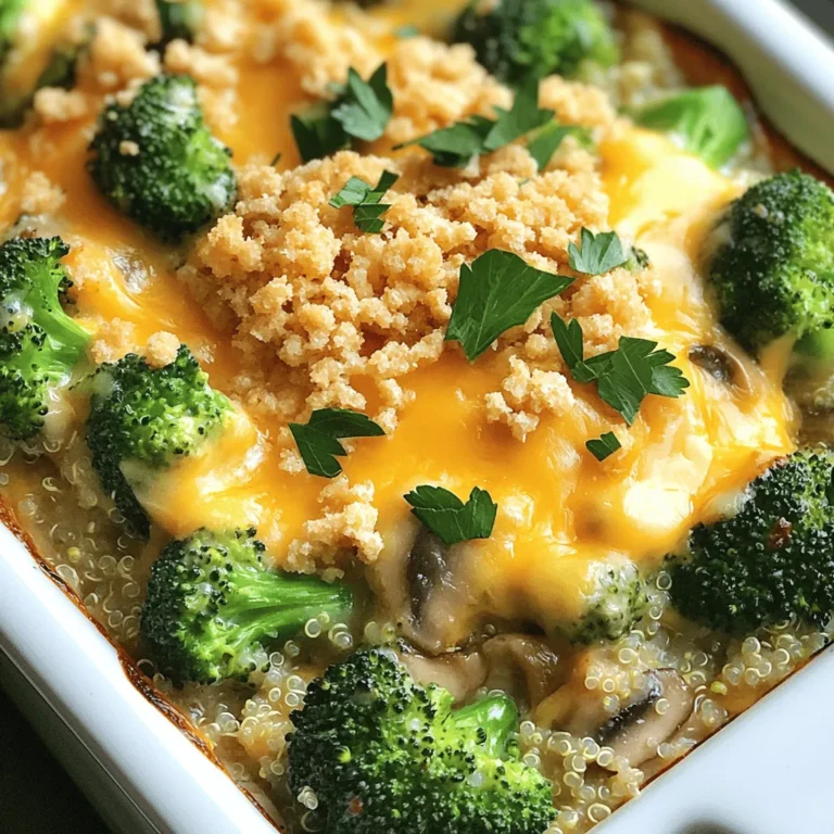 - 4 cups fresh broccoli florets - 1 cup cooked quinoa - 2 cups shredded sharp cheddar cheese - 1 cup cream of mushroom soup - ½ cup milk - 1 teaspoon garlic powder - ½ cup crushed crackers - 2 tablespoons olive oil (for greasing) When I make Cheesy Broccoli Casserole, I always start with fresh broccoli florets. They give the dish a bright green color and a nice crunch. I also like to add cooked quinoa. It makes the casserole hearty and adds protein. Next, I choose my cheeses. I use shredded sharp cheddar cheese for its rich flavor. Mixing it with cream of mushroom soup and milk creates a creamy base. This blend keeps the casserole moist and tasty. Don't forget the seasonings! I use garlic powder for a hint of savory flavor. The crushed crackers on top add a delightful crunch that everyone loves. I grease my baking dish with olive oil to prevent sticking. This mix of fresh ingredients, creamy components, and toppings brings the perfect taste to the dish. You can find the full recipe [here](#). - Preheat the oven to 350°F (175°C) and grease the casserole dish. - Blanch the broccoli florets in boiling water. This means you quickly cook them to keep them crisp. - Combine cream of mushroom soup, milk, garlic powder, onion powder, salt, and black pepper in a large bowl. Mix until smooth. - Stir in the cooked quinoa and 1 ½ cups of shredded cheddar cheese. This adds creaminess and flavor to your dish. - Gently fold in the blanched broccoli. This keeps the florets whole and adds color. - Transfer the mixture to the greased casserole dish. Spread it out evenly. - Top the casserole with the remaining ½ cup of cheddar cheese. Sprinkle crushed crackers over the top for crunch. You can find the full recipe with detailed instructions and ingredient lists to help guide you through the process. To get the best texture for your broccoli, start by blanching it. Boil the florets for about 3 minutes until they turn bright green. This keeps them tender but still crisp. After blanching, drain them well. This step helps avoid mushy broccoli in your casserole. For that perfect cheese melt, use shredded cheese instead of blocks. Shredded cheese melts more evenly. Mix the cheese into the warm soup mixture before adding the broccoli. This helps the cheese melt smoothly throughout the dish. To elevate the taste, try adding some simple seasonings. Garlic powder and onion powder work great. They add depth without being overpowering. You can also sprinkle in a little paprika for a smoky flavor. Using different types of cheeses can add fun twists. While sharp cheddar is classic, you might try Gruyère or mozzarella for a creamier texture. Mixing cheeses can create a unique flavor profile that surprises your taste buds. For the full recipe, check this [Full Recipe]. {{image_2}} To make a healthier Cheesy Broccoli Casserole, you can swap some ingredients. Here are some ideas: - Gluten-free: Use gluten-free crackers instead of regular ones. This keeps the crunch without gluten. - Dairy-free: For a dairy-free version, try using plant-based cheese and milk. Almond or oat milk works well here. - Lighter version: Use low-fat cream of mushroom soup and reduce cheese to one cup. This cuts calories while keeping flavor. These swaps can help you enjoy this dish without straying from your health goals. You can customize your casserole by adding more ingredients. Here are some tasty options: - Protein: Add cooked chicken or tofu for extra protein. This makes the meal heartier and helps keep you full. - Other vegetables: Mix in veggies like carrots, bell peppers, or spinach. This adds color and boosts nutrition. By making these additions, you can create a unique casserole that fits your taste and dietary needs. You can find the Full Recipe for more guidance. After you enjoy your cheesy broccoli casserole, you may have some left. The casserole stays good in the fridge for about 3 to 5 days. To keep it fresh, place it in an airtight container. This way, the flavors stay intact, and it won’t get dried out. If you want to keep it longer, consider freezing it. It can last up to 3 months in the freezer. Just remember to wrap it well in plastic wrap before putting it in a freezer bag. When it’s time to eat your leftovers, reheating them correctly is key. The best method is to use the oven. Preheat it to 350°F (175°C). Place the casserole in a baking dish and cover it with foil. This helps keep the moisture in. Bake for about 20-25 minutes until heated through. You can also use the microwave if you’re in a rush. Heat it in short bursts, about 1-2 minutes at a time. Stir in between to heat evenly. For serving suggestions, try adding a sprinkle of fresh herbs on top. It adds a nice touch and bright flavor. You can also serve it with a side salad for a complete meal. If you want to try something new, pair it with a dollop of Greek yogurt for creaminess. Now you're ready to enjoy your cheesy broccoli casserole again! Be sure to check out the Full Recipe for more tips. Can I make Cheesy Broccoli Casserole ahead of time? Yes, you can prepare this casserole in advance. Just follow all the steps until you are ready to bake. Cover it tightly with plastic wrap or foil and refrigerate. When you're ready to eat, bake it from the fridge. You may need to add a few more minutes to the cooking time. How can I make this recipe vegetarian? This recipe is already vegetarian since it uses cheese and no meat. To keep it vegetarian, ensure your cream of mushroom soup does not contain meat stock. You can also add more veggies or use plant-based cheese for a twist. What is the calorie count and nutritional breakdown per serving? Each serving of Cheesy Broccoli Casserole has about 300 calories. It includes roughly 15 grams of protein, 20 grams of fat, and 25 grams of carbs. This dish packs a good amount of fiber from the broccoli and quinoa. Does this recipe contain allergens? Yes, this recipe has common allergens. It contains dairy from the cheese and milk. Also, it includes wheat in the crackers. If you have allergies, you can use gluten-free crackers or dairy alternatives. Check all labels to be safe. For the full recipe, be sure to check the earlier sections! This blog post covered a tasty and easy Cheesy Broccoli Casserole recipe. We explored fresh ingredients, creamy components, and ways to season and top your dish. You learned how to prepare, mix, and assemble it for great results. We shared tips for perfecting your casserole and suggested variations for healthier options. Lastly, you discovered storage and reheating methods. Now, you can enjoy cooking this dish and share it with others. Happy cooking!