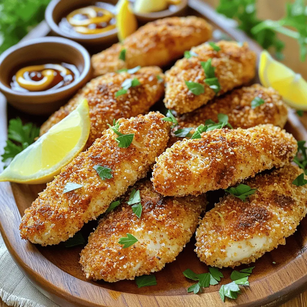 To make tasty chicken tenders, you need a few key items. Here’s what you will use: - 1 lb (450g) boneless, skinless chicken breasts, cut into strips - 1 cup buttermilk - 1 cup breadcrumbs (preferably panko for extra crunch) - ½ cup grated Parmesan cheese - 1 teaspoon garlic powder - 1 teaspoon onion powder - 1 teaspoon smoked paprika - ½ teaspoon salt - ½ teaspoon black pepper - 2 tablespoons fresh parsley, chopped (for garnish) - Cooking spray or olive oil for baking These ingredients work together to create crispy and flavorful chicken tenders. The buttermilk helps the chicken stay moist, while the panko breadcrumbs give a nice crunch. You can add extra flavors to your chicken tenders if you like. Consider these options: - Lemon zest for a fresh taste - Cayenne pepper for a spicy kick - Fresh herbs like thyme or oregano for depth - Honey or maple syrup for a hint of sweetness These optional ingredients let you customize your chicken tenders to match your taste. To prepare these chicken tenders, you will need some basic kitchen tools: - A mixing bowl for the buttermilk and chicken - A second bowl for the breadcrumb mixture - A baking sheet lined with parchment paper - A spatula for flipping the chicken tenders - An oven to bake them Having the right equipment will make your cooking easier and more fun. If you want to see the complete steps, check the Full Recipe. 1. First, preheat your oven to 400°F (200°C). This helps the chicken bake perfectly. 2. Line a baking sheet with parchment paper. Spray it lightly with cooking spray or brush it with olive oil. This keeps the chicken from sticking. 3. Take your chicken strips and place them in a bowl. Pour buttermilk over them. Make sure each piece is well coated. This adds flavor and moisture. 4. Cover the bowl and place it in the fridge. Let the chicken marinate for at least 30 minutes. You can marinate for up to 2 hours if you want more flavor. 5. While the chicken marinates, grab another bowl. Combine breadcrumbs, Parmesan cheese, garlic powder, onion powder, smoked paprika, salt, and black pepper. Mix these well. This will be your tasty coating. 6. Once the chicken has marinated, take it out of the fridge. Let the excess buttermilk drip off each strip. 7. Dredge each chicken strip in the breadcrumb mix. Press gently to help the crumbs stick. 8. Place the coated strips on your prepared baking sheet. Make sure they don’t touch each other. This helps them cook evenly. 9. Lightly spray the tops with more cooking spray or drizzle some olive oil. This step adds extra crunch. 10. Bake in the oven for 20-25 minutes. Flip the tenders halfway through. They should turn golden brown and crispy when done. 11. Remove the chicken tenders from the oven. Let them cool slightly on the baking sheet. This helps keep them juicy. 12. Once cooled, garnish with fresh parsley. You can serve these tenders with dipping sauces like honey mustard or BBQ. 13. For a colorful touch, add lemon wedges to your platter. This makes your dish look extra special. For the full recipe, check out the detailed instructions above. Enjoy your crispy baked chicken tenders! To get the crispiest chicken tenders, use panko breadcrumbs. They are lighter and airier than regular breadcrumbs. After coating the chicken, spray the tops with cooking spray. This helps them brown and become crunchy. Bake the tenders on parchment paper to keep them from sticking. Flipping them halfway through cooking also helps both sides crisp up nicely. Marinating chicken in buttermilk adds flavor and moisture. Let the chicken soak for at least 30 minutes. If you have time, marinate it longer, up to 2 hours. This allows the flavors to soak in deeply. Always cover the bowl to keep the chicken fresh. Make sure to drain off excess liquid before coating the chicken in breadcrumbs. One common mistake is overcrowding the baking sheet. Give each tender space to breathe while cooking. Another mistake is not preheating the oven. A hot oven helps the chicken cook evenly and crisps the coating. Lastly, skipping the light spray of oil can lead to less crispy tenders. Follow these tips for the best results! For a detailed guide, check the Full Recipe. {{image_2}} To make spicy chicken tenders, add hot sauce to the buttermilk. Use about two tablespoons. This gives your chicken a nice kick. You can use your favorite hot sauce. Marinate the chicken as usual. This method adds heat without losing flavor. Pair these spicy tenders with cooling dips like ranch or blue cheese. For a gluten-free option, replace regular breadcrumbs with gluten-free ones. Look for brands that use rice or corn flour. You can also use crushed gluten-free crackers for texture. Make sure your buttermilk is gluten-free as well. This way, everyone can enjoy crispy chicken tenders! If you want to switch up the flavor, try different breadcrumbs. Use Italian-seasoned breadcrumbs for added herbs. You could also use cornmeal for a crunchier texture. If you want something more unique, try crushed nuts like almonds or pecans. This gives your chicken a nutty flavor and a delightful crunch. Each option brings its own special twist to the dish. For the full recipe, check out the detailed steps above. After enjoying your crispy baked chicken tenders, let them cool. Place them in an airtight container. Layer parchment paper between tenders if you stack them. This keeps them from sticking together. Store the container in the fridge. Leftovers stay fresh for up to three days. To reheat your chicken tenders, use the oven for the best results. Preheat your oven to 350°F (175°C). Place the tenders on a baking sheet. Heat them for about 10-15 minutes. This keeps them crispy. You can also use a microwave, but they may lose some crunch. If you want to keep chicken tenders longer, freezing is a good option. Let them cool completely first. Wrap each tender in plastic wrap. Then place them in a freezer bag. Squeeze out as much air as possible. These can last for up to three months in the freezer. When you're ready to eat, thaw in the fridge overnight before reheating. For the full recipe, check earlier sections. You should marinate the chicken for at least 30 minutes. This helps the chicken absorb the flavors. If you have more time, marinate for up to 2 hours. It makes a big difference in taste. Yes, you can use an air fryer for this recipe. Set your air fryer to 400°F (200°C). Cook the chicken tenders for about 10-15 minutes. Flip them halfway through for even cooking and crispiness. Some great dipping sauces include: - Honey mustard - BBQ sauce - Ranch dressing - Ketchup - Sweet and sour sauce Choose your favorite or mix and match for fun! To make the tenders healthier, consider these tips: - Use whole grain breadcrumbs. - Bake instead of frying. - Add herbs and spices for flavor, not extra calories. - Serve with fresh veggies or a salad on the side. You can find the full recipe for Crispy Baked Chicken Tenders [here](insert-link). It details all the steps and ingredients to make this delicious meal. You learned how to make crispy baked chicken tenders. We covered key ingredients, steps, and tips. You can try variations like spicy or gluten-free options. Storing and reheating leftovers is easy too. Remember to marinate for the best flavor and avoid common mistakes for perfect results. With these insights, you can impress your family and friends. Enjoy your cooking adventure and turn dinner into a tasty experience!