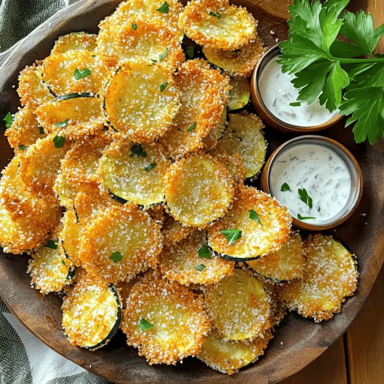 To make Crispy Garlic Parmesan Zucchini Chips, you'll need: - 2 medium zucchinis, thinly sliced - 1 cup grated Parmesan cheese - 1 cup breadcrumbs (panko works best) - 2 cloves garlic, minced - 1 teaspoon dried oregano - 1 teaspoon onion powder - 1 teaspoon paprika - Salt and pepper to taste - 2 tablespoons olive oil - 1 tablespoon fresh parsley, chopped (for garnish) Using fresh zucchini is vital. Fresh zucchinis have a better texture and flavor. They hold moisture well, giving your chips a more satisfying crunch. Look for firm zucchinis with shiny skin. Avoid any that feel soft or have blemishes. You can mix things up with different cheeses, too. Try adding Asiago or Cheddar for a twist. Fresh herbs like basil or thyme can add a nice touch. For more flavor, consider using spices like cayenne pepper or Italian seasoning. These options let you customize the taste to your liking. You will need a few simple kitchen tools: - A sharp knife for slicing - A cutting board - Two mixing bowls - A baking sheet - Parchment paper Using parchment paper on your baking sheet helps prevent sticking. It also makes cleanup a breeze. Make sure your baking sheet is large enough to hold all the zucchini slices in a single layer. This way, they cook evenly and get nice and crispy. To make crispy garlic Parmesan zucchini chips, start by preheating your oven to 425°F (220°C). This temperature helps achieve that perfect crunch. While the oven heats, line a baking sheet with parchment paper. This makes clean-up easy and prevents sticking. Next, slice the zucchini. Aim for thin, even slices, about 1/8 inch thick. This thickness helps the chips cook evenly and become crispy. Use a sharp knife or a mandoline for the best results. In a bowl, combine the breadcrumb mixture. Add 1 cup of grated Parmesan cheese, 1 cup of breadcrumbs, 2 cloves of minced garlic, 1 teaspoon of dried oregano, 1 teaspoon of onion powder, 1 teaspoon of paprika, and salt and pepper to taste. Mix these ingredients well. This blend brings great flavor to your zucchini chips. Now, take the sliced zucchini and place them in another bowl. Drizzle 2 tablespoons of olive oil over the slices. Toss them gently to coat each slice evenly in oil. This step is key for a crisp texture. To coat the zucchini, take each slice and dip it into the breadcrumb mixture. Press gently to ensure the coating sticks well. This helps create a tasty outer layer. Arrange the coated zucchini slices in a single layer on the prepared baking sheet. Ensure they are not overlapping. This allows for even cooking and crisping. Bake the zucchini chips in the preheated oven for 20-25 minutes. Flip the chips halfway through baking. You'll know they are done when they turn golden brown and crispy. Keep an eye on them near the end to avoid burning. Once finished, remove the chips from the oven and let them cool for a few minutes. Garnish with fresh parsley before serving. Enjoy your crispy garlic Parmesan zucchini chips as a delightful snack! For the complete recipe, check out the [Full Recipe]. To get your zucchini chips crispy, follow a few key steps. First, slice the zucchini thinly, about 1/4 inch thick. Thin slices will cook faster and become crispier. Next, use panko breadcrumbs. They add extra crunch compared to regular breadcrumbs. Make sure to coat each slice well in the breadcrumb mix. Press lightly to help it stick. Avoid common mistakes too. Don't overcrowd the baking sheet. Give each chip space to breathe. This helps hot air circulate around them. Also, flipping the chips halfway through baking is essential. This ensures even cooking and crispiness on both sides. When serving your crispy zucchini chips, pair them with yummy dips. Ranch dressing or tzatziki sauce is a perfect match. These creamy dips add great flavor and contrast. For presentation, think about using a rustic wooden platter. Arrange the chips in a circle for a fun look. You can also sprinkle fresh parsley on top for a pop of color. This small touch makes the dish more appealing. Zucchini is a great snack choice. It is low in calories and high in vitamins. One cup of zucchini has only 19 calories. This makes it a smart option compared to regular chips. Zucchini chips provide fiber, which is good for digestion. They also have antioxidants. These help protect your body from damage. By choosing zucchini chips, you enjoy a tasty snack with many health benefits. {{image_2}} You can spice up your crispy garlic Parmesan zucchini chips easily. Try adding cayenne pepper or chili powder for a kick. This extra heat pairs well with the cheesy taste. You might also want to switch the cheese. Use a mix of cheddar or feta for a new flavor profile. Each cheese brings its own unique taste. Experiment with fresh herbs too! Basil or thyme can add a fresh twist. While baking gives you great flavor and crunch, consider air frying too. The air fryer can cook the chips faster and often makes them even crispier. If you like frying, be careful with the oil. It can add calories but gives a rich taste. Each method has its perks, so choose what fits your style best. If you're looking for gluten-free options, use almond flour or gluten-free breadcrumbs. These can make a great base for your chips. For a vegan twist, try nutritional yeast instead of Parmesan cheese. It gives a cheesy flavor without dairy. You can also use cashew cheese if you want a creamy texture. Each substitution can keep the flavor high while meeting dietary needs. These variations make crispy garlic Parmesan zucchini chips fun and flexible. Enjoy mixing and matching to find your favorite! For the full recipe, check out the details above. To keep your crispy garlic Parmesan zucchini chips fresh, store them in an airtight container. This prevents moisture from making them soggy. Use parchment paper between layers to keep them crunchy. Avoid stacking them too high to maintain their crispiness. I recommend using the oven to reheat the chips. Preheat your oven to 350°F (175°C). Spread the chips on a baking sheet and heat for about 10 minutes. You can also use a microwave, but it may make them soft. If your chips are soggy, try placing them in a hot oven for a few minutes. This helps revive their crunch. These zucchini chips can last up to three days when stored properly. Look for signs of spoilage like a stale smell or soft texture. If they feel limp or taste off, it's best to toss them out. Enjoy them while they're fresh for the best flavor and texture. Yes, you can use other vegetables! Some great options include: - Eggplant - Sweet potatoes - Carrots - Kale These veggies can give you a similar crunch. Just slice them thinly and follow the same steps in the recipe. To kick up the heat, try these ideas: - Add cayenne pepper to the breadcrumb mix. - Sprinkle chili flakes on top before baking. - Use spicy cheese, like pepper jack, instead of Parmesan. These tips will help you customize your chips to your taste. If your chips lack crunch, here are some fixes: - Ensure you cut the zucchini into thin slices. - Use panko breadcrumbs for extra crunch. - Make sure to bake them long enough until golden. If they still feel soft, try baking them a bit longer. Follow the Full Recipe for best results. This blog post covered how to make Crispy Garlic Parmesan Zucchini Chips. We explored essential ingredients and equipment needed for success. You learned preparation steps and baking techniques to achieve perfect chips. We shared tips for serving and storage, ensuring your chips stay crispy. By trying different flavors and variations, you can make this snack your own. Overall, zucchini chips offer a tasty and healthier alternative to regular chips. Dive into this crunchy experience, and enjoy your delicious creations!