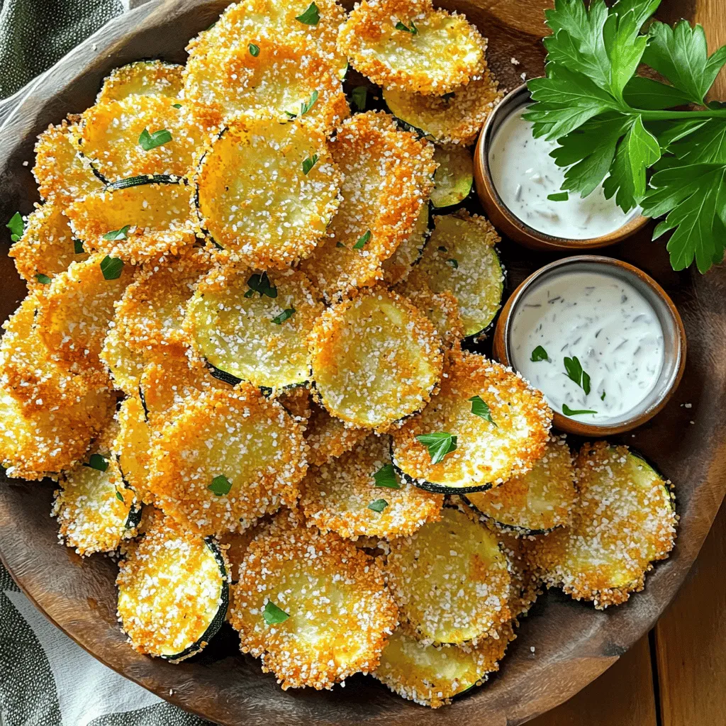 To make Crispy Garlic Parmesan Zucchini Chips, you'll need: - 2 medium zucchinis, thinly sliced - 1 cup grated Parmesan cheese - 1 cup breadcrumbs (panko works best) - 2 cloves garlic, minced - 1 teaspoon dried oregano - 1 teaspoon onion powder - 1 teaspoon paprika - Salt and pepper to taste - 2 tablespoons olive oil - 1 tablespoon fresh parsley, chopped (for garnish) Using fresh zucchini is vital. Fresh zucchinis have a better texture and flavor. They hold moisture well, giving your chips a more satisfying crunch. Look for firm zucchinis with shiny skin. Avoid any that feel soft or have blemishes. You can mix things up with different cheeses, too. Try adding Asiago or Cheddar for a twist. Fresh herbs like basil or thyme can add a nice touch. For more flavor, consider using spices like cayenne pepper or Italian seasoning. These options let you customize the taste to your liking. You will need a few simple kitchen tools: - A sharp knife for slicing - A cutting board - Two mixing bowls - A baking sheet - Parchment paper Using parchment paper on your baking sheet helps prevent sticking. It also makes cleanup a breeze. Make sure your baking sheet is large enough to hold all the zucchini slices in a single layer. This way, they cook evenly and get nice and crispy. To make crispy garlic Parmesan zucchini chips, start by preheating your oven to 425°F (220°C). This temperature helps achieve that perfect crunch. While the oven heats, line a baking sheet with parchment paper. This makes clean-up easy and prevents sticking. Next, slice the zucchini. Aim for thin, even slices, about 1/8 inch thick. This thickness helps the chips cook evenly and become crispy. Use a sharp knife or a mandoline for the best results. In a bowl, combine the breadcrumb mixture. Add 1 cup of grated Parmesan cheese, 1 cup of breadcrumbs, 2 cloves of minced garlic, 1 teaspoon of dried oregano, 1 teaspoon of onion powder, 1 teaspoon of paprika, and salt and pepper to taste. Mix these ingredients well. This blend brings great flavor to your zucchini chips. Now, take the sliced zucchini and place them in another bowl. Drizzle 2 tablespoons of olive oil over the slices. Toss them gently to coat each slice evenly in oil. This step is key for a crisp texture. To coat the zucchini, take each slice and dip it into the breadcrumb mixture. Press gently to ensure the coating sticks well. This helps create a tasty outer layer. Arrange the coated zucchini slices in a single layer on the prepared baking sheet. Ensure they are not overlapping. This allows for even cooking and crisping. Bake the zucchini chips in the preheated oven for 20-25 minutes. Flip the chips halfway through baking. You'll know they are done when they turn golden brown and crispy. Keep an eye on them near the end to avoid burning. Once finished, remove the chips from the oven and let them cool for a few minutes. Garnish with fresh parsley before serving. Enjoy your crispy garlic Parmesan zucchini chips as a delightful snack! For the complete recipe, check out the [Full Recipe]. To get your zucchini chips crispy, follow a few key steps. First, slice the zucchini thinly, about 1/4 inch thick. Thin slices will cook faster and become crispier. Next, use panko breadcrumbs. They add extra crunch compared to regular breadcrumbs. Make sure to coat each slice well in the breadcrumb mix. Press lightly to help it stick. Avoid common mistakes too. Don't overcrowd the baking sheet. Give each chip space to breathe. This helps hot air circulate around them. Also, flipping the chips halfway through baking is essential. This ensures even cooking and crispiness on both sides. When serving your crispy zucchini chips, pair them with yummy dips. Ranch dressing or tzatziki sauce is a perfect match. These creamy dips add great flavor and contrast. For presentation, think about using a rustic wooden platter. Arrange the chips in a circle for a fun look. You can also sprinkle fresh parsley on top for a pop of color. This small touch makes the dish more appealing. Zucchini is a great snack choice. It is low in calories and high in vitamins. One cup of zucchini has only 19 calories. This makes it a smart option compared to regular chips. Zucchini chips provide fiber, which is good for digestion. They also have antioxidants. These help protect your body from damage. By choosing zucchini chips, you enjoy a tasty snack with many health benefits. {{image_2}} You can spice up your crispy garlic Parmesan zucchini chips easily. Try adding cayenne pepper or chili powder for a kick. This extra heat pairs well with the cheesy taste. You might also want to switch the cheese. Use a mix of cheddar or feta for a new flavor profile. Each cheese brings its own unique taste. Experiment with fresh herbs too! Basil or thyme can add a fresh twist. While baking gives you great flavor and crunch, consider air frying too. The air fryer can cook the chips faster and often makes them even crispier. If you like frying, be careful with the oil. It can add calories but gives a rich taste. Each method has its perks, so choose what fits your style best. If you're looking for gluten-free options, use almond flour or gluten-free breadcrumbs. These can make a great base for your chips. For a vegan twist, try nutritional yeast instead of Parmesan cheese. It gives a cheesy flavor without dairy. You can also use cashew cheese if you want a creamy texture. Each substitution can keep the flavor high while meeting dietary needs. These variations make crispy garlic Parmesan zucchini chips fun and flexible. Enjoy mixing and matching to find your favorite! For the full recipe, check out the details above. To keep your crispy garlic Parmesan zucchini chips fresh, store them in an airtight container. This prevents moisture from making them soggy. Use parchment paper between layers to keep them crunchy. Avoid stacking them too high to maintain their crispiness. I recommend using the oven to reheat the chips. Preheat your oven to 350°F (175°C). Spread the chips on a baking sheet and heat for about 10 minutes. You can also use a microwave, but it may make them soft. If your chips are soggy, try placing them in a hot oven for a few minutes. This helps revive their crunch. These zucchini chips can last up to three days when stored properly. Look for signs of spoilage like a stale smell or soft texture. If they feel limp or taste off, it's best to toss them out. Enjoy them while they're fresh for the best flavor and texture. Yes, you can use other vegetables! Some great options include: - Eggplant - Sweet potatoes - Carrots - Kale These veggies can give you a similar crunch. Just slice them thinly and follow the same steps in the recipe. To kick up the heat, try these ideas: - Add cayenne pepper to the breadcrumb mix. - Sprinkle chili flakes on top before baking. - Use spicy cheese, like pepper jack, instead of Parmesan. These tips will help you customize your chips to your taste. If your chips lack crunch, here are some fixes: - Ensure you cut the zucchini into thin slices. - Use panko breadcrumbs for extra crunch. - Make sure to bake them long enough until golden. If they still feel soft, try baking them a bit longer. Follow the Full Recipe for best results. This blog post covered how to make Crispy Garlic Parmesan Zucchini Chips. We explored essential ingredients and equipment needed for success. You learned preparation steps and baking techniques to achieve perfect chips. We shared tips for serving and storage, ensuring your chips stay crispy. By trying different flavors and variations, you can make this snack your own. Overall, zucchini chips offer a tasty and healthier alternative to regular chips. Dive into this crunchy experience, and enjoy your delicious creations!