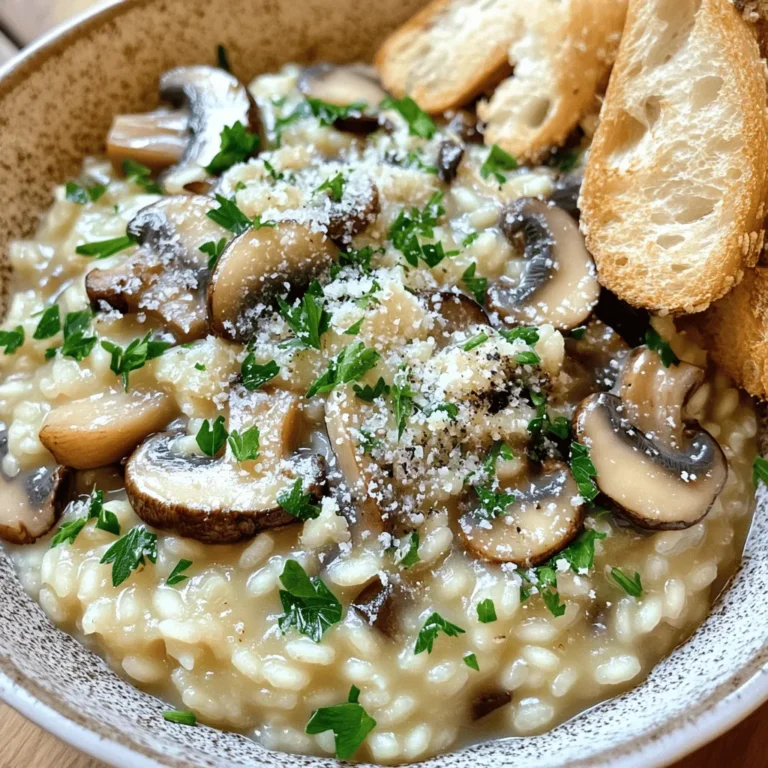 To make a perfect mushroom risotto, you need simple yet tasty ingredients. Here’s what you need: - 1 cup Arborio rice - 4 cups vegetable broth - 2 tablespoons olive oil - 1 tablespoon unsalted butter - 1 medium onion, finely chopped - 3 cloves garlic, minced - 2 cups mixed mushrooms (button, shiitake, and cremini), chopped - 1/2 cup grated Parmesan cheese (or nutritional yeast for a vegan option) - 1/4 cup fresh parsley, chopped - Salt and pepper to taste - 1 teaspoon truffle oil (optional, for added flavor) These ingredients create a rich and creamy dish that comforts the soul. If you follow a specific diet, you have options. You can swap vegetable broth for chicken broth if you prefer. For a vegan dish, use nutritional yeast instead of cheese. If you can’t find Arborio rice, Carnaroli rice works well too. Now, let’s talk about flavors. Adding spices and herbs can boost your risotto. Consider adding a pinch of thyme or rosemary for a fresh twist. A squeeze of lemon juice can also brighten the dish. With these ingredients, you can make a stunning mushroom risotto. If you want to see more details on this recipe, check out the Full Recipe. First, let’s start with the onion and garlic. Heat 2 tablespoons of olive oil and 1 tablespoon of butter in a large skillet over medium heat. Add 1 finely chopped onion and 3 minced garlic cloves. Cook them for about 3 to 4 minutes. You want the onions to turn soft and clear. This will make your risotto fragrant. Next, add the mushrooms. Use 2 cups of mixed mushrooms like button, shiitake, and cremini. Stir them into the pan. Cook for 5 to 7 minutes until they are tender. You will notice they release moisture. This adds rich flavor to your risotto. Now, it’s time to toast the rice. Add 1 cup of Arborio rice to the skillet. Stir it for about 2 minutes. Look for a slight change in color; the grains should look a bit clear. This step helps to lock in the flavors. After toasting, grab your broth. You need 4 cups of warm vegetable broth. Add it to the rice one ladle at a time. Stir it often. Let the rice absorb most of the liquid before adding more. This process takes about 18 to 20 minutes. The rice will become creamy and tender but still have a slight bite. Once the rice is ready, remove the skillet from the heat. It’s time to add the cheese and seasonings. Stir in 1/2 cup of grated Parmesan cheese or nutritional yeast for a vegan option. Add salt and pepper to taste. You can also drizzle in 1 teaspoon of truffle oil for extra flavor. Let the risotto rest for a couple of minutes. This helps it thicken. Serve it warm in shallow bowls. You can garnish it with fresh parsley and a sprinkle of more cheese. Enjoy your creamy and flavorful Mushroom Risotto! Check the [Full Recipe] for complete details. To make a creamy risotto, stir continuously. This keeps the rice from sticking and helps it cook evenly. Stirring also helps release the starch from the rice. For the best results, always choose Arborio rice. It has the right amount of starch. This type of rice gives the risotto its smooth texture. Using homemade broth makes a big difference. It adds depth and freshness to the dish. If you want to get fancy, try using truffle oil. Just a teaspoon can elevate your risotto to gourmet levels. It adds a rich, earthy flavor that pairs well with mushrooms. One big mistake is overcooking the rice. This can lead to a mushy texture. Aim for al dente rice, which means it should still have a slight bite. Another mistake is skipping the resting period. Letting the risotto sit for a few minutes helps it thicken and improves its flavor. {{image_2}} You can change up the mushrooms in your risotto. Try using a mix of wild mushrooms for a unique taste. Varieties like oyster, chanterelle, or portobello can add depth. Flavored oils can also enhance your dish. A drizzle of garlic-infused oil or truffle oil boosts the flavors. You can even top your risotto with crispy mushroom chips for extra crunch. Want a vegan option? Simply replace the butter and cheese with olive oil and nutritional yeast. This keeps the creaminess while keeping it plant-based. For gluten-free risotto, ensure your broth is gluten-free. You can also swap Arborio rice for gluten-free grains like quinoa. Adjusting for lactose intolerance is easy. Use the nutritional yeast to get that cheesy flavor without dairy. Mushroom risotto pairs well with many side dishes. A fresh green salad adds a nice crunch. You can also serve it with roasted vegetables for balance. For wine, a crisp white like Sauvignon Blanc complements the dish well. If you prefer red, a light Pinot Noir works nicely. These choices create a complete meal that feels special. Enjoy your risotto with these perfect pairings! For the full recipe, check out the Mushroom Medley Risotto section. To store leftover risotto, let it cool first. Place the risotto in an airtight container. You can use glass or plastic containers. Make sure the lid seals well. This keeps the flavors fresh. Store it in the fridge for up to three days. For reheating in the microwave, place the risotto in a microwave-safe bowl. Add a splash of broth or water to keep it moist. Cover with a damp paper towel. Heat in short bursts, stirring in between. This helps it warm evenly. To reheat on the stovetop, put the risotto in a skillet. Add a bit of broth or water. Heat on low, stirring often. This method keeps the risotto creamy. It also helps retain its flavor. To freeze mushroom risotto, pack it in a freezer-safe container. Leave some space at the top for expansion. Seal the container tightly and label it. You can freeze it for up to two months. When ready to eat, thaw the risotto in the fridge overnight. For reheating, use the stovetop method. Add a little broth or water as needed. This keeps it from drying out. Enjoy your creamy dish again! For more details, check the Full Recipe. The best rice for Mushroom Risotto is Arborio rice. This rice has a high starch content. It makes the dish creamy and rich. Arborio rice absorbs flavors well. It also stays firm during cooking. If you want different textures, you can try Carnaroli or Vialone Nano rice. Both are great options for risotto. They offer a similar creamy finish and have their unique taste. Mushroom Risotto lasts about 3 to 5 days in the fridge. Make sure to store it in an airtight container. This helps keep it fresh. Signs of spoilage include an off smell or mold. If you see any of these signs, throw it away. It's always better to be safe with food. You can prepare Mushroom Risotto ahead of time. To do this, cook the risotto as usual. Let it cool to room temperature before storing. For the best taste, heat it gently before serving. Add a splash of broth or water to restore creaminess. This will help keep the flavors fresh and vibrant. For the full recipe, check out the details above. Making mushroom risotto is fun and rewarding. We explored ingredients, from main mushrooms to spices. I walked you through each step, from sautéing to adding cheese. I shared tips for a creamy finish and common mistakes to avoid. You can also try variations and storage tips for leftovers. In the end, this dish can be simple or gourmet. Enjoy customizing it to fit your taste! Cooking should be enjoyable, so don’t be afraid to experiment. With practice, you'll create delicious risotto every time.