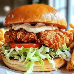 - 2 chicken breasts, boneless and skinless - 1 cup buttermilk (or substitute) - 1 cup all-purpose flour - 1 teaspoon paprika - 1 teaspoon garlic powder - 1 teaspoon onion powder - 1 teaspoon cayenne pepper (optional) - 4 brioche or hamburger buns - 1 cup shredded lettuce - 1 tomato, sliced - Mayonnaise or preferred sauce Gathering the right ingredients sets the stage for a great crispy chicken sandwich. Start with fresh chicken breasts. They should be boneless and skinless for the best results. Buttermilk is key; it tenderizes the chicken. If you don't have any, you can mix milk with a splash of vinegar. Next, you’ll need flour. It coats the chicken and gives it that crispy crunch. The seasoning mix adds flavor. Paprika, garlic powder, and onion powder are must-haves. If you like spice, cayenne pepper will kick it up a notch. For assembly, brioche buns are my favorite. They are soft and slightly sweet. You can also use regular hamburger buns. Layer in fresh, shredded lettuce and slices of tomato. Finally, don’t forget the mayonnaise or your favorite sauce. This combination makes every bite delicious. For the full recipe, check out what I have to offer. To start, you need to make the marinade. In a bowl, combine 1 cup of buttermilk with 1 teaspoon of paprika, 1 teaspoon of garlic powder, 1 teaspoon of onion powder, and 1 teaspoon of cayenne pepper if you like some heat. This mix gives the chicken great flavor. Submerge your 2 boneless chicken breasts in this mixture. Cover the bowl and refrigerate it. Let the chicken sit for at least one hour, or overnight if you want it extra tender. Next, grab a shallow dish. In this dish, mix 1 cup of all-purpose flour with 1 teaspoon of salt and 1 teaspoon of black pepper. This will be your coating for the chicken. Now, you need to heat the oil. Pour enough vegetable oil into a frying pan to cover the bottom by about 1/4 inch. Heat the oil over medium-high heat until it shimmers. The oil should be around 350°F (175°C) when you start frying. Now comes the fun part—cooking the chicken! Take the marinated chicken out of the bowl. Let any excess marinade drip off. Dredge each piece in the seasoned flour. Make sure to coat the chicken well. Once coated, carefully place the chicken in the hot oil. Fry it for about 5 to 7 minutes on each side, or until it turns golden brown and is cooked through. The inside should reach 165°F (74°C). After frying, transfer the chicken to a plate lined with paper towels. This helps drain any extra oil. Let the chicken rest for a few minutes before you assemble your crispy chicken sandwich. For the complete recipe, check out the full recipe above. Marination is key for juicy, tasty chicken. You should marinate the chicken for at least one hour. This time lets the chicken soak up the flavors. If you have more time, marinate it overnight. Frying temperature matters, too. The oil should be around 350°F. If it's too low, the chicken will soak up oil and become greasy. If it's too high, the outside burns before the inside cooks. Use a thermometer for accuracy. Do not overcrowd the pan when frying. If you add too many pieces, the temperature drops. This means soggy chicken. Fry in batches for the best results. To check for doneness, use a meat thermometer. The chicken should reach 165°F inside. Cut into a piece to see if the juices run clear. If they are pink, cook it longer. Toasting the buns makes a big difference. It adds crunch and keeps the sandwich from getting soggy. Lightly toast them until golden brown. For sauces, mayonnaise is classic. But feel free to get creative! Try spicy mayo or honey mustard. These add flavor and make the sandwich even better. Check the Full Recipe for more tips! {{image_2}} You can easily change the taste of your crispy chicken sandwich. Try adding different spices to the marinade. Cumin brings a warm, earthy flavor. Chili powder adds a nice kick without too much heat. If you love heat, add hot sauce to the buttermilk marinade. This step gives your chicken a zesty flavor. Just a few dashes can make a big difference. Adjust the amounts to fit your taste. If you want a healthier option, consider air frying. Preheat your air fryer to 375°F. Lightly spray the basket with oil. Cook the chicken for about 10-12 minutes. Turn halfway for even cooking. This method still gives you a crispy texture. Baking is another great choice. Preheat your oven to 400°F. Place the coated chicken on a baking sheet lined with parchment paper. Bake for 20-25 minutes, flipping halfway. This method keeps it healthy while still being tasty. Don't limit yourself to just lettuce and tomato. Try adding avocado for creaminess or crispy pickles for crunch. You can also use different cheeses. Pepper jack gives a spicy kick, while cheddar adds a rich flavor. For sauces, consider using chipotle mayo or garlic aioli. These options enhance the sandwich and add unique flavors. Mix and match toppings to create your perfect crispy chicken sandwich! For the full recipe, check out the detailed instructions above. To keep your crispy chicken sandwich fresh, allow it to cool down first. Place it in an airtight container. This helps prevent moisture loss. You can store it in the fridge for up to three days. If you want to keep the chicken crispy, store the chicken and buns separately. You can freeze the cooked chicken for later use. Let the chicken cool completely before wrapping it. Use plastic wrap and then foil to prevent freezer burn. You can store it for up to three months. To reheat, thaw it in the fridge overnight. Then, place it in an oven at 375°F (190°C) until hot, about 15 minutes. Prep your components ahead of time to save effort later. Marinate the chicken a day before cooking. You can also chop the veggies and store them in the fridge. If you have leftovers, use them in salads or wraps. Add the chicken to a salad for a tasty twist. You can create new meals with just a few extra ingredients. For more ideas, check out the Full Recipe. To keep chicken crispy, focus on two key steps: frying and resting. - Fry it right: Use hot oil. The oil should be around 350°F. If it’s too cool, the chicken soaks up oil and becomes soggy. If it’s too hot, it burns. - Rest the chicken: After frying, let the chicken rest on paper towels. This helps drain excess oil and keeps the coating crunchy. Yes! While brioche is soft and sweet, you can try other breads. - Hamburger buns: A classic choice that works well. - Ciabatta rolls: They add a nice crusty texture. - Whole wheat bread: For a healthier option. Explore various breads to find your favorite for the crispy chicken sandwich. Making a gluten-free crispy chicken sandwich is easy. - Flour substitute: Use almond flour or gluten-free all-purpose flour instead of regular flour. - Bread options: Look for gluten-free buns at your store. Many brands make tasty alternatives. These swaps ensure everyone can enjoy this meal. Pair your sandwich with sides that enhance the meal. - French fries: A classic combo that everyone loves. - Coleslaw: The crunch and creaminess balance the sandwich. - Sweet potato fries: For a sweet and savory twist. These sides make your crispy chicken sandwich feel like a feast. Enjoy your meal! Check out the Full Recipe to dive deeper into creating this delight. In this blog post, we covered how to make a delicious crispy chicken sandwich. We discussed the key ingredients and gave clear cooking steps. I shared tips to ensure your chicken stays crispy and common mistakes to avoid. We also explored variations, storage tips, and answered frequent questions. Making this sandwich can be fun and rewarding. With practice, you’ll impress everyone with your cooking skills. Enjoy your cooking and make it your own!