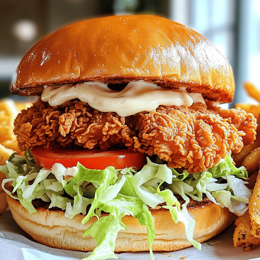- 2 chicken breasts, boneless and skinless - 1 cup buttermilk (or substitute) - 1 cup all-purpose flour - 1 teaspoon paprika - 1 teaspoon garlic powder - 1 teaspoon onion powder - 1 teaspoon cayenne pepper (optional) - 4 brioche or hamburger buns - 1 cup shredded lettuce - 1 tomato, sliced - Mayonnaise or preferred sauce Gathering the right ingredients sets the stage for a great crispy chicken sandwich. Start with fresh chicken breasts. They should be boneless and skinless for the best results. Buttermilk is key; it tenderizes the chicken. If you don't have any, you can mix milk with a splash of vinegar. Next, you’ll need flour. It coats the chicken and gives it that crispy crunch. The seasoning mix adds flavor. Paprika, garlic powder, and onion powder are must-haves. If you like spice, cayenne pepper will kick it up a notch. For assembly, brioche buns are my favorite. They are soft and slightly sweet. You can also use regular hamburger buns. Layer in fresh, shredded lettuce and slices of tomato. Finally, don’t forget the mayonnaise or your favorite sauce. This combination makes every bite delicious. For the full recipe, check out what I have to offer. To start, you need to make the marinade. In a bowl, combine 1 cup of buttermilk with 1 teaspoon of paprika, 1 teaspoon of garlic powder, 1 teaspoon of onion powder, and 1 teaspoon of cayenne pepper if you like some heat. This mix gives the chicken great flavor. Submerge your 2 boneless chicken breasts in this mixture. Cover the bowl and refrigerate it. Let the chicken sit for at least one hour, or overnight if you want it extra tender. Next, grab a shallow dish. In this dish, mix 1 cup of all-purpose flour with 1 teaspoon of salt and 1 teaspoon of black pepper. This will be your coating for the chicken. Now, you need to heat the oil. Pour enough vegetable oil into a frying pan to cover the bottom by about 1/4 inch. Heat the oil over medium-high heat until it shimmers. The oil should be around 350°F (175°C) when you start frying. Now comes the fun part—cooking the chicken! Take the marinated chicken out of the bowl. Let any excess marinade drip off. Dredge each piece in the seasoned flour. Make sure to coat the chicken well. Once coated, carefully place the chicken in the hot oil. Fry it for about 5 to 7 minutes on each side, or until it turns golden brown and is cooked through. The inside should reach 165°F (74°C). After frying, transfer the chicken to a plate lined with paper towels. This helps drain any extra oil. Let the chicken rest for a few minutes before you assemble your crispy chicken sandwich. For the complete recipe, check out the full recipe above. Marination is key for juicy, tasty chicken. You should marinate the chicken for at least one hour. This time lets the chicken soak up the flavors. If you have more time, marinate it overnight. Frying temperature matters, too. The oil should be around 350°F. If it's too low, the chicken will soak up oil and become greasy. If it's too high, the outside burns before the inside cooks. Use a thermometer for accuracy. Do not overcrowd the pan when frying. If you add too many pieces, the temperature drops. This means soggy chicken. Fry in batches for the best results. To check for doneness, use a meat thermometer. The chicken should reach 165°F inside. Cut into a piece to see if the juices run clear. If they are pink, cook it longer. Toasting the buns makes a big difference. It adds crunch and keeps the sandwich from getting soggy. Lightly toast them until golden brown. For sauces, mayonnaise is classic. But feel free to get creative! Try spicy mayo or honey mustard. These add flavor and make the sandwich even better. Check the Full Recipe for more tips! {{image_2}} You can easily change the taste of your crispy chicken sandwich. Try adding different spices to the marinade. Cumin brings a warm, earthy flavor. Chili powder adds a nice kick without too much heat. If you love heat, add hot sauce to the buttermilk marinade. This step gives your chicken a zesty flavor. Just a few dashes can make a big difference. Adjust the amounts to fit your taste. If you want a healthier option, consider air frying. Preheat your air fryer to 375°F. Lightly spray the basket with oil. Cook the chicken for about 10-12 minutes. Turn halfway for even cooking. This method still gives you a crispy texture. Baking is another great choice. Preheat your oven to 400°F. Place the coated chicken on a baking sheet lined with parchment paper. Bake for 20-25 minutes, flipping halfway. This method keeps it healthy while still being tasty. Don't limit yourself to just lettuce and tomato. Try adding avocado for creaminess or crispy pickles for crunch. You can also use different cheeses. Pepper jack gives a spicy kick, while cheddar adds a rich flavor. For sauces, consider using chipotle mayo or garlic aioli. These options enhance the sandwich and add unique flavors. Mix and match toppings to create your perfect crispy chicken sandwich! For the full recipe, check out the detailed instructions above. To keep your crispy chicken sandwich fresh, allow it to cool down first. Place it in an airtight container. This helps prevent moisture loss. You can store it in the fridge for up to three days. If you want to keep the chicken crispy, store the chicken and buns separately. You can freeze the cooked chicken for later use. Let the chicken cool completely before wrapping it. Use plastic wrap and then foil to prevent freezer burn. You can store it for up to three months. To reheat, thaw it in the fridge overnight. Then, place it in an oven at 375°F (190°C) until hot, about 15 minutes. Prep your components ahead of time to save effort later. Marinate the chicken a day before cooking. You can also chop the veggies and store them in the fridge. If you have leftovers, use them in salads or wraps. Add the chicken to a salad for a tasty twist. You can create new meals with just a few extra ingredients. For more ideas, check out the Full Recipe. To keep chicken crispy, focus on two key steps: frying and resting. - Fry it right: Use hot oil. The oil should be around 350°F. If it’s too cool, the chicken soaks up oil and becomes soggy. If it’s too hot, it burns. - Rest the chicken: After frying, let the chicken rest on paper towels. This helps drain excess oil and keeps the coating crunchy. Yes! While brioche is soft and sweet, you can try other breads. - Hamburger buns: A classic choice that works well. - Ciabatta rolls: They add a nice crusty texture. - Whole wheat bread: For a healthier option. Explore various breads to find your favorite for the crispy chicken sandwich. Making a gluten-free crispy chicken sandwich is easy. - Flour substitute: Use almond flour or gluten-free all-purpose flour instead of regular flour. - Bread options: Look for gluten-free buns at your store. Many brands make tasty alternatives. These swaps ensure everyone can enjoy this meal. Pair your sandwich with sides that enhance the meal. - French fries: A classic combo that everyone loves. - Coleslaw: The crunch and creaminess balance the sandwich. - Sweet potato fries: For a sweet and savory twist. These sides make your crispy chicken sandwich feel like a feast. Enjoy your meal! Check out the Full Recipe to dive deeper into creating this delight. In this blog post, we covered how to make a delicious crispy chicken sandwich. We discussed the key ingredients and gave clear cooking steps. I shared tips to ensure your chicken stays crispy and common mistakes to avoid. We also explored variations, storage tips, and answered frequent questions. Making this sandwich can be fun and rewarding. With practice, you’ll impress everyone with your cooking skills. Enjoy your cooking and make it your own!