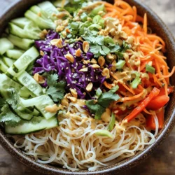 - 8 oz rice vermicelli noodles - 1 cup shredded carrots - 1 bell pepper (red or yellow), thinly sliced - 1 cup red cabbage, shredded - 1 cucumber, julienned - 1 cup fresh cilantro, chopped - 1/2 cup chopped peanuts (or cashews) - 3 green onions, sliced - 1/4 cup lime juice (freshly squeezed) - 1/4 cup creamy peanut butter - 2 tablespoons soy sauce - 1 tablespoon honey or maple syrup - 1 tablespoon sesame oil - 1 teaspoon grated ginger - 1 clove garlic, minced - Salt and pepper to taste When I make this salad, I love the crunch from the fresh vegetables. The rice vermicelli noodles are light and soak up the tasty peanut dressing. Each bite combines sweet, salty, and nutty flavors. You can find all these ingredients in your local store. This dish is not only simple but also fun to prepare. - Chopped peanuts or cashews - Sliced green onions - Lime wedges Garnishing adds a nice touch. I sprinkle chopped peanuts on top for extra crunch. Sliced green onions bring a fresh bite. A lime wedge on the side makes it even better. You can squeeze it right before eating for a zesty flavor boost. - Gluten-free options - Vegetarian and vegan alternatives This salad can fit many diets. You can use gluten-free noodles if needed. If you want a vegetarian or vegan dish, skip the honey and use maple syrup instead. This makes the salad tasty for everyone at your table. Enjoying food that meets your needs makes every meal better! To cook rice vermicelli noodles, boil water in a pot. Once boiling, add the noodles. Cook them for about three to five minutes, or until soft. Drain the noodles in a colander. Rinse them with cold water. This stops the cooking process and keeps them from sticking. It’s key for a great salad. Shred the carrots and red cabbage using a box grater or a food processor. Thinly slice the bell pepper and cucumber. Aim for uniform pieces so they mix well. In a large bowl, combine the shredded carrots, bell pepper, red cabbage, cucumber, and chopped cilantro. Mix them well to ensure every bite is colorful and fresh. For the dressing, grab a small bowl. Combine lime juice, peanut butter, soy sauce, honey or maple syrup, sesame oil, grated ginger, and minced garlic. Whisk these together until smooth. If it feels too thick, add a splash of water to thin it out. A smooth dressing coats the salad better. In the large bowl with veggies, pour the peanut dressing. Toss everything until the veggies are well coated. Then, add the cooked noodles. Gently mix until the noodles are evenly distributed. For serving, place the salad in a large bowl or plate it individually. Top with chopped peanuts and sliced green onions for crunch. Garnish each plate with a lime wedge for a fresh touch. Enjoy your tasty creation! To boost the taste of your Thai Peanut Noodle Salad, try adding a few seasonings. A splash of rice vinegar can add a tangy kick. You might also sprinkle in some chili flakes for heat. Fresh herbs like basil or mint can brighten the flavor. Balancing sweet, salty, and sour is key. If the salad tastes too sweet, add more lime juice. If it's too salty, a touch of honey can help. Using fresh ingredients is vital for this dish. Select crisp vegetables and ripe herbs. Look for bright colors and firm textures. When storing leftovers, place the salad in an airtight container. This keeps it fresh for up to three days. If you have extra dressing, store it separately. This way, the noodles and veggies won’t get soggy. One mistake is overcooking the noodles. They should be firm and chewy. Always rinse them in cold water after cooking. This stops the cooking process and keeps them from sticking. Another error is not mixing the dressing enough. Make sure it’s smooth to coat the salad evenly. Lastly, avoid adding toppings too early. Nuts and herbs should go on just before serving for the best crunch and flavor. {{image_2}} You can easily boost the protein in your Thai peanut noodle salad. Shrimp cooks fast and adds a nice flavor. Just sauté it in a pan until pink. Chicken is another great choice. Grilled or shredded rotisserie chicken works well. For a plant-based option, try tofu. Firm tofu is best; just cube and pan-fry until golden. Vegan protein options are also plentiful. You can add chickpeas or edamame for extra protein. Both are tasty and colorful in the salad. While the peanut dressing is fantastic, you can play with flavors. Try adding hoisin sauce for a sweet twist. For a tangy kick, use a bit of rice vinegar. You can also mix in some chili paste for heat. Adjusting spice levels is easy. Just add more or less according to your taste. Using seasonal vegetables makes your salad fresh and exciting. In summer, add juicy tomatoes or bell peppers. In fall, try roasted sweet potatoes or Brussels sprouts. These veggies change the flavor profile and keep things interesting. You can also switch up the herbs. In spring, fresh basil or mint adds a nice touch. In winter, use hearty greens like kale or spinach. This keeps your Thai peanut noodle salad vibrant and flavorful all year long. For the full recipe, follow the steps to create this delightful dish! To store leftover Thai Peanut Noodle Salad, place it in an airtight container. This keeps the salad fresh and tasty. You can keep it in the fridge for up to three days. Look for signs of spoilage like a sour smell or discoloration. If you see either, it’s best to toss it out. Freezing noodle salads can be tricky. The noodles may become mushy when thawed. If you want to freeze it, store the salad without the dressing. This way, you can keep it fresh. To thaw, place it in the fridge overnight. When ready to eat, mix in the dressing and enjoy. Meal prep can make your week easier. You can cook the noodles and chop the veggies ahead of time. Store them in separate containers. This keeps everything fresh and crisp. When you’re ready to eat, just mix them together with the dressing. You’ll have a quick, tasty meal ready in minutes. For the full recipe, check out the details above! Making Thai Peanut Noodle Salad is quick. The prep takes about 20 minutes. Cooking the noodles adds another 10 minutes. So, you need around 30 minutes in total. This makes it a perfect meal for busy days. Yes, you can make this salad ahead of time. I suggest preparing the salad in the morning for lunch. Store it in the fridge. Keep the dressing separate until you're ready to eat. This keeps everything fresh and crunchy. If you have nut allergies, you can use sun butter. This works well in the dressing. You can also try tahini or soy nut butter for a different taste. Just make sure to mix it well. This salad is best served cold. It tastes great when chilled. After mixing, let it sit in the fridge for a bit. This helps all the flavors blend together nicely. Absolutely! You can add more veggies to make it your own. Try snap peas, broccoli, or bell peppers. Even cherry tomatoes work well. Just chop them up and toss them in for extra crunch. For the full recipe, check out the earlier sections of this article. Thai Peanut Noodle Salad is a tasty mix of rice vermicelli, fresh veggies, and a creamy peanut dressing. You learned how to make it step by step, from cooking noodles to assembling the salad. I shared tips for flavor and freshness while avoiding common mistakes. Try adding proteins or different veggies to make it your own. This salad is not just healthy; it's also easy to store and prep ahead. Enjoy your delicious creation, and don’t hesitate to experiment with flavors!