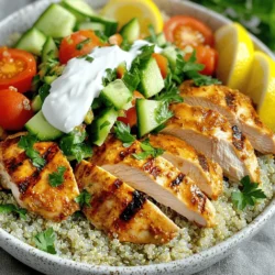 - 2 boneless, skinless chicken thighs - 2 tablespoons olive oil - 2 cloves garlic, minced - 1 teaspoon ground cumin - 1 teaspoon ground coriander - 1 teaspoon smoked paprika - ½ teaspoon ground turmeric - ½ teaspoon cinnamon - ½ teaspoon cayenne pepper (adjust to taste) - Salt and black pepper to taste - 1 large cucumber, diced - 1 large tomato, diced - ½ red onion, thinly sliced - 1 cup cooked quinoa (or rice) - ½ cup plain Greek yogurt - Juice of 1 lemon - Fresh parsley, chopped (for garnish) - Different types of meat or plant-based alternatives for variations - Additional toppings like feta cheese or avocado When I create Chicken Shawarma Bowls, I start with these key ingredients. The chicken thighs give a juicy bite, while the marinade adds rich flavor. I use olive oil and garlic for a tasty base. The spices—cumin, coriander, smoked paprika, turmeric, cinnamon, and cayenne—bring the shawarma taste to life. For the fresh crunch, I add diced cucumber, tomato, and thin slices of red onion. This mix brightens each bite. For a hearty base, I choose cooked quinoa or rice. Greek yogurt adds creaminess, and lemon juice gives a zesty touch. Finally, fresh parsley tops it all off with vibrant color. Feel free to customize your bowls! You can swap out the chicken for other meats or plant-based options. Adding toppings like feta cheese or avocado can also enhance taste and texture. Check out the Full Recipe for more details on making these bowls delicious! Start by gathering your marinade ingredients. In a large bowl, mix together: - 2 tablespoons olive oil - 2 cloves garlic, minced - 1 teaspoon ground cumin - 1 teaspoon ground coriander - 1 teaspoon smoked paprika - ½ teaspoon ground turmeric - ½ teaspoon cinnamon - ½ teaspoon cayenne pepper (adjust to taste) - Salt and black pepper to taste Next, add the chicken thighs to the bowl. Make sure they get a nice coat of the marinade. Cover the bowl and place it in the fridge. Let the chicken marinate for at least 30 minutes. For the best flavor, try to marinate for up to 2 hours. Before you start cooking, preheat your grill or frying pan over medium-high heat. This step is key for a good sear. When the grill is hot, place the marinated chicken on it. Cook the chicken for about 5-7 minutes on each side. You want the internal temperature to reach 165°F (75°C). Once done, remove it from heat and let it rest for a few minutes. Then, slice the chicken into strips. Now it’s time to build your bowl! Start with a base of cooked quinoa or rice. Place the sliced chicken right on top. Next, mix together diced cucumber, tomatoes, and red onion in a separate bowl. Add lemon juice, salt, and pepper to this mix. Now layer this vibrant salad over the chicken. For the finishing touch, drizzle some plain Greek yogurt on top. Garnish with freshly chopped parsley. This adds color and flavor. Use colorful bowls for serving. It makes the meal even more inviting! Check out the Full Recipe for more details. To get the best flavor, marinate the chicken for at least 30 minutes. For richer taste, let it sit for up to 2 hours. This allows the spices to soak in well. To keep the chicken juicy, make sure it is well-coated in the marinade. You can also cover the bowl with plastic wrap to seal in moisture during marination. If you don’t want to grill, try baking or broiling the chicken. Preheat your oven to 400°F (200°C). Bake for about 20-25 minutes, flipping halfway. For broiling, keep a close eye to avoid burning. You can use leftover chicken in salads, wraps, or stir-fries. This adds flavor without needing to cook again. Make your bowl look fantastic by arranging the ingredients with care. Start with a base of quinoa or rice. Then, layer the sliced chicken on top. Add the cucumber-tomato salad next. Drizzle Greek yogurt over everything. For a pop of color, sprinkle fresh parsley on top. You can even add lemon wedges on the side for extra zing. {{image_2}} You can make Chicken Shawarma Bowls fit your needs. If you want a gluten-free meal, swap rice with quinoa. Quinoa is tasty and packed with protein. For a vegan or vegetarian option, use chickpeas or tofu instead of chicken. Both options are hearty and full of flavor. To give your bowls a twist, try adding different spices. Harissa brings heat, while za’atar adds a unique flavor. You might also toss in sweet fruits like pomegranate. The burst of sweetness pairs well with savory chicken. Beyond Greek yogurt, explore new dressings. A zesty tahini dressing adds creaminess. Or, try an avocado dressing for a rich taste. Each dressing can change the whole dish and keep it exciting. For the full recipe, check the earlier section. Chicken shawarma bowls stay fresh in the fridge for about three days. Store the chicken, veggies, and grains separately. This keeps everything fresh and tasty. Use airtight containers to prevent moisture loss. Reheat chicken in a skillet over medium heat. This method keeps it juicy. You can also use the microwave, but be careful not to heat it too long. Serve leftovers in a wrap or salad for a fun twist. You can freeze chicken shawarma bowls for up to three months. Wrap the chicken tightly in plastic wrap, then place it in a freezer bag. For best results, freeze individual parts, like the chicken and grains, separately. This way, you can mix and match later. You can serve many tasty sides with Chicken Shawarma Bowls. Here are some ideas: - Hummus for a creamy dip. - Pita bread for a great bite. - Roasted vegetables for added crunch. - A light salad to freshen the meal. - Pickled vegetables for tangy flavor. These sides add fun and balance to your meal. They also help to enhance the shawarma's rich taste. Yes, you can use chicken breast. Here are the pros and cons: - Pros: Chicken breast is leaner and lower in fat. - Cons: It may dry out faster than thighs. If you use chicken breast, watch the cooking time. Cook until it reaches 165°F. Keep it juicy by marinating it well. To spice up your Chicken Shawarma Bowls, try these tips: - Add more cayenne pepper to the marinade. - Use chili powder for a different flavor. - Include sliced jalapeños in your salad. - Drizzle hot sauce over the finished bowl. Adjust the heat to your liking. Start small and add more spice as needed. Chicken Shawarma Bowls are healthy and filling. Here’s a quick breakdown: - Calories: About 400-500 per serving, depending on portion size. - Protein: Chicken provides about 25-30g of protein. - Carbs: Quinoa adds healthy carbs and fiber. - Vitamins: Fresh veggies offer many vitamins and minerals. This meal is balanced and satisfying, making it a great choice for lunch or dinner. For the full recipe, check the details above. In this article, we explored how to make delicious chicken shawarma bowls. We covered essential ingredients, marination, cooking techniques, and tips for perfecting your dish. You learned about variations and storage options to enjoy your meal longer. Remember, you can customize with different proteins and spices. This dish not only tastes great but is also flexible to fit your needs. Dive in, get creative, and savor your homemade chicken shawarma bowls!