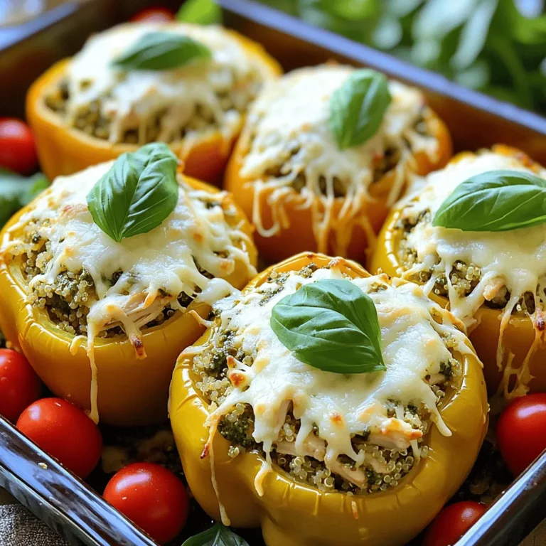 - 4 large bell peppers (red, yellow, or green) - 2 cups cooked chicken, shredded - 1/2 cup basil pesto - 1 cup cooked quinoa (or rice) - 1/2 cup cherry tomatoes, halved - 1/2 cup mozzarella cheese, shredded - 1/4 cup grated Parmesan cheese - Fresh basil leaves for garnish - Salt and pepper to taste Each ingredient plays a key role in creating the perfect flavor for your pesto chicken stuffed peppers. The bell peppers provide a sweet and crunchy base. Shredded chicken gives protein and heartiness. Basil pesto adds rich and herbal notes. Quinoa or rice brings texture and fullness. Cherry tomatoes add a burst of freshness while mozzarella and Parmesan cheeses bring creaminess. Finally, fresh basil leaves on top enhance the dish visually and flavor-wise. Seasoning with salt and pepper rounds out the flavors, making each bite delightful. For the full recipe, check the provided link. - Preheat oven to 375°F (190°C). - Cut the tops off the bell peppers and remove the seeds. Place them upright in a baking dish. - In a large bowl, combine 2 cups of shredded chicken, 1/2 cup of basil pesto, 1 cup of cooked quinoa, 1/2 cup of halved cherry tomatoes, and 1/2 cup of shredded mozzarella cheese. - Mix all ingredients well until they blend together. - Season with salt and pepper to taste. - Stuff each pepper with the chicken and quinoa mixture. Pack it down gently. - Sprinkle the remaining mozzarella and 1/4 cup of grated Parmesan cheese on top. - Cover the baking dish with aluminum foil. Bake in the preheated oven for 25 minutes. - Remove the foil and bake for an additional 10-15 minutes. The peppers should be tender, and the cheese should be bubbly and golden. - Once done, take them out of the oven and let them cool for a few minutes before serving. - Garnish with fresh basil leaves for extra flavor and color. You can find the complete recipe with all the details [Full Recipe]. Enjoy your meal! - Choosing the right bell peppers: Select large bell peppers. Red, yellow, or green work well. Pick ones that feel firm and heavy. This ensures they hold the filling well. - Ensuring chicken is well-seasoned: Use shredded chicken for the filling. Mix it well with basil pesto. This adds rich flavor to your dish. Don’t forget to add salt and pepper to taste. Taste the mixture before stuffing the peppers. This helps you get the seasoning just right. - How to achieve perfect cheese melt: For a lovely cheese top, sprinkle mozzarella and Parmesan on the stuffed peppers. Bake them covered with foil first. This keeps the moisture in. After 25 minutes, uncover and let the cheese melt for another 10-15 minutes. This gives you a nice, bubbly, golden crust. - Covering and uncovering during baking: Covering the dish helps cook the peppers evenly. Uncovering lets the cheese brown. This two-step process gives you the best results. - Pairing with salad or bread: Serve your stuffed peppers with a fresh salad. A light green salad adds freshness. You can also serve with crusty bread. This makes your meal more satisfying. - Presentation tips for garnish: For a beautiful plate, add fresh basil leaves on top. This adds color and enhances flavor. You can also drizzle a bit of olive oil over the stuffed peppers. This gives them a nice shine and extra taste. For the full recipe, check out the recipe section. {{image_2}} You can mix up the proteins in this recipe. Try using tofu or beans instead of chicken. Tofu offers a great texture and absorbs flavors well. Beans add fiber and protein, making your meal hearty. For cheese, consider different options. Feta cheese works nicely for a tangy kick. You can also use cheddar for a sharper taste. Each cheese brings a unique flavor to the dish. To boost flavor, add spices or herbs to your filling. A dash of garlic powder can enhance the taste. Dried oregano or thyme can also give your dish extra depth. Experiment with what you love! You might swap quinoa for other grains too. Couscous cooks quickly and adds a lovely texture. Brown rice or farro are also good choices for a different twist. If you want a low-carb meal, use cauliflower rice instead of quinoa. This swap keeps all the flavors while cutting carbs. You can still enjoy the great taste without the extra carbs. For vegan options, replace chicken with chickpeas or lentils. Use vegan cheese instead of dairy cheese. This way, everyone can enjoy these tasty stuffed peppers. The flavors and freshness remain intact! Feel free to check the Full Recipe for more ideas on how to make this dish your own. To store leftover pesto chicken stuffed peppers, let them cool first. Place them in an airtight container. This keeps them fresh and prevents drying out. You can use glass or plastic containers. They help keep the flavors intact. Make sure to seal them tightly. This will last for up to four days in the fridge. To freeze stuffed peppers, wrap each pepper in plastic wrap. Then place them in a freezer-safe bag or container. This protects them from freezer burn. When ready to eat, thaw them overnight in the fridge. Reheat in the oven at 375°F (190°C) until warm. This usually takes about 20-30 minutes. You can also microwave them if you're short on time. Stuffed peppers can last in the fridge for about four days. In the freezer, they can stay good for up to three months. Always check for any signs of spoilage. If they smell off or look strange, it's best to toss them out. Proper storage helps maintain their taste and texture. Enjoy your meal even days later! You bake the stuffed peppers for about 35 to 40 minutes. First, cover the dish with foil and bake for 25 minutes. After that, remove the foil and bake for an extra 10 to 15 minutes. This helps the peppers get tender and the cheese to melt perfectly. Yes, you can prepare them ahead of time. Stuff the peppers and store them in the fridge. You can bake them later. This makes dinner easy, especially on busy nights. Just remember that they may need a few extra minutes in the oven. You can use rice if you prefer. Brown rice, white rice, or even cauliflower rice work well. Each option brings a different flavor and texture. You can also try couscous or barley for a fun twist. Stuffed peppers are usually not spicy. The flavors come from the pesto and cheese. If you want heat, add some red pepper flakes or jalapeños to the filling. This way, you can adjust the spice level to your taste. Many sides complement these stuffed peppers. A fresh salad adds a nice crunch. Garlic bread or crusty rolls are great for dipping. Roasted vegetables also work well, adding more color and nutrients to your meal. For more ideas, check out the Full Recipe. We explored how to make tasty Pesto Chicken Stuffed Peppers using simple ingredients. You learned to prepare the filling with chicken, pesto, and quinoa. We covered tips for baking and serving, plus variations for different diets. Now, you can make a healthy, satisfying meal that’s easy to customize. Enjoy your cooking and share your tasty peppers with friends and family.
