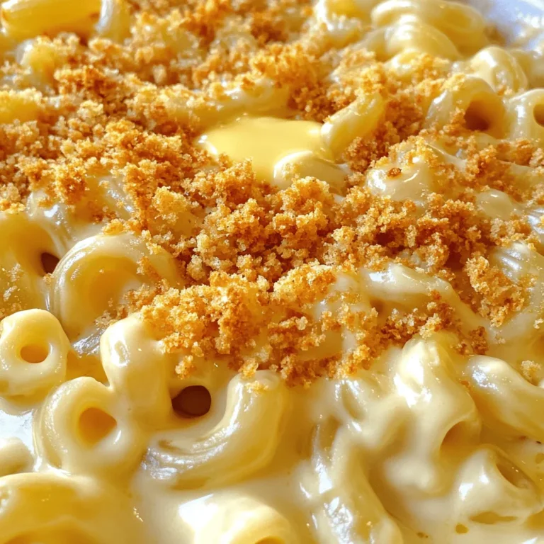 To make classic mac and cheese, you need a few key items. These are the base of your dish: - 8 ounces elbow macaroni - 2 tablespoons butter - 2 tablespoons all-purpose flour The macaroni gives the dish its shape. The butter and flour help create a creamy sauce. Choosing the right cheese is vital. It can change the flavor and texture. Here are some great options: - 2 cups shredded sharp cheddar - 1 cup shredded mozzarella - Alternative cheese options like Gouda or Gruyère Sharp cheddar adds a nice bite. Mozzarella makes it stretchy and gooey. You can mix in different cheeses for a unique taste. Adding spices can boost flavor. Here are some easy options to try: - 1 teaspoon Dijon mustard - 1/2 teaspoon garlic powder - 1/2 teaspoon onion powder Dijon gives a tangy touch. Garlic and onion powder add depth. Mix these in for a rich and tasty sauce. For the full recipe and step-by-step instructions, check out the [Full Recipe]. First, fill a large pot with water and add a pinch of salt. Bring this water to a rolling boil. This step is key for the best pasta. Once boiling, add the elbow macaroni. Cook it for about 8-10 minutes, or until it is al dente. You want it to be tender but still firm. After cooking, drain the pasta and set it aside. In the same pot, melt 2 tablespoons of butter over medium heat. This will be the base for your sauce. Once the butter melts, whisk in 2 tablespoons of all-purpose flour. Cook this mixture, called a roux, for about 1-2 minutes. You want it to look golden. Now, slowly whisk in 2 cups of whole milk. Keep stirring for about 3-5 minutes until it thickens. Next, stir in 2 cups of shredded sharp cheddar and 1 cup of shredded mozzarella cheese. Add 1 teaspoon of Dijon mustard, 1/2 teaspoon of garlic powder, and 1/2 teaspoon of onion powder. Season with salt and pepper to taste. Mix until the cheese melts and the sauce is creamy. Now, it’s time to bring everything together. Add the drained macaroni to your cheese sauce. Mix well until all the pasta is coated in that cheesy goodness. Preheat your oven to 350°F (175°C). Transfer the mac and cheese mixture to a greased baking dish. For an extra crunch, mix 1/2 cup of breadcrumbs with 2 tablespoons of melted butter. Sprinkle this evenly over the top of the mac and cheese. Now you are ready to bake! This step-by-step guide helps you create a classic mac and cheese that is creamy and delightful. For the full recipe, refer to the earlier section. Enjoy your cooking! To make creamy mac and cheese, you must choose the right cheese. I love using sharp cheddar and mozzarella. Sharp cheddar gives a nice flavor, while mozzarella adds stretch. You can also mix in gouda for a smoky twist. Next, pay attention to your cooking techniques. Start by making a roux with butter and flour. This helps thicken your cheese sauce. When you add milk, whisk it in slowly. This makes sure your sauce stays smooth. Cook the sauce until it is thick and bubbly before adding cheese. For that perfect crust, use buttered breadcrumbs. Mix them with melted butter for richness. You can use panko breadcrumbs for extra crunch. When it comes to baking, make sure your oven is preheated. Bake your mac and cheese until the top is golden brown. This usually takes 20 to 25 minutes. Watch it closely so it doesn’t burn. Pair your mac and cheese with a side salad for balance. A simple green salad with a light vinaigrette works well. You can also serve it with roasted veggies for added nutrition. To garnish, sprinkle some fresh herbs on top. Chopped parsley or chives add a nice pop of color. You can also add a dash of hot sauce for a spicy kick! For the full recipe, check out the details above. {{image_2}} Adding fun flavors to classic mac and cheese makes it even better. You can try different proteins, cheeses, or healthier choices. Let’s dive into these tasty options! Adding proteins can make your dish more filling. Two great choices are bacon and chicken. - Bacon: Cook some bacon until crispy, then chop it up and mix it in. The salty flavor makes your mac and cheese even more delicious. - Chicken: Grilled or shredded chicken is another tasty option. It adds protein and pairs well with the creamy cheese sauce. Cheese is the star of mac and cheese. Try mixing different kinds to find your favorite flavor. - Gouda: This cheese has a rich and smoky taste. It melts well and adds depth to your dish. - Parmesan: Grated Parmesan gives a nice salty kick. It adds a sharp taste that balances the creaminess of the sauce. If you want a lighter version, consider using healthier ingredients. These swaps can keep the taste but cut back on fat. - Whole grain pasta: Using whole grain pasta adds fiber. It makes your meal more filling and is better for your health. - Low-fat ingredients: You can use low-fat cheese and milk. They still provide good flavor without too many calories. For a full recipe of creamy, dreamy mac and cheese, check out the [Full Recipe]. After you enjoy your mac and cheese, store leftovers in an airtight container. This helps keep it fresh. Let it cool down before sealing it. You can store it in the fridge for up to three days. When it's time to eat again, reheat it gently. The best way to do this is in the oven. Preheat the oven to 350°F (175°C). Place the mac and cheese in a baking dish. Add a splash of milk to keep it creamy. Cover it with foil to prevent burning. Heat for about 15-20 minutes until warm. Freezing mac and cheese is a great option for longer storage. Allow it to cool completely before freezing. Use a freezer-safe container or a heavy-duty freezer bag. If using a bag, remove as much air as possible. This helps prevent freezer burn. Store it in the freezer for up to three months. When you are ready to eat, thaw it in the fridge overnight. For quicker thawing, you can use the microwave on defrost mode. After thawing, reheat it the same way as before for the best taste. In the fridge, mac and cheese lasts up to three days. If kept longer, it may spoil. Signs of spoilage include a sour smell or a change in color. If you see mold, throw it away. Staying safe with food is important. Always trust your senses. If it looks or smells off, it’s best to toss it out. Keeping track of these details helps you enjoy your creamy delight without worry. Yes, you can make mac and cheese without flour. To do this, use cornstarch or arrowroot powder as a thickener. Mix one tablespoon of either with cold milk before adding it to your pot. This method creates a smooth and creamy sauce without gluten. Many gluten-free pasta options work well, too. Look for brands made from rice or chickpeas. They taste great and keep the dish hearty. The best cheese for mac and cheese is sharp cheddar. It gives a strong flavor that many love. Mozzarella adds a nice stretchiness, making each bite fun. For a twist, try Gruyère or fontina. These cheeses melt well and have rich, nutty flavors. Mixing different cheeses can create a unique taste. Experiment with what you like best! To reheat mac and cheese, use two main methods: oven and microwave. For the oven, preheat it to 350°F (175°C). Place the mac and cheese in a baking dish, add a splash of milk, and cover with foil. Bake for about 20 minutes. For the microwave, place a portion in a bowl. Add a bit of milk and cover it. Heat in short bursts, stirring in between, until warm. Both methods keep your dish creamy and delicious. For the full recipe, check out the Creamy Dreamy Mac and Cheese section above! We explored the key ingredients, methods, and tips for making a great mac and cheese. You learned about the best cheeses, flavor enhancers, and how to create a creamy texture. We also discussed tasty variations and important storage tips. With these insights, you can make a delicious dish tailored to your taste. Remember, the joy of cooking comes from trying new things and sharing your creations. Enjoy your mac and cheese journey!