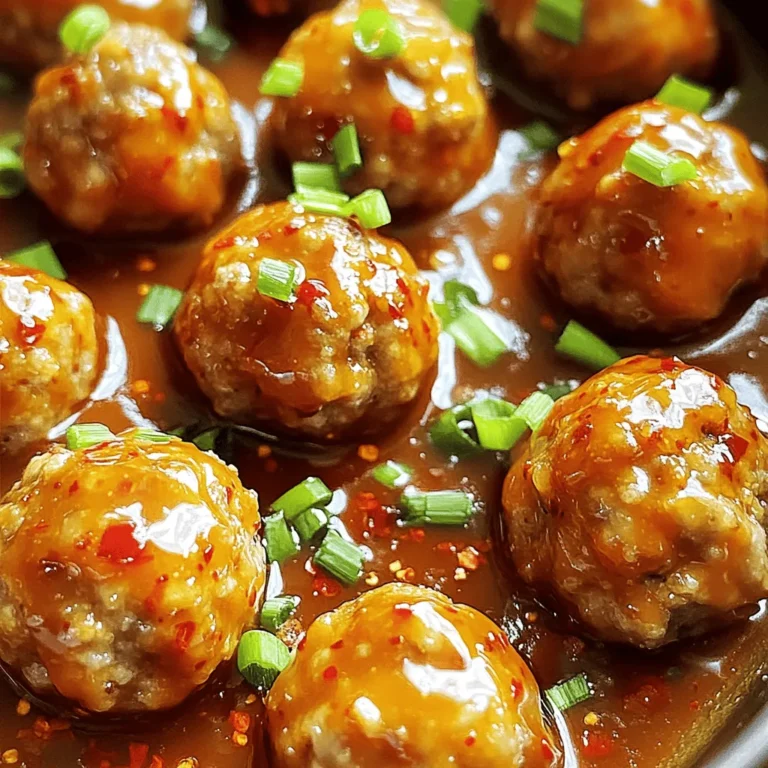 - 1 lb ground beef (or turkey) - 1/2 cup breadcrumbs - 1/4 cup grated Parmesan cheese - 1 large egg - 2 cloves garlic, minced - 1 teaspoon onion powder - 1 teaspoon salt - 1/2 teaspoon black pepper - 1/4 teaspoon red pepper flakes (adjust for spice level) The main ingredients form the base of your meatballs. Ground beef or turkey gives a nice protein punch. Breadcrumbs help keep the meatballs light and airy. Parmesan adds a rich, cheesy flavor. One egg binds everything together. Garlic and onion powder boost the taste, while salt and pepper add balance. Red pepper flakes offer a kick, so adjust as needed. - 1/2 cup sweet chili sauce - 2 tablespoons sriracha (or to taste) - 1 tablespoon soy sauce - 1 tablespoon sesame oil The sauce brings sweet and spicy flavors together. Sweet chili sauce adds a nice sweetness. Sriracha gives it heat, but you can adjust the amount. Soy sauce adds depth, while sesame oil enhances the flavor with a nutty note. This sauce coats the meatballs perfectly. - 1 tablespoon chopped green onions - Additional spices Garnishes add a fresh touch. Chopped green onions provide brightness and crunch. You can also sprinkle on extra spices for added flavor. This final touch makes your dish visually appealing and enhances the taste. For the complete preparation details, check the Full Recipe. First, grab a large mixing bowl. Add these ingredients: - 1 lb ground beef (or turkey) - 1/2 cup breadcrumbs - 1/4 cup grated Parmesan cheese - 1 large egg - 2 cloves garlic, minced - 1 teaspoon onion powder - 1 teaspoon salt - 1/2 teaspoon black pepper - 1/4 teaspoon red pepper flakes Mix everything together gently. You want to blend the flavors, not overwork the meat. Once mixed, form the mixture into meatballs. Aim for about 1 inch in size. This size helps them cook evenly. Next, preheat your oven to 400°F (200°C). Make sure it gets nice and hot. Place the meatballs on a baking sheet lined with parchment paper. This keeps them from sticking. Bake the meatballs for 20-25 minutes. They should be browned and fully cooked. While the meatballs bake, it’s time for the sauce. In a small saucepan, combine: - 1/2 cup sweet chili sauce - 2 tablespoons sriracha (or to taste) - 1 tablespoon soy sauce - 1 tablespoon sesame oil Heat the sauce over medium-low. Stir often until it warms up and blends well. When the meatballs are done, carefully transfer them to a large bowl. Pour the warm sauce over them. Gently toss the meatballs to coat them evenly. Serve warm and enjoy this flavorful delight! To make great meatballs, do not overmix the meat. Overmixing makes them tough. Mix just until the ingredients come together. This keeps them tender and juicy. Aim for meatballs that are about one inch in size. This helps them cook evenly in the oven. If they are too big, they may be undercooked inside. If they are too small, they can dry out. You can change the sweetness in the sauce. If you want it sweeter, add more sweet chili sauce. For less sweetness, cut back on it. You can also play with the spice. If you like heat, add more sriracha and red pepper flakes. Start small, then taste. Adjust until your taste buds are happy. Sweet and spicy meatballs pair well with many sides. Rice is a great choice, as it soaks up the sauce. You can also serve them with noodles or mashed potatoes. For dipping sauces, try extra sriracha or a tangy soy sauce mix. These will enhance the flavors and add fun to your meal. Ready to make these delicious meatballs? Check out the [Full Recipe]. {{image_2}} You can use turkey or chicken to make lighter meatballs. They taste great, too! Just swap the ground beef for an equal amount of turkey or chicken. This change keeps the flavor but cuts some fat. You can also try vegetarian options. Use lentils or chickpeas as your base. Add breadcrumbs and spices to match the meatball taste. They will be delicious and healthy! You can switch up the sauce for fun. For a honey BBQ twist, mix honey with BBQ sauce. This will give a sweet and smoky flavor. Another option is teriyaki sauce. It adds a savory and sweet taste that works well with meatballs. Try these variations to find your favorite! You can serve meatballs in many fun ways. Meatball subs are a tasty option. Just place the meatballs in a soft roll and add sauce. Top with cheese for extra flavor! Another idea is to serve them over rice or pasta. This makes a filling and hearty meal. You can also add veggies for a complete dish. Get creative and enjoy your sweet and spicy meatballs! For a detailed guide, check the Full Recipe. After enjoying your sweet and spicy meatballs, let them cool down. Store them in an airtight container. Keep the meatballs in the fridge for up to three days. To reheat, place them in the microwave for about one to two minutes. Stir halfway through to ensure even heating. You can also warm them on the stove over low heat. Add a splash of water to keep them moist. For longer storage, freezing is a great option. First, let the meatballs cool completely. Then, place them in a single layer on a baking sheet. Freeze them for about one hour until firm. Transfer the meatballs to a freezer bag or container. They can last for up to three months in the freezer. To thaw, simply move them to the fridge overnight. You can also use the microwave for a quick defrost. In the fridge, sweet and spicy meatballs last about three days. If they smell off or look strange, it is best to discard them. Always trust your senses. When in doubt, throw them out. Enjoy your tasty meatballs safely! You should cook meatballs for about 20 to 25 minutes at 400°F (200°C). This temperature works well to ensure they are cooked through and browned nicely. Always check the internal temperature. It should reach 160°F (71°C) for beef and 165°F (74°C) for turkey. Yes, you can use different ground meats! Ground turkey or chicken works great. You can also try ground pork for a richer flavor. If you prefer a meatless option, consider using lentils or plant-based ground meat. Each choice will give the meatballs a unique taste. You can serve these meatballs with a variety of sides. Here are some popular options: - Steamed rice - Noodles or spaghetti - Fresh salad - Roasted vegetables - Garlic bread Pairing these sides will create a balanced meal. You can also add dipping sauces, like extra sweet chili sauce or soy sauce, for added flavor. For detailed instructions on making sweet and spicy meatballs, check out the Full Recipe. This blog post explored making sweet and spicy meatballs. We discussed key ingredients like ground meat, sauce components, and optional garnishes. I shared step-by-step instructions on mixing, baking, and saucing. Tips ensured great texture and flavor. Variations allowed for creativity with herbs, meat, and sauces. Lastly, proper storage methods keep leftovers fresh. Great meatballs are easy and fun to make. Enjoy trying this recipe and adding your unique twist. Happy cooking!