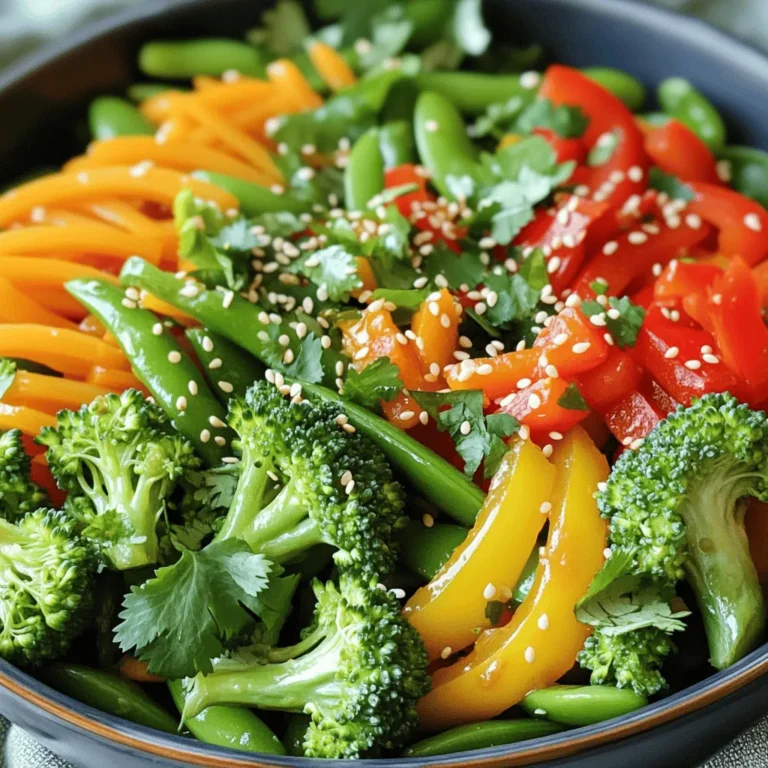 For a great veggie stir fry, you need fresh veggies. Here are the main ones: - 1 cup broccoli florets - 1 red bell pepper, sliced - 1 yellow bell pepper, sliced - 1 cup snap peas - 1 medium carrot, julienned These vegetables not only taste good, but they also pack a lot of nutrients. Broccoli adds crunch and vitamins. Bell peppers bring sweetness and color. Snap peas add a crisp bite, while carrots give a nice texture. A stir fry shines with the right flavors. Here’s what to include: - 3 cloves garlic, minced - 1-inch piece of ginger, grated - 2 tablespoons soy sauce (low sodium) - 1 tablespoon sesame oil - 1 tablespoon olive oil Garlic and ginger are key. They add depth and warmth. Soy sauce brings saltiness, while sesame oil gives a nutty flavor. Olive oil works well for cooking. Add some flair with these garnishes: - 1 tablespoon sesame seeds - Fresh cilantro - Chopped green onions - Salt and pepper to taste These garnishes enhance the dish. Sesame seeds add a nice crunch. Fresh herbs brighten the flavors. A little salt and pepper can tie everything together. For the full recipe, check the details above. This stir fry is quick, healthy, and delicious! - First, wash all your vegetables under cool water. - Chop the broccoli into small florets. - Slice the red and yellow bell peppers into strips. - Julienne the carrot into thin matchsticks. - Rinse the snap peas and set them aside. - Heat 1 tablespoon of olive oil in a large skillet over medium-high heat. - Add 3 cloves of minced garlic and 1-inch grated ginger; sauté for 30 seconds. - Toss in the broccoli and carrot; stir-fry for 2-3 minutes until they soften. - Next, add the bell peppers and snap peas; stir-fry for another 3-4 minutes. - All veggies should look bright and tender-crisp now. - Pour 2 tablespoons of soy sauce and 1 tablespoon of sesame oil over the veggies. - Stir to coat everything well and cook for an extra minute. - Season with salt and pepper to taste. - Sprinkle sesame seeds on top and garnish with fresh cilantro or green onions before serving. For a complete guide, check the Full Recipe. When picking vegetables, look for bright colors. This shows they are fresh. Feel for firmness and avoid any that are soft or bruised. Seasonal vegetables taste the best. They are often cheaper, too. For example, spring brings fresh asparagus and summer brings sweet corn. Buying what's in season helps your stir fry shine. Stir-frying is a quick method that keeps veggies crunchy. This technique uses high heat and a small amount of oil. It seals in flavors and nutrients. Always preheat your pan before adding oil. This ensures the veggies cook evenly. To keep colors vibrant, don’t overcrowd the pan. Stir the veggies fast to keep them crisp. Serve your stir fry over rice or quinoa for a complete meal. This adds fiber and makes it filling. Use a colorful bowl to show off your dish. Drizzle with a bit of extra sesame oil for added flavor. Garnish with fresh cilantro or green onions for a nice touch. For a fun twist, use chopsticks to enjoy every bite! {{image_2}} You can swap veggies based on what you have. Seasonal and favorite veggies work best. Try zucchini, asparagus, or mushrooms. Each brings its own flavor. Adding leafy greens like spinach or bok choy gives a nice boost. They cook quickly and add great color. Tofu or tempeh can turn this dish into a filling meal. They soak up flavors well. Just cube them and sauté with your veggies. Nuts and seeds also add a nice crunch. Try cashews or sunflower seeds for extra texture. They enhance both flavor and nutrition. Changing sauces and spices can create new tastes. Try teriyaki sauce or hoisin for a twist. You can also add herbs like basil or cilantro. If you like heat, sprinkle in chili flakes. Adjust the amount to your spice preference. These additions keep your stir fry exciting and flavorful. For the complete experience, check out the Full Recipe. To keep your veggie stir fry fresh, use airtight containers. Glass or plastic containers work well. Make sure they seal tightly to prevent air from getting in. You can store your stir fry in the fridge for about three to four days. This way, you can enjoy a quick meal later in the week without cooking again. If you want to save some for later, freezing is a great option. Start by letting the stir fry cool down completely. Then, transfer it to a freezer-safe container or a zip-top bag. Squeeze out as much air as you can. This helps prevent freezer burn. You can freeze the stir fry for up to three months. When you're ready to eat, thaw it in the fridge overnight. This method keeps the veggies from getting mushy. To reheat your stir fry, you have a few choices. You can use the microwave, stovetop, or even an air fryer. The microwave is quick, but be careful not to overcook it. If you choose the stovetop, heat a little oil in a pan and add your stir fry. Cook it just until warm. No matter how you reheat, aim to keep the veggies crisp and colorful. This way, your meal stays tasty and appealing. You can use several options if you need a soy sauce substitute. - Gluten-free alternatives: Tamari is a great choice. It has a similar taste but is gluten-free. Coconut aminos is another good option. It is sweeter and less salty. - Homemade sauce options: You can mix water, vinegar, and a pinch of salt. This blend can mimic the flavor of soy sauce. To keep your veggies looking fresh and colorful, follow these tips. - Tips for cooking time: Stir-fry quickly over high heat. This method helps veggies retain their color and crunch. - Techniques: Add a splash of cold water to the pan. This steams the vegetables and keeps them vibrant. Yes, this stir fry works well for meal prep. - Ideas for batch cooking: You can double or triple the recipe. Store extra portions in containers for easy meals later. - Storage solutions for meal prep: Use airtight containers. They keep your stir fry fresh in the fridge for up to four days. You can also freeze it in portions for longer storage. This recipe is perfect for a quick, healthy dinner. Check out the Full Recipe for more details! This blog post covered a tasty stir-fry recipe that includes essential veggies and seasonings. I shared steps on prepping, cooking, and garnishing your dish. You also learned tips on choosing fresh produce and variations for personalizing your meal. Remember, stir-frying keeps veggies crisp and colorful. Don’t hesitate to get creative with proteins and flavors. Cooking should be fun and adaptable to your taste! Enjoy making your stir-fry, and feel free to experiment with the ingredients you love most.
