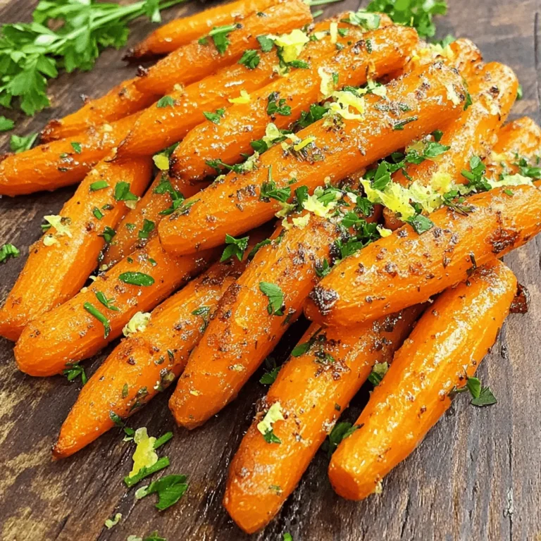 To make Garlic Herb Roasted Carrots, you need fresh and tasty ingredients. Here’s what you'll need: - 1 pound baby carrots - 4 cloves garlic, minced - 3 tablespoons olive oil - 1 tablespoon fresh thyme (or 1 teaspoon dried) - 1 tablespoon fresh rosemary (or 1 teaspoon dried) - 1 teaspoon honey (optional) - Salt and pepper to taste - Zest of 1 lemon - 2 tablespoons fresh parsley, chopped These simple ingredients come together to create a dish that bursts with flavor. Baby carrots are sweet and tender. Garlic adds a nice punch. The herbs bring earthiness. Olive oil helps everything roast nicely. Honey can add a hint of sweetness, but it's optional. You can adjust salt and pepper to fit your taste. Lemon zest gives a fresh finish. Finally, parsley adds a pop of color and freshness when you serve it. Using high-quality ingredients makes a big difference in taste. Fresh herbs will really enhance the dish. You can find them at local markets or grocery stores. If you want more ideas, check out the Full Recipe for more details! - Preheat the oven to 425°F (220°C). This high heat helps the carrots roast nicely. You want them tender and sweet. - Prepare the garlic herb mixture. In a large bowl, mix the olive oil, minced garlic, thyme, rosemary, honey (if using), salt, and pepper. Stir well to combine the flavors. This mixture will coat the carrots and give them a great taste. - Toss carrots in the mixture. Add the baby carrots to the bowl. Use your hands or a spoon to toss them until they are well coated in the herb oil. This step is key for flavor. - Arrange carrots on a baking sheet. Spread the coated carrots in a single layer on the baking sheet. Lining it with parchment paper makes for easy cleanup. Make sure the carrots have space between them. This helps them roast evenly. - Roast in the oven for 25-30 minutes. Place the baking sheet in the oven and roast the carrots. Toss them halfway through to ensure they cook evenly. They should become tender and caramelized when done. - Add lemon zest and garnish before serving. Once the carrots are roasted, remove them from the oven. Sprinkle the lemon zest over the top for a bright flavor. Transfer the carrots to a serving dish and garnish with fresh parsley. This adds color and freshness. For the full recipe, check out the details above. Enjoy your delicious Garlic Herb Roasted Carrots! Choosing the best carrots for roasting For the best flavor, use fresh baby carrots. Look for ones that are bright in color and firm. Avoid carrots that are soft or have dark spots. If you can't find baby carrots, regular carrots work too. Just cut them into even pieces for uniform cooking. How to achieve perfect caramelization Caramelization gives carrots a nice, sweet flavor. To get this, space the carrots well on the baking sheet. If they are crowded, they will steam instead of roast. Roasting at a high temperature, like 425°F (220°C), helps too. Toss the carrots halfway through cooking to ensure all sides get brown and crispy. Optional ingredients for deeper flavor To add more depth, consider adding a pinch of cumin or smoked paprika. A drizzle of balsamic glaze can also enhance the sweetness. If you like a bit of heat, try adding red pepper flakes. These extras can make your Garlic Herb Roasted Carrots even more delicious! Recommended herb substitutes If you don't have fresh thyme or rosemary, don't worry! You can use dried herbs instead; just use less. Oregano or basil can replace thyme. For rosemary, try sage or dill. These herbs bring their own unique flavors and work well with carrots too. For the full recipe, check out the detailed instructions above! {{image_2}} You can switch up how you cook your Garlic Herb Roasted Carrots. One quick way is using an air fryer. It cooks the carrots faster while keeping them crispy. Just toss the carrots in the garlic herb mixture, put them in the air fryer, and set it to 400°F (200°C) for about 15-20 minutes. Shake the basket halfway through for even cooking. Another fun method is grilling. Grilling adds a great smoky flavor. Preheat your grill to medium heat. Skewer the carrots or place them in a grill basket. Grill for about 10-15 minutes, turning often. This gives you a nice char while keeping the carrots tender. You can change the flavor of your roasted carrots by adding different spices. Cumin and paprika are great options. Just sprinkle a teaspoon of either spice into your garlic herb mixture. This adds warmth and a little kick to the dish. If you like sweet flavors, try adding maple syrup. Mix in a tablespoon with your olive oil and garlic. The syrup gives a sweet glaze that pairs well with the earthy carrots. You can also use honey if you prefer. Each variation makes the dish unique and tasty. For the complete recipe, check out the [Full Recipe]. To keep your roasted carrots fresh, place them in an airtight container. You can store them in the fridge for up to five days. If you have a lot of leftovers, consider portioning them out. This way, you can grab a small serving for a quick snack or meal. Keep them away from strong-smelling foods to avoid flavor transfer. To reheat your carrots without drying them out, use the oven or a stovetop. For the oven, set it to 350°F (175°C). Spread the carrots on a baking sheet and cover them with foil. Heat for about 10-15 minutes. On the stovetop, add a splash of water to a pan and cover it. This helps steam the carrots and keep them moist. You can serve reheated carrots as a side dish or mix them into salads, soups, or grain bowls. They add a sweet, earthy flavor to many meals. For a twist, toss them in a bit of olive oil and fresh herbs before serving. Enjoy your delicious Garlic Herb Roasted Carrots! For the full recipe, check out the details above. Can I use regular carrots instead of baby carrots? Yes, you can use regular carrots. Just cut them into similar sizes. This helps them cook evenly. Baby carrots cook faster, so keep an eye on them. How can I make this recipe vegan? To make this dish vegan, simply leave out the honey. The other ingredients are already plant-based. You can also add a touch more olive oil for sweetness if you like. What can I serve with Garlic Herb Roasted Carrots? These carrots pair well with many main dishes. Try them with roasted chicken or grilled fish. They also go great with quinoa or rice. Add a salad for a complete meal. Can I prepare this dish in advance? Yes, you can prep the carrots ahead of time. Toss them in the herb oil and store in the fridge for up to a day. Just roast them right before serving. This keeps them fresh and tasty. For the full recipe, check above. In this blog post, we explored how to make Garlic Herb Roasted Carrots. I shared a list of simple ingredients and step-by-step instructions for roasting. You learned tips for cooking and ways to add your own flavor. We also looked at different cooking methods and how to store leftovers. Roasting carrots brings out their sweetness and makes for a tasty side dish. Try this recipe and enjoy the flavors!