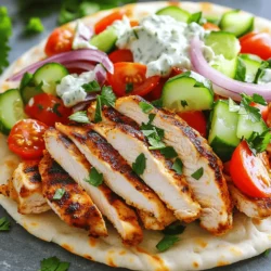 - 2 boneless, skinless chicken breasts - 2 tablespoons olive oil - 1 tablespoon red wine vinegar (or apple cider vinegar) - 2 teaspoons dried oregano - 1 teaspoon garlic powder - 1 teaspoon onion powder - Salt and pepper to taste - 4 pita breads - 1 cup tzatziki sauce (store-bought or homemade) - 1 cup diced tomatoes - 1 cup chopped cucumber - ½ red onion, thinly sliced - Fresh parsley, for garnish When it comes to Greek Chicken Gyros, you need fresh ingredients for the best taste. The chicken is the star here. Using boneless, skinless chicken breasts keeps it lean and tender. The marinade makes it flavorful. Olive oil adds richness, while red wine vinegar gives a nice tang. Dried oregano is key for that Greek flavor, and garlic and onion powders add depth. Next, we have our toppings. Fresh tomatoes and cucumbers add crunch. Thinly sliced red onion gives a bit of bite. Don’t skip the fresh parsley—it brightens every bite! Finally, the pita bread holds it all together, and tzatziki sauce is a must for creaminess. - Grill or grill pan - Bowls for marinating and assembling - Utensils for slicing and serving To make these gyros, you need a few simple tools. A grill or grill pan cooks the chicken perfectly. You’ll want a bowl for marinating the chicken, so all the flavors soak in. Another bowl helps when you assemble the gyros. Lastly, a sharp knife is great for slicing the chicken and veggies. With the right ingredients and tools, you’re ready to create delicious Greek Chicken Gyros. For the complete recipe, check out the Full Recipe. To marinate the chicken, you need to prepare a tasty mix. In a bowl, combine: - 2 tablespoons olive oil - 1 tablespoon red wine vinegar (or apple cider vinegar) - 2 teaspoons dried oregano - 1 teaspoon garlic powder - 1 teaspoon onion powder - Salt and pepper to taste Add the chicken breasts, making sure they are well-coated. Cover the bowl and place it in the fridge. Let the chicken marinate for at least 30 minutes, but you can go up to 4 hours for even better flavor. Grilling the chicken brings out its best flavor. Preheat your grill or grill pan over medium-high heat. Once it's hot, take the chicken out of the marinade. Grill each side for about 6-7 minutes. You want the internal temperature to reach 165°F (75°C) to ensure it’s fully cooked. After grilling, let the chicken rest for a few minutes before slicing it thinly. Now comes the fun part! Start by warming the pita breads on the grill for about 1 minute on each side. Next, layer your ingredients in this order: 1. Sliced chicken 2. A dollop of tzatziki sauce 3. Diced tomatoes 4. Chopped cucumber 5. Thinly sliced red onion Finally, sprinkle freshly chopped parsley on top. To wrap your gyros, fold the pita around the fillings. You can secure it with a piece of parchment paper if needed. Serve immediately for the best taste. Enjoy your Greek Chicken Gyros! For a great marinade, aim for at least 30 minutes. If you have time, marinate for up to 4 hours. This longer time gives the flavors a chance to soak into the chicken. To boost flavor even more, try adding lemon juice or fresh herbs. These enhance the taste and bring freshness to the dish. To get that smoky flavor, use a hot grill. Preheat it well before placing the chicken on it. Cook each side for about 6-7 minutes. Always check the chicken’s internal temperature. It should reach 165°F (75°C) to make sure it is safe to eat. To avoid dryness, let the chicken rest after grilling. This helps keep the juices locked in. Pair your gyros with a fresh Greek salad or roasted veggies. These sides add color and crunch. For drinks, a crisp white wine or chilled lemonade works well. They balance the flavors and refresh your palate. You can find all the details in the Full Recipe to help you create the perfect meal. {{image_2}} You can switch up the protein in your gyros for fun. Lamb is a classic choice. It adds rich flavor, perfect with herbs. Pork also works well, especially if you like it juicy and tender. For a lighter option, try chicken thighs. They stay moist and full of taste. If you want a vegetarian or vegan version, tofu is great. Use firm tofu and marinate it like the chicken. Tempeh is another tasty choice with a nutty flavor. Portobello mushrooms can also bring a meaty texture and taste. These options keep your meal satisfying without meat. Toppings can make your gyros unique. You can add colorful veggies like bell peppers or radishes for crunch. Grated carrots give a nice sweetness. Try using different sauces too. A spicy yogurt sauce can add heat and flavor. Cheeses like feta or goat cheese give a creamy touch. Fresh herbs like dill or mint can brighten your meal. Don't shy away from customizing your gyros. Mix and match your favorite toppings to make each bite exciting! To keep your Greek chicken gyros fresh, store them in the fridge. Place any leftovers in an airtight container. I recommend separating the chicken from the pita and toppings to keep everything crisp. Use the gyros within three days for the best taste. If you wait longer, the quality may drop. Always check for any signs of spoilage before eating. When reheating your gyros, avoid drying them out. You can use a microwave, but that may make the pita tough. Instead, try a skillet or oven. For the skillet, heat on low for about five minutes. If using the oven, preheat it to 350°F (175°C) and heat for ten minutes. This keeps the chicken juicy and the pita soft. Enjoy your meal like it’s fresh! For the full recipe, refer to the detailed instructions above. Greek Chicken Gyros comes from Greece. The word "gyros" means "turn" in Greek. This name refers to how the meat cooks on a vertical rotisserie. Gyros has roots in the doner kebab from the Middle East. Greeks adapted it, adding their own spices and flavors. It became popular in the 1970s and is now a favorite worldwide. Gyros represents Greek culture, showing their love for fresh, flavorful food. Yes, you can make tzatziki sauce at home! Here’s a simple recipe outline: - Start with 1 cup of plain yogurt. - Grate half a cucumber and squeeze out excess water. - Mix the cucumber into the yogurt. - Add 1-2 cloves of minced garlic. - Squeeze in half a lemon's juice. - Season with salt and pepper to taste. - Mix well and chill before serving. This sauce adds creaminess and a refreshing taste to your gyros. To make gluten-free gyros, you can use lettuce wraps instead of pita. Simply place the fillings in large lettuce leaves. You can also find gluten-free pita bread at many stores. For sauces, check labels to ensure they are gluten-free. Many condiments are naturally gluten-free, but always verify. Enjoy your gyros without gluten while keeping the flavors you love! You now have a clear plan to make delicious Greek Chicken Gyros. We covered essential ingredients, marinating techniques, and grilling tips. I shared ways to customize your dish with alternative proteins and toppings. Don't forget about storing leftovers safely and reheating them well. Enjoy creating this tasty meal, and remember, even small changes can make a big difference. Each step counts, so follow the tips for the best results. Happy cooking!