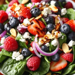 To make the Summer Berry Spinach Salad, you need a few fresh and colorful ingredients. Here’s what you will gather: - Fresh baby spinach leaves - Mixed berries (strawberries, blueberries, raspberries) - Crumbled feta cheese - Sliced almonds - Red onion - Balsamic vinaigrette and honey - Salt and pepper Each ingredient in this salad plays a vital role. The fresh baby spinach brings a lovely green base. The mixed berries add vibrant colors and natural sweetness. Crumbled feta cheese gives a creamy touch, while sliced almonds offer a nice crunch. Red onion adds a hint of sharpness. The balsamic vinaigrette and honey tie everything together with a tangy and sweet flavor. Don't forget salt and pepper to enhance all the tastes. Using fresh and quality ingredients is key. It makes the salad not just tasty but also healthy. You’ll find that this dish is both vibrant and nutritious. For the complete recipe, check out the [Full Recipe]. 1. Start by washing the baby spinach leaves. Rinse them in cold water to remove dirt and grit. After rinsing, dry them well with a clean kitchen towel. This helps keep your salad fresh. 2. Next, take a large salad bowl and place the fresh spinach as the base. It's important to have a good amount of spinach for a vibrant salad. 3. Now, rinse the mixed berries under cold water. If the strawberries are large, slice them into smaller pieces. Add all the rinsed berries to the bowl with spinach. They bring a burst of color and flavor. 4. Sprinkle the crumbled feta cheese evenly on top of the salad. This adds creaminess and a salty touch that balances the sweetness of the berries. 5. Then, add the sliced almonds for a satisfying crunch. They provide a nice contrast to the soft spinach and berries. 6. For the dressing, whisk together the balsamic vinaigrette and honey in a small bowl. This mixture adds sweetness and tang to your salad. 7. Drizzle the dressing over the salad. Make sure to coat all ingredients lightly. This helps enhance the flavors of the salad. 8. Gently toss the salad using your hands or two large spoons. Be careful not to bruise the spinach leaves, as you want them to stay fresh and crisp. 9. Finally, just before serving, season with salt and pepper to taste. This small step makes a big difference in flavor. - To make the salad look great, serve it in a large bowl or on individual plates. You can garnish with extra berry slices and a sprinkle of feta on top. This adds an appealing touch. - This salad pairs well with grilled chicken or fish for a complete meal. You can also enjoy it as a side dish with your favorite protein. - Prep time: 10 minutes - Total cook time: 10 minutes - Servings available: 4 You can find the full recipe to guide you through these steps. Enjoy your vibrant and nutritious Summer Berry Spinach Salad! To make your Summer Berry Spinach Salad shine, start with washing your berries. Rinse them gently under cold water. This helps remove dirt and keeps them fresh. After rinsing, dry them with a paper towel. Store them in a container lined with a paper towel to absorb moisture. This keeps them juicy and sweet longer. For the spinach, wash it in cold water too. After washing, spin it in a salad spinner to remove excess water. To keep your spinach fresh, store it in a sealed bag with a paper towel. The towel absorbs moisture and helps prevent wilting. When you toss the salad, aim for an even mix of all the ingredients. Use two large spoons or your hands. This helps ensure every bite is full of flavor. Be gentle when tossing. You want to avoid bruising the delicate spinach leaves. Treat them like a treasure, and they will stay fresh and vibrant. If you want to switch up your dressing, homemade options are great. You can mix olive oil with lemon juice for a zesty touch. For a creamy alternative, try yogurt mixed with herbs. Low-calorie options can include vinegar and mustard. If you're vegan, use a mix of tahini and water for a delicious dressing. These options keep your salad tasty while meeting different dietary needs. For the full recipe, check out the link in the article. Enjoy your delicious Summer Berry Spinach Salad! {{image_2}} You can make your Summer Berry Spinach Salad even heartier by adding protein. Grilled chicken is a great choice. It adds a savory touch that pairs well with the sweet berries. Simply grill the chicken, slice it, and toss it in the salad. Tofu is another excellent option for a vegetarian twist. Marinate the tofu in your favorite sauce, then grill it. Cut it into cubes and mix it into the salad. If you want a quick protein boost, consider adding beans or chickpeas. These legumes are nutritious and filling. Rinse and drain canned beans or chickpeas, then sprinkle them on the salad for extra texture and flavor. This salad is flexible! You can customize it with seasonal fruits. In the summer, use fresh peaches or nectarines. In the fall, try adding sliced apples or pears. Each fruit brings its own unique taste to the dish. Don't forget about the greens! While baby spinach is a wonderful base, you can switch it up. Use kale or arugula for a different flavor. Each green has its own benefits and taste profile. To make your salad pop, think about adding herbs or spices. Fresh mint or basil can brighten the dish. Chop them finely and sprinkle them on top for a fresh aroma. Cheese substitutions are also fun! If you want a different flavor, try goat cheese or blue cheese. These cheeses add creaminess and a bold taste. You can mix and match to find your perfect combination. These variations can enhance your Summer Berry Spinach Salad. For the full recipe, check out the details above and enjoy experimenting! To store leftover salad, place it in an airtight container. Use a container that fits the salad snugly. This helps keep the salad fresh and prevents wilting. You can refrigerate the salad for up to two days. If you notice any moisture, use a paper towel to absorb it before sealing. You can prepare this salad in advance, which saves time for busy days. I suggest not mixing the dressing with the salad until you are ready to eat. Keep the dressing separate in a small jar or bowl. You can also store the berries and nuts apart from the spinach. This way, everything stays fresh and crunchy. I do not recommend freezing the salad as a whole. The spinach and berries will lose their texture. However, you can freeze individual ingredients. For example, freeze berries in a single layer on a baking sheet. Once frozen, transfer them to a bag. When you are ready to enjoy, thaw them in the fridge before use. This keeps the taste fresh when you make the salad again. You can replace feta cheese with several options. Here are some ideas: - Dairy-free options: Use vegan cheese made from nuts or soy. These options melt well and add flavor. - Alternative cheese suggestions: Goat cheese or ricotta can also work well. They provide a creamy texture similar to feta. You can use frozen berries, but they change the flavor and texture. Frozen berries may lose their shape when thawed. They can taste more watery than fresh ones. If you use them, drain any excess liquid before adding them to the salad. To make the salad vegan, swap out the feta cheese. Use a dairy-free cheese or skip it altogether. Replace honey with agave syrup or maple syrup. This keeps the sweetness without using animal products. This blog post covered all you need to make a tasty salad. We discussed fresh ingredients like spinach, berries, and feta. You learned how to prepare, serve, and store the salad. We explored fun variations and tips for making it your own. Experiment with flavors and ingredients. A salad can change with the seasons. Enjoy the process and make it fun. Healthy eating can taste great!